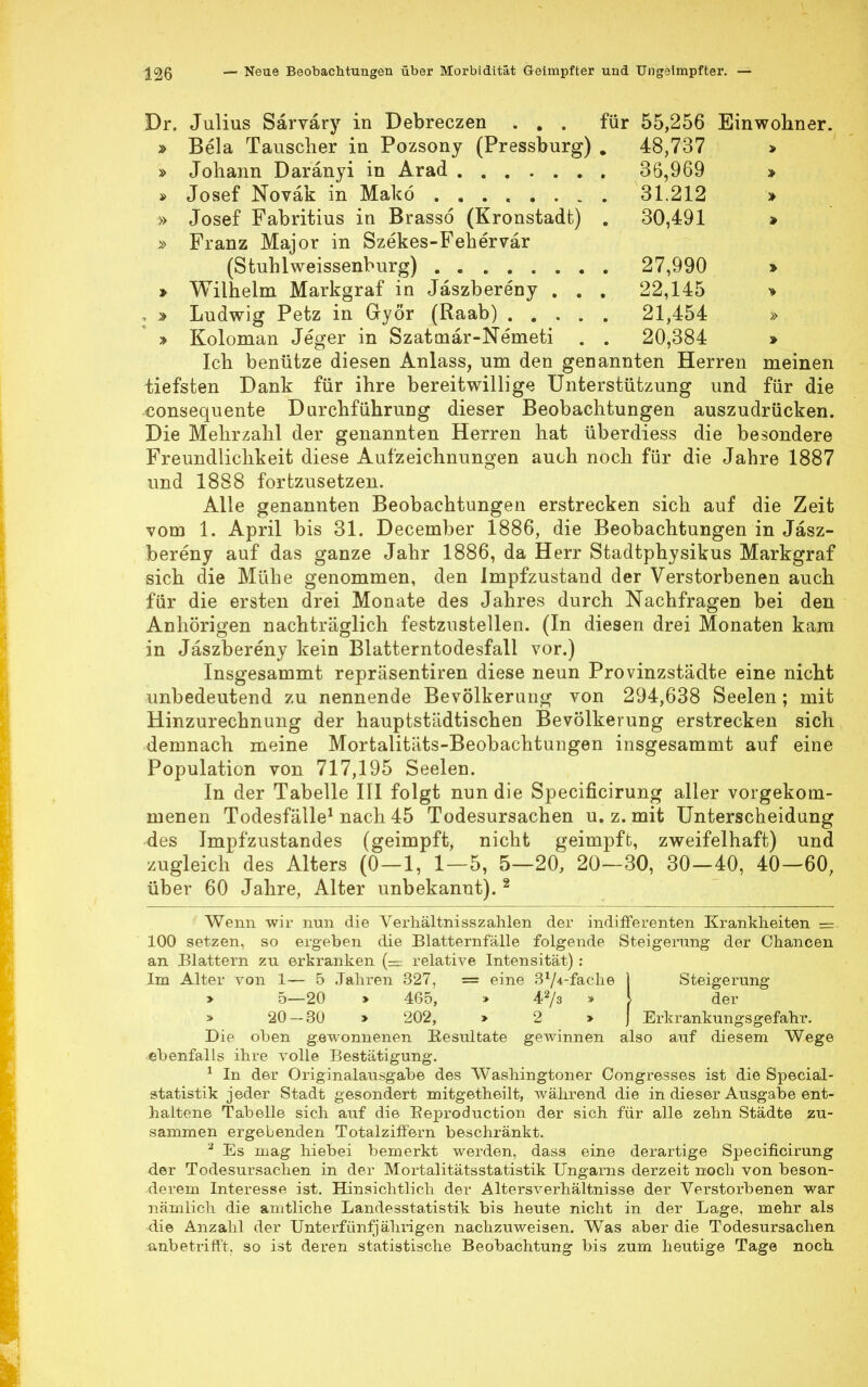 Dr. Julius Särväry in Debreczen ... für 55,256 Einwohner. » Bela Tauscher in Pozsony (Pressburg) . 48,737 > » Johann Daränyi in Arad 36,969 » * Josef Noväk in Mako 31.212 > » Josef Fabritius in Brasso (Kronstadt) . 30,491 » » Franz Major in Szekes-Fehervär (Stuhlweissenburg) 27,990 » » Wilhelm Markgraf in Jaszbereny . . . 22,145 > , > Ludwig Petz in Gryör (Raab) 21,454 » » Koloman Jeger in Szatmär-Nemeti . . 20,384 » Ich benütze diesen Anlass, um den genannten Herren meinen tiefsten Dank für ihre bereitwillige Unterstützung und für die consequente Durchführung dieser Beobachtungen auszudrücken. Die Mehrzahl der genannten Herren hat überdiess die besondere Freundlichkeit diese Aufzeichnungen auch noch für die Jahre 1887 und 1888 fortzusetzen. Alle genannten Beobachtungen erstrecken sich auf die Zeit vom 1. April bis 31. December 1886, die Beobachtungen in Jasz- bereny auf das ganze Jahr 1886, da Herr Stadtphysikus Markgraf sich die Mühe genommen, den Impfzustand der Verstorbenen auch für die ersten drei Monate des Jahres durch Nachfragen bei den Anhörigen nachträglich festzustellen. (In diesen drei Monaten kam in Jaszbereny kein Blatterntodesfall vor.) Insgesammt repräsentiren diese neun Provinzstädte eine nicht unbedeutend zu nennende Bevölkerung von 294,638 Seelen; mit Hinzurechnung der hauptstädtischen Bevölkerung erstrecken sich demnach meine Mortalitäts-Beobachtungen insgesammt auf eine Population von 717,195 Seelen. In der Tabelle III folgt nun die Specificirung aller vorgekom- menen Todesfälle1 nach 45 Todesursachen u. z. mit Unterscheidung des Impfzustandes (geimpft, nicht geimpft, zweifelhaft) und zugleich des Alters (0—1, 1—5, 5—20, 20—30, 30-40, 40—60, über 60 Jahre, Alter unbekannt).2 Wenn wir nun die Verliältnisszahlen der indifferenten Krankheiten = 100 setzen, so ergeben die Blatternfälle folgende Steigerung der Chancen an Blattern zu erkranken (= relative Intensität) : Im Alter von 1— 5 Jahren 327, = eine S^-fache j Steigerung > 5—20 > 465, > 42/3 * \ der > 20-30 > 202, > 2 > ) Erkrankungsgefahr. Die oben gewonnenen Eesultate gewinnen also auf diesem Wege ebenfalls ihre volle Bestätigung. 1 In der Originalausgabe des Washingtoner Congresses ist die Special- statistik jeder Stadt gesondert mitgetheilt, während die in dieser Ausgabe ent- haltene Tabelle sich auf die Beproduction der sich für alle zehn Städte zu- sammen ergebenden Totalziffern beschränkt. 2 Es mag hiebei bemerkt werden, dass eine derartige Specificirung der Todesursachen in der Mortalitätsstatistik Ungarns derzeit noch von beson- derem Interesse ist. Hinsichtlich der Altersverhältnisse der Verstorbenen war nämlich die amtliche Landesstatistik bis heute nicht in der Lage, mehr als die Anzahl der Unterfünfjährigen nachzuweisen. Was aber die Todesursachen anbetrifft, so ist deren statistische Beobachtung bis zum heutige Tage noch