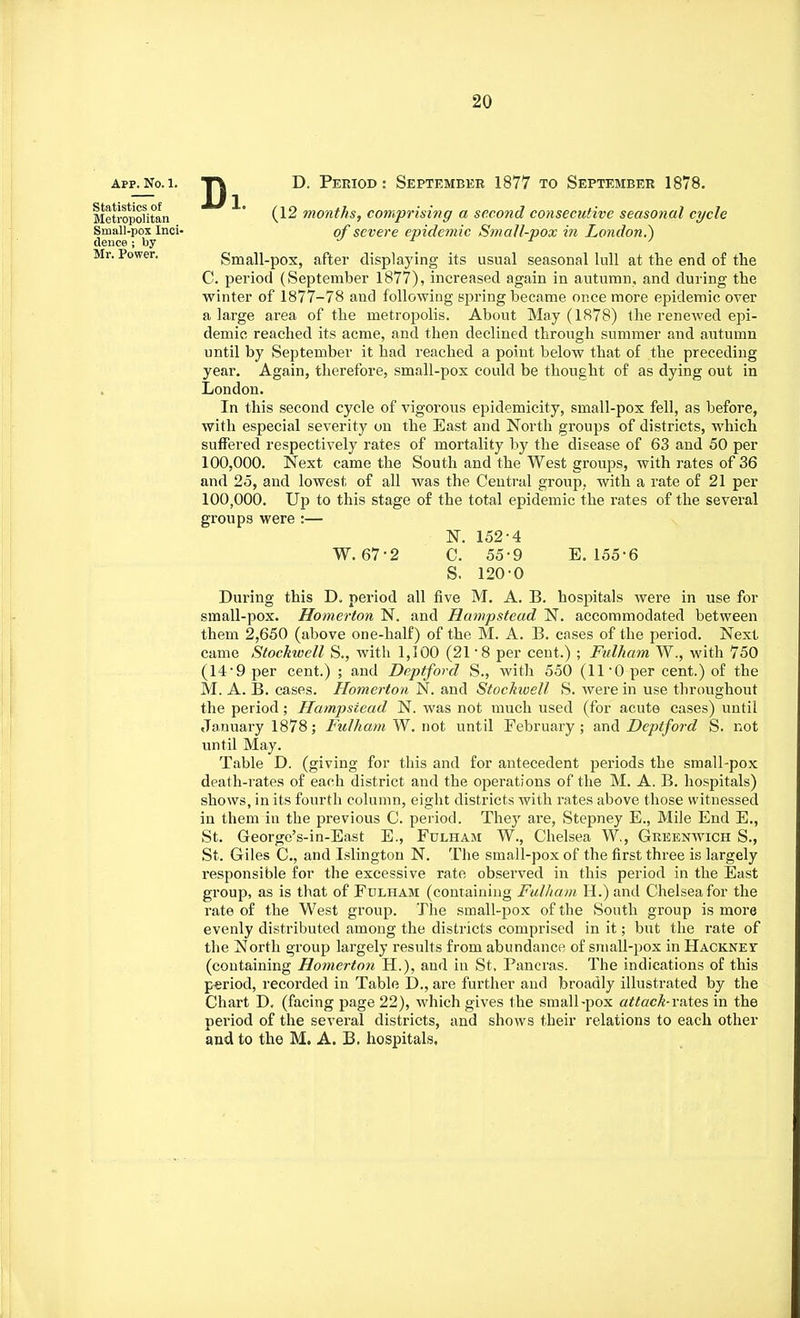 App. No. 1. Statistics of Metropolitan Small-pox Inci- dence ; by Mr. Power. Di D. Period: September 1877 to September 1878. (12 months, comprising a second consecutive seasonal cycle of severe epidemic Small-pox in London.) Small-pox, after displaying its usual seasonal lull at the end of the C. period (September 1877), increased again in autumn, and during the winter of 1877-78 and following spring became once more epidemic over a large area of the metropolis. About May (1878) the renewed epi- demic reached its acme, and then declined through summer and autumn until by September it had reached a point below that of the preceding year. Again, therefore, small-pox could be thought of as dying out in London. In this second cycle of vigorous epidemicity, small-pox fell, as before, with especial severity on the East and North groups of districts, which suffered respectively rates of mortality by the disease of 63 and 50 per 100,000. Next came the South and the West groups, with rates of 36 and 25, and lowest of all was the Central group, with a rate of 21 per 100,000. Up to this stage of the total epidemic the rates of the several groups were :— N. 152-4 W. 67-2 C. 55-9 E.155-6 S. 120-0 During this D. period all five M. A. B. hospitals were in use for small-pox. Homerton N. and Hampstead N. accommodated between them 2,650 (above one-half) of the M. A. B. cases of the period. Next came Stockwell S., with 1,100 (21-8 per cent.) ; Fulham W., with 750 (14*9 per cent.) ; and Deptforcl S., with 550 (11-0 per cent.) of the M. A. B. cases. Homerton N. and Stockwell S. were in use throughout the period; Hampstead N. was not much used (for acute cases) until January 1878; Fulham W. not until February; and Deptford S. not until May. Table D. (giving for this and for antecedent periods the small-pox death-rates of each district and the operations of the M. A. B. hospitals) shows, in its fourth column, eight districts with rates above those witnessed in them in the previous C. period. They are, Stepney E., Mile End E., St. George's-in-East E., Fulham W., Chelsea W., Greenwich S., St. Giles C, and Islington N. The small-pox of the first three is largely l-esponsible for the excessive rate observed in this period in the East group, as is that of Fulham (containing Fulham H.) and Chelsea for the rate of the West group. The small-pox of the South group is more evenly distributed among the districts comprised in it; but the rate of the North group largely results from abundance of small-pox in Hackney; (containing Homerton H.), and in St, Paneras. The indications of this period, recorded in Table D., are further and broadly illustrated by the Chart D. (facing page 22), which gives the small-pox attach-rates in the period of the several districts, and shows their relations to each other and to the M. A. B. hospitals.