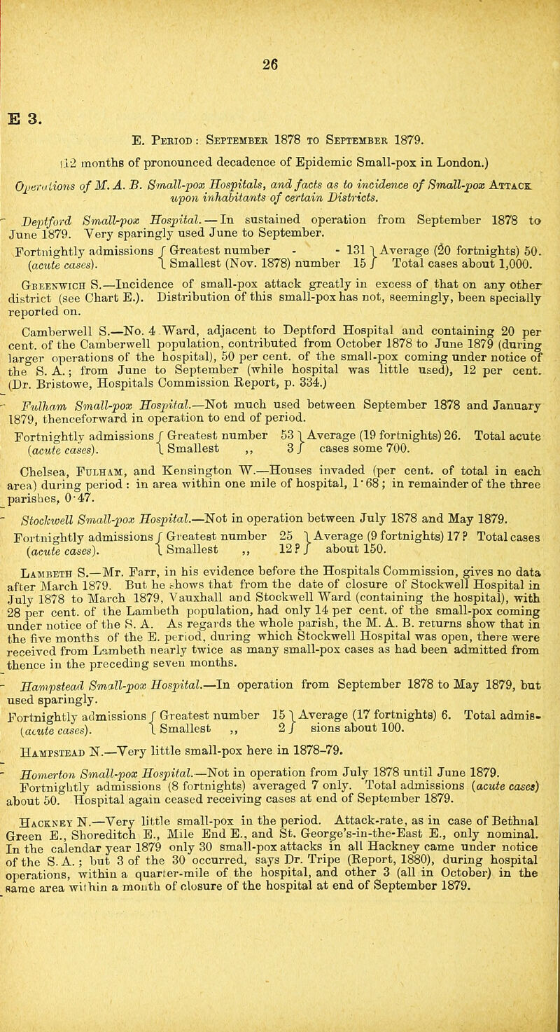 E 3. E. Period : September 1878 to September 1879. (12 months of pronounced decadence of Epidemic Small-pox in London.) Operations of M.A. B. Small-pox Hospitals, and facts as to incidence of Small-pox Attack. upon inhabitants of certain Districts. Deptford Small-pox Hospital. — In sustained operation from September 1878 to June 1879. Very sparingly used June to September. Fortnightly admissions f Greatest number - - 131 \ Average (20 fortnights) 50. (acute cases). \ Smallest (Nov. 1878) number 15 J Total cases about 1,000. Gbeenwich S.—Incidence of small-pox attack greatly in excess of that on any other district (see Chart E.). Distribution of this small-pox has not, seemingly, been specially reported on. Camberwell S.—No. 4 Ward, adjacent to Deptford Hospital and containing 20 per cent, of the Camberwell population, contributed from October 1878 to June 1879 (during larger operations of the hospital), 50 per cent, of the small-pox coming under notice of the S. A.; from June to September (while hospital was little used), 12 per cent. (Dr. Bristowe, Hospitals Commission Report, p. 334.) Fulham Small-pox Hospital.—Not much used between September 1878 and January 1879, thenceforward in operation to end of period. Fortnightly admissions J Greatest number 53 1 Average (19 fortnights) 26. Total acute (acute cases). \ Smallest „ 3 J cases some 700. Chelsea, Fulham, and Kensington W.—Houses invaded (per cent, of total in each area) during period : in area within one mile of hospital, 1*68; in remainder of the three parishes, 0'47. Stochwell Small-pox Hospital.—Not in operation between July 1878 and May 1879. Fortnightly admissions f Greatest number 25 1 Average (9 fortnights) 17 ? Total cases (acute cases). I Smallest „ 12? J about 150. Lambeth S.—Mr. Farr, in his evidence before the Hospitals Commission, gives no data after March 1879. But he ?hows that from the date of closure of Stockwell Hospital in July 1878 to March 1879, Vauxhall and Stockwell Ward (containing the hospital), with 28 per cent, of the Lambeth population, had only 14 per cent, of the small-pox coming under notice of the S. A. As regards the whole parish, the M. A. B. returns show that in the five months of the E. period, during which Stockwell Hospital was open, there were received from Lambeth nearly twice as many small-pox cases as had been admitted from thence in the preceding seven months. Hampstead Small-pox Hospital.—In operation from September 1878 to May 1879, but used sparingly. Fortnightly admissions f Greatest number 15 \ Average (17 fortnights) 6. Total admis- (atnte cases). (Smallest ,, 2/ sions about 100. Hampstead N.—Very little small-pox here in 1878-79. Homerton Small-pox Hospital.—Not in operation from July 1878 until June 1879. Fortnightly admissions (8 fortnights) averaged 7 only. Total admissions (acute cases) about 50. Hospital again ceased receiving cases at end of September 1879. Hackney N.—Very little small-pox in the period. Attack-rate, as in case of Bethnal Green E., Shoreditch E., Mile End E., and St. George's-in-the-East E., only nominal. In the calendar year 1879 only 30 small-pox attacks in all Hackney came under notice of the S. A.; but 3 of the 30 occurred, says Dr. Tripe (Report, 1880), during hospital operations, within a quarter-mile of the hospital, and other 3 (all in October) in the Haroe area within a month of closure of the hospital at end of September 1879.