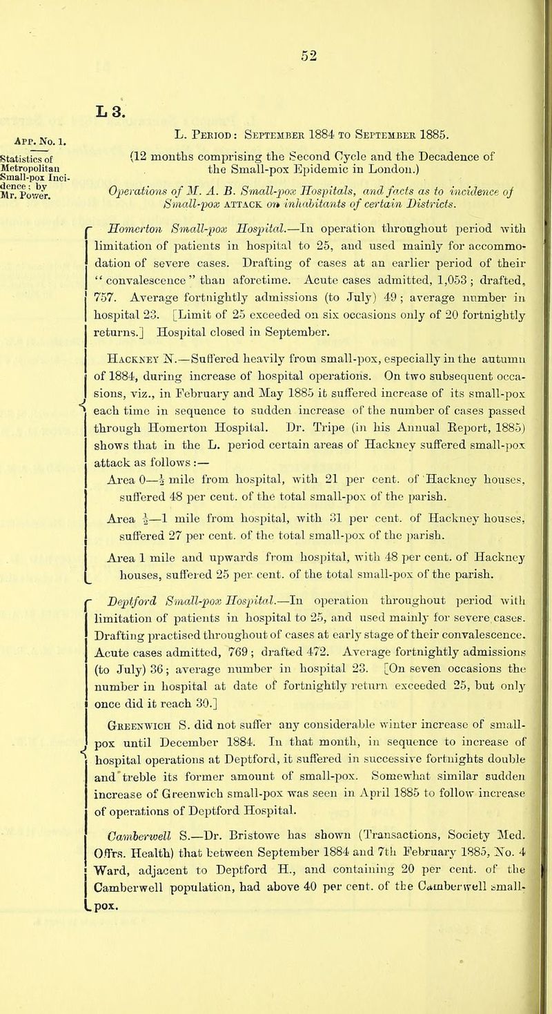 L3. L. Period: September 1884 to September 1885. (12 months comprising the Second Cycle and the Decadence of the Small-pox Epidemic in London.) Operations of M. A. B. Small-pox Hospitals, and facts as to incidence oj Small-pox attack on inhabitants of certain Districts. Homerton Small-pox Hospital.—In operation throughout period with limitation of patients in hospital to 25, and used mainly for accommo- dation of severe cases. Drafting of cases at an earlier period of their  convalescence  than aforetime. Acute cases admitted, 1,053 ; drafted, 757. Average fortnightly admissions (to July) 49 ; average number in hospital 23. [Limit of 25 exceeded on six occasions only of 20 fortnightly returns.] Hospital closed in September. Hackney 1ST.—Suffered heavily from small-pox, especially in the autumn of 1884, during increase of hospital operations. On two subsequent occa- sions, viz., in February and May 1885 it suffered increase of its small-pox each time in sequence to sudden increase of the number of cases passed through Homerton Hospital. Dr. Tripe (in his Annual Report, 1885) shows that in the L. period certain areas of Hackney suffered small-pox attack as follows :— Area 0—i mile from hospital, with 21 per cent, of Hackney houses, suffered 48 per ceut. of the total small-pox of the parish. Area -|—1 mile from hospital, with 31 per cent, of Hackney houses, suffered 27 per cent, of the total small-pox of the parish. Area 1 mile and upwards from hospital, with 48 per cent, of Hackney houses, suffered 25 per cent, of the total small-pox of the parish.  Deptford Small-pox Hospital.—In operation throughout period with limitation of patients in hospital to 25, and used mainly for severe, casus. Drafting prac tised throughout of cases at early stage of their convalescence. Acute cases admitted, 769 ; drafted 472. Average fortnightly admissions (to July) 36; average number in hospital 23. [On seven occasions the number in hospital at date of fortnightly return exceeded 25, but only once did it reach 30.] Greenwich S. did not suffer any considerable winter increase of small- pox until December 1884. In that month, in sequence to increase of * hospital operations at Deptford, it suffered in successive fortnights double and treble its former amount of small-pox. Somewhat similar sudden increase of Greenwich small-pox was seen in vVpril 1885 to follow increase of operations of Deptford Hospital. Camberwell S.—Dr. Bristowe has shown (Transactions, Society Med. Offrs. Health) that between September 1884 and 7th February 1885, Xo. 4  Ward, adjacent to Deptford H, and containing 20 per cent, of the I Camberwell population, had above 40 per cent, of the C<*niberweil t=mall- Ipox. App. No. 1. Statistics of Metropolitan Small-pox Inci- dence ; by Mr. Power.