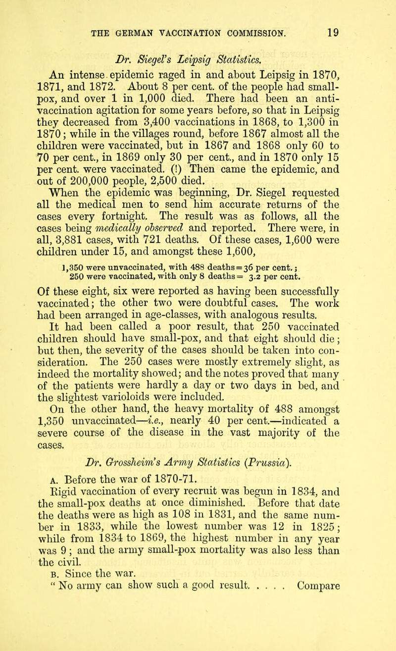 Dr. Siegel's Leipsig Statistics. An intense, epidemic raged in and about Leipsig in 1870, 1871, and 1872. About 8 per cent, of the people had small- pox, and over 1 in 1,000 died. There had been an anti- vaccination agitation for some years before, so that in Leipsig they decreased from 3,400 vaccinations in 1868, to 1,300 in 1870; while in the villages round, before 1867 almost all the children were vaccinated, but in 1867 and 1868 only 60 to 70 per cent., in 1869 only 30 per cent., and in 1870 only 15 per cent, were vaccinated. (!) Then came the epidemic, and out of 200,000 people, 2,500 died. When the epidemic was beginning, Dr. Siegel requested all the medical men to send him accurate returns of the cases every fortnight. The result was as follows, all the cases being medically observed and reported. There were, in all, 3,881 cases, with 721 deaths. Of these cases, 1,600 were children under 15, and amongst these 1,600, 1,350 were unvaccinated, with 488 deaths = 36 per cent.; 250 were vaccinated, with only 8 deaths = 3.2 per cent. Of these eight, six were reported as having been successfully vaccinated; the other two were doubtful cases. The work had been arranged in age-classes, with analogous results. It had been called a poor result, that 250 vaccinated children should have small-pox, and that eight should die; but then, the severity of the cases should be taken into con- sideration. The 250 cases were mostly extremely slight, as indeed the mortality showed; and the notes proved that many of the patients were hardly a day or two days in bed, and the slightest varioloids were included. On the other hand, the heavy mortality of 488 amongst 1,350 unvaccinated—i.e., nearly 40 per cent.—indicated a severe course of the disease in the vast majority of the cases. Dr. Grossheim's Army Statistics (Prussia). A. Before the war of 1870-71. Eigid vaccination of every recruit was begun in 1834, and the small-pox deaths at once diminished. Before that date the deaths were as high as 108 in 1831, and the same num- ber in 1833, while the lowest number was 12 in 1825; while from 1834 to 1869, the highest number in any year was 9 ; and the army small-pox mortality was also less than the civil. b. Since the war.  No army can show such a good result Compare