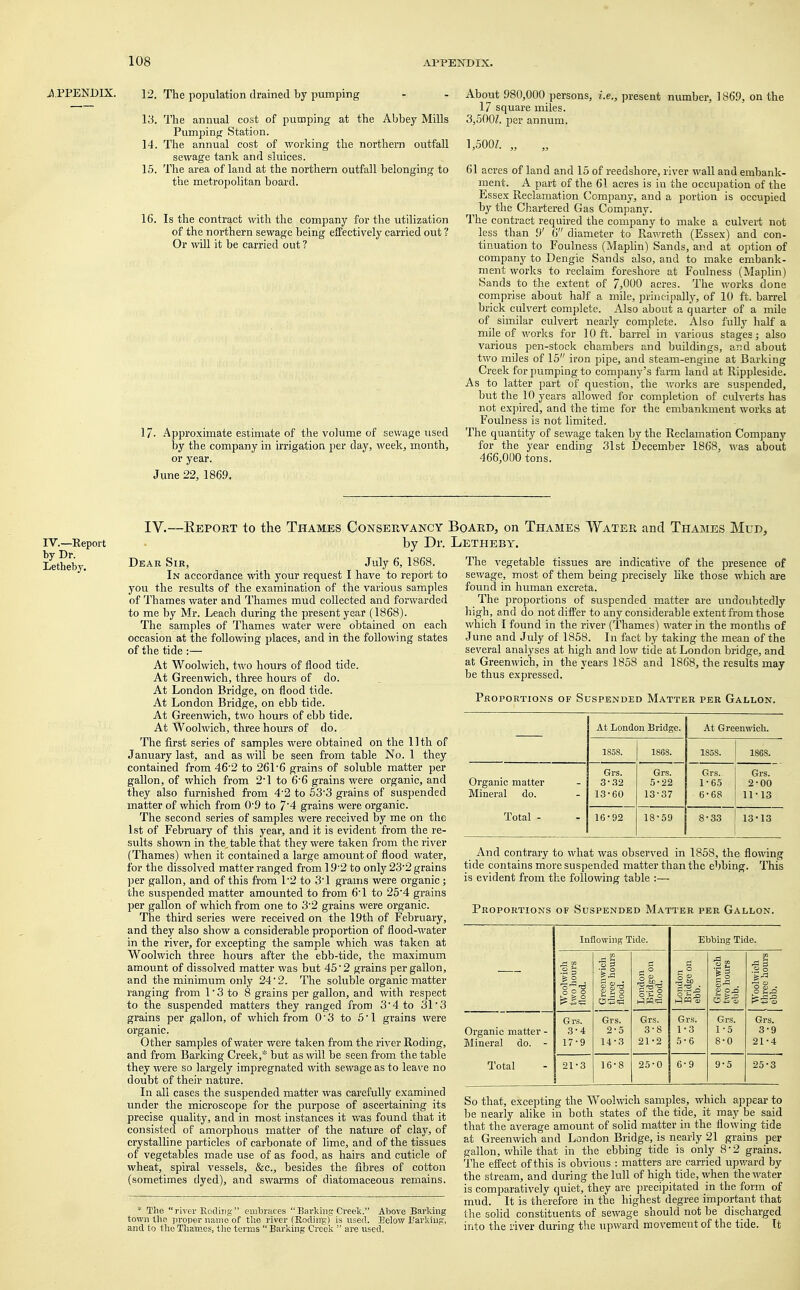 APPENDIX. 12. The population drained by pumping 13. The annual cost of pumping at the Abbey Mills Pumping Station. 14. The annual cost of working the northern outfall sewage tank and sluices. 15. The area of land at the northern outfall belonging to the metropolitan board. 16. Is the contract with the company for the utilization of the northern sewage being effectively carried out ? Or will it be carried out ? 17- Approximate estimate of the volume of sewage used by the company in irrigation per day, week, month, or year. June 22, 1869. About 980,000 persons, i.e., present number, 1869, on the 17 square miles. 3,500?. per annum. 1,500Z. „ „ 61 acres of land and 15 of reedshore, river wall and embank- ment. A part of the 61 acres is in the occupation of the Essex Reclamation Company, and a portion is occupied by the Chartered Gas Company. The contract required the company to make a culvert not less than 9' 6 diameter to Rawreth (Essex) and con- tinuation to Foulness (Maplin) Sands, and at option of company to Dengie Sands also, and to make embank- ment works to reclaim foreshore at Foulness (Maplin) Sands to the extent of 7,000 acres. The works done comprise about half a mile, principally, of 10 ft. barrel brick culvert complete. Also about a quarter of a mile of similar culvert nearly complete. Also fully half a mile of works for 10 ft. barrel in various stages; also various pen-stock chambers and buildings, ar.d about two miles of 15 iron pipe, and steam-engine at Barking Creek for pumping to company's farm land at Rippleside. As to latter part of question, the works are suspended, but the 10 years allowed for completion of culverts has not expired, and the time for the embankment works at Foulness is not limited. The quantity of sewage taken by the Reclamation Company for the year ending 31st December 1868, was about 466,000 tons. IV.—Report by Dr. Letheby. IV.—Report to the Thames Conservancy Board, on Thames Water and Thames Mud, by Dr. Letheby. Dear Sir, July 6, 1868. In accordance with your request I have to report to you the results of the examination of the various samples of Thames water and Thames mud collected and forwarded to me by Mr. Leach during the present year (1868). The samples of Thames water were obtained on each occasion at the following places, and in the following states of the tide :— At Woolwich, two hours of flood tide. At Greenwich, three hours of do. At London Bridge, on flood tide. At London Bridge, on ebb tide. At Greenwich, two hours of ebb tide. At Woolwich, three hours of do. The first series of samples were obtained on the 11th of January last, and as will be seen from table No. 1 they contained from 46'2 to 26P6 grains of soluble matter per gallon, of which from 2T to 6'6 grains were organic, and they also furnished from 4'2 to 53-3 grains of suspended matter of which from 0'9 to 7'4 grains were organic. The second series of samples were received by me on the 1st of February of this year, and it is evident from the re- sults shown in the. table that they were taken from the river (Thames) when it contained a large amount of flood water, for the dissolved matter ranged from 19 2 to only 232 grains per gallon, and of this from 12 to 3T grams were organic; the suspended matter amounted to from 6T to 254 grains per gallon of which from one to 32 grains were organic. The third series were received on the 19th of February, and they also show a considerable proportion of flood-water in the river, for excepting the sample which was taken at Woolwich three hours after the ebb-tide, the maximum amount of dissolved matter was but 45'2 grains per gallon, and the minimum only 24*2. The soluble organic matter ranging from 13 to 8 grains per gallon, and with respect to the suspended matters they ranged from 3'4 to 31 3 grains per gallon, of which from 0 • 3 to 5 1 grains were organic. Other samples of water were taken from the river Roding, and from Barking Creek,* but as will be seen from the table they were so largely impregnated with sewage as to leave no doubt of their nature. In all cases the suspended matter was carefully examined under the microscope for the purpose of ascertaining its precise quality, and in most instances it was found that it consisted of amorphous matter of the nature of clay, of crystalline particles of carbonate of lime, and of the tissues of vegetables made use of as food, as hairs and cuticle of wheat, spiral vessels, &c, besides the fibres of cotton (sometimes dyed), and swarms of diatomaceous remains. * The river Roding embraces Barking Greek. Above Barking town Hie proper name of the river (Roding) is used. Below Barking, and to the Thames, the terms  Barking Creek  are used. The vegetable tissues are indicative of the presence of sewage, most of them being precisely like those which are found in human excreta. The proportions of suspended matter are undoubtedly high, and do not differ to any considerable extent from those which I found in the river (Thames) water in the months of June and July of 1858. In fact by taking the mean of the several analyses at high and low tide at London bridge, and at Greenwich, in the years 1858 and 1868, the results may be thus expressed. Proportions of Suspended Matter per Gallon. At London Bridge. At Greenwich. 1858. 1868. 185S. 1868. Organic matter Mineral do. Grs. 3-32 13-60 Grs. 5-22 13-37 Grs. 1-65 6-68 Grs. 2-00 11-13 Total - 16-92 18-59 8-33 13-13 And contrary to what was observed in 1858, the flowing tide contains more suspended matter than the ebbing. This is evident from the following table :— Proportions of Suspended Matter per Gallon. Inflowing Tide. Ebbing Tide. Woolwich 1 two hours flood. Greenwich three hours flood. London Bridge on flood. London Bridge on ebb. Greenwich two hours ebb. Woolwich three hours | ebb. Organic matter - Mineral do. - Grs. 3-4 17-9 Grs. 2-5 14-3 Grs. 3-8 21-2 Grs. 1-3 5-6 Grs. 1-5 8-0 Grs. 3-9 21-4 Total 21-3 16-8 25-0 6-9 9-5 25-3 So that, excepting the Woolwich samples, which appear to be nearly alike in both states of the tide, it may be said that the average amount of solid matter in the flowing tide at Greenwich and London Bridge, is nearly 21 grains per gallon, while that in the ebbing tide is only 8-2 grains. The effect of this is obvious : matters are carried upward by the stream, and during the lull of high tide, when the water is comparatively quiet, they are precipitated in the form of mud. It is therefore in the highest degree important that the solid constituents of sewage should not be discharged into the river during the upward movement of the tide. It