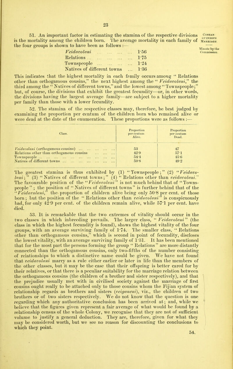 51. An important factor in estimating the stamina of the respective divisions Consam- is the mortality among the children born. The average mortality in each family of makeiage. the four groups is shown to have been as follows :— — ^ ^ . . Minute by the Veidavolani 1'56 CommisBioD. Relations 175 Townspeople 1*24 Natives of different towns ... 136 This indicates that the highest mortality in each family occurs among  Relations other than ortliogamous cousins, the next highest among the  Veidavolani the third among the  Natives of different towns, and the lowest among  Townspeople; but, of course, the divisions that exhibit the greatest fecundity—or, in other words, the divisions having the largest average family—are subject to a higher mortality per family than those with a lower fecundity. 52. The stamina of the respective classes may, therefore, be best judged by examining the proportion per centum of the children born who remained alive or were dead at the date of the enumeration. These proportions were as follows :— Class. Proportion per centum Alive. Proportion per centum Dead. Veidavolani (orthogamous cousins) 53 47 Kelations other than orthogamous cousins 42-9 .571 Townspeople 54-4 45-6 Natives of different towns 50-8 49-2 The greatest stamina is thus exhibited by (1)  Townspeople; (2)  Veidavo- lani ;  (3)  Natives of different towns; (4)  Relations other than veidavolani.'' The favourable position of the  Veidavolani is not much behind that of  Towns- people  ; the position of  Natives of different towns is further behind that of the Veidavolani, the proportion of children alive being only 50'8 per cent, of those born; but the position of the  Relations other than veidavolani  is conspicuously bad, for only 42'9 per cent, of the children remain alive, while 57'1 per cent, have died. 53. It is remarkable that the two extremes of vitality should occur in the two classes in which inbreeding prevails. The larger class,  Veidavolani  (the class in which the highest fecundity is found), shows the highest vitality of the four groups, with an average surviving family of 174. The smaller class,  Relations other than orthogamous cousins, which is second in point of fecundity, discloses the lowest vitality, with an average surviving family of 1'31. It has been mentioned that for the most part the persons forming the group  Relations  are more distantly connected than the ortliogamous cousins, only two-fifths of the number consisting of relationships to which a distinctive name could be given. We have not found that veidavolani marry as a rule either earlier or later in life than the members of the other classes, but it may be the case that their offspring is better cared for by their relatives, or that there is a peculiar suitability for the marriage relation between the orthogamous cousins (the children of a brother and sister respectively), and that i the prejudice usually met with in civilised society against the marriage of first ' cousins ought really to be attached only to those cousins whom the Eijian system of relationship regards as brothers and sisters {veigatieni), viz., the children of two brothers or of two sisters respectively. We do not know that the question is one regarding which any authoritative conclusion has been arrived at; and, while we j believe that the figures given represent a fair average of what would be found by a relationship census of the whole Colony, we recognise that they are not of sufiicient volume to justify a general deduction. They are, therefore, given for what they may be considered worth, but we see no reason for discounting the conclusions to which they point. 54.