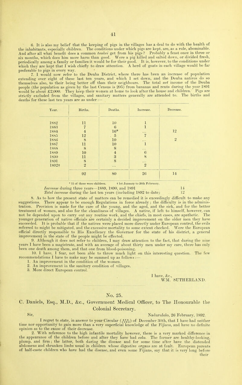 6. It is also my belief that the keeping of pigs in the villages has a deal to do with the health of the inhabitants, especially children. The conditions under which pigs are kept, are, as a rule, abominable. And after all what benefit does a common taulcei get from his pigs ? Probably a feast once in three or six months, which does him more harm than good. Were a pig killed and salted down, or divided fresh, periodically among a family or families it would be for their good. It is, however, to the conditions under which they are kept that I wish chiefly to draw attention. A herd of goats in each village would be far preferable to pigs in every way. 7. I would now refer'to the Deuba District, where there has been an increase of population extending over eight of these last ten years, and which I set down, and the Deuba natives do so themselves also, to their being better off than their neighbours. The total net income of the Deuba people (the population as given by the last Census is 205) from bananas and rents during the year 1891 would be about £2,000. They keep their women at home to look after the house and children. Pigs are strictly excluded from the villages, and sanitary matters generally are attended to. The births and deaths for these last ten years are as under :— Year. Births. Deaths. Increase. Decrease. 1882 11 10 1 1883 7 6 1 1884 4 16* 12 1885 12 . 5 i 1886 8 10 2 1887 11 10 1 1888 8 8 1889 10 4 6 1890 11 3 8 1891 8 8 1892t 2 2 92 80 26 14 * 11 of these were children. 11st January to 20th. February. Jwcrertse during three years—1889, 1890, and 1891 ... ... ... 14 Total increase during the last ten years (including 1892 to datej ... 12 8. As to how the present state of matters can be remedied it is exceedingly difficult to make any suggestions. There appear to be enough Eegulations in force already ; the difficulty is in the adminis- tration. Provision is made for the care of the young, and the aged, and the sick, and for the better treatment of women, and also for the cleanliness of villages. A native, if left to himself, however, can not be depended upon to carry out any routine Avork, and the chiefs, in most cases, are apathetic. The younger generation of native officials are certainly a decided improvement on the older men they have succeeded. It is probable that if the natives were placed more directly under European control, the evils referred to might be mitigated, and the excessive mortality to some extent checked. AV^ere the European official directly responsible to His Excellency the Grovernor for the state of his district, a general improvement in the state of the people might be effected. 9. Although it does not refer to children, I may draw attention to the fact, that during the nine years I have been a magistrate, and with an average of about thirty men under my care, there has only been one death among them, and that one from blood-poisoning. 10. I have, I fear, not been able to throw much light on this interesting question. The few recommendations I have to make may be summed up as follows :— 1. An imjDrovement in the condition of the women. 2. An improvement in the sanitary condition of villages. 3. More direct European control. I have, &c., WM. SUTHERLAND. No. 25. C. Daniels, Esq., M.D., &c.. Government Medical Officer, to The Honourable the Colonial Secretary, Sir, Nadurulolo, 26 February, 1892. I regret to state, in answer to your Circular (tVoV) of December 30th, that I have had neither time nor opportunity to gain more than a very superficial knowledge of the Eijians, and have no definite opinion as to the cause of their decrease. 2. With reference to the high infantile mortality however, there is a very marked difference in the appearance of the children before and after they have had coko. The former are healthy-looking, plump, and firm ; the latter, both daring the disease and for some time after have the distended abdomens and shrunken limbs usual in children whose digestive organs are at fault. European parents of half-caste children who have had the disease, and even some Fijians, say that it is very long before their