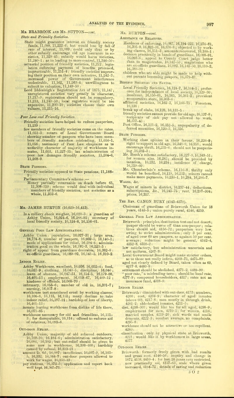 Me. BRABEOOK and Mr. SUTTON—cow;;. State and Friendly Societies. State might guarantee interest on friendly sociery funds, 11,088, 11,222-6; but would lose by fall of rate of interest, 11,089; could only thus or by other subsidy encotirage old age insurance in so- cieties, 11,329-45; subsidy would harm societies, 11,240-L ; as to leading to more control, ll,346-.50 : actuarial position of friendly societies, 11,212 ; legis- lation enforcing payment of benefits promised, impracticable, 11,251-4; friendly societies improv- ing their position on their own initiative, 11,242-3; increased power of Government interference undesirable, 11,162, 11,263-4; unwilliagness to submit to valuation, 11,149-50 : Lord Iddesleigh's Registration Act of 1875, 11,147; unregistered societies vary greatly in character, 11,217-9; registration should not be compulsory, 11,213, 11,249-50; local registries would be too expensive, 11,200-10; societies choose their own valuers, 11,215-16. Poor Law and Friendly Societies. Friendly societies have helped to reduce pauperism, 11,239 : few members of friendly societies come on the rates. 11,051-3; return of Local Government Board showing number of paupers who have been mem- bers of friendly societies misleading, 11,050-1, 11,056; testimony of Poor Law chaplains as to unthrifty character of majority of workhouse in- mates, 11,051, 11,227-35; lax administration of poor law damages friendly societies, 11,204-6, 11,268-9. State Pensions. Friendly societies opposed to State pensions, 11,188- 9 : Parliamentary Committee's scheme :— Money partially returnable on death before 65, 11,308-310 ; scheme would deal with individual members of friendly societies, not societies as a ■whole, 11,352-6. Mr. JAMES BURTON (16,020-16,413). Is a colliery check weigher, 16,020-3 : a guardian of Ashby Union, 16,024-6, 16,288-93; secretary of local friendly society, 16,124-8, 16,156-61. General Poor Law Administration. Ashby Union: population, 16,027-31 ; large area, 16,174-8; number of paupers, 16,032-5, 16,140-1; mode of applications for relief, 16,294-6 ; adminis- tration good on the whole, 16,192-3, 16,223-5 : right of appeal from guardians desirable, 16,382-8 : ex-officio guardians, 16,089-92, 16,141-5, 16,310-2. Indoor, Relief. Ashby Workhouse, excellent, 16,036, 16,052-4; food, 16,037-9; clothing, 16,040-5; discipline, 16,040; leave of absence, 16,047-51, 16,154-5, 16,179-88, 16,401-13 ; employment, 16,059-67, 16,409-12 ; kindness of officials, 16,068-70 : infirmary, 16,055-6; number of old in, 16,391-7; ntirsing, 16,057-8 : workhouse test considered cruel by working classes, 16,106-8, 16,115, 16,151; many decline to take indoor relief, 16,187-91; hardship of loss of liberty, 16,401-13 inmate leaving workhouse from dislike of life there, 16,071-85 : workhouse necessary for old and friendless, 16,111- 3 ; for disreputable, 16,114 ; offered to enforce aid of relatives, 16,093-6. OUT-DOOR RfLIEF. Ashby Union, majority of old relieved outdoors, 16,109-10, 16,184-6; administration satisfactory, 16,086, 16,103; but out-relief should be given to some now in workhouse, 16,398—100; hardship caused by refusal, 16,313-21 : amount 2s. 6d., 16,087; insufficient, 16,097-9, 16,103- 5, 16,332, 16,344-7; out-door paupers allowed to work for wages, 16,333-43 : pay stations, 16,372-5 ; application and report book well kept, 16,367-7L Me. RURTON—cowi. Assistance of Relatives. Hardness of enforcing, 16,087, 16,194-222,16,276-81 16,305-9.16,322-31, 16,376-8 ; objected to by workl ing classes, 16,151-3; amounts recovered, 16,100-1 : decision practically in hands of guardians, 16,088-91, 16,093-6; appeal to County Court judge better than to magisti-ates, 16,142-.:j3 ; magistrates who are es-officio guardians, 16,092,16,142-50,16,310-2, 16,389-90: children who arc able might be made to help with- out parents becoming paupers, 16,379-81. Benefit Societies and Saving. Local Friendly Societies, 16,124-7, 16,164-5; prefer- ence for independence of local society, 16,129-30 • insolvent, 16,156-61, 16,165, 16,361-2; provident co-operative store, 16,363-6 : affiliated societies, 16,162-3, 16,166-73; Foresters, 16,136 : break up of clubs, 16,128, 16,131-5 : friendly societies cannot provide for old age, 16,137-8; recipients of sick pay not allowed to work. 16,337-43 : Post Office, 16,121-2, 16,352-5; unpopalarity of de- ferred annuities, 16,120-3, 16,356. State Pensions. Working class opinion in their favour, 16,226-9; right to support in old age, 16,348-9, 16,358 ; would encourage thrift, 16,235-6; should not be pauperis- ing ,16,282-3 : Mr. Booth's scheme satisfactory, 16,227-9,16,349-51; for women also, 16,285; should be provided by tax9.tion, 16,232, 16,234; incidence of charge, 16,359-60: Mr. Chamberlain's scheme, 16,116-8; thrifty only would be benefited, 16,119, 16,233 ; miners cannot make more payments, 16,230-1, 16,284, 16,286-7. Wages, &c. Wages of miners in district, 16,237-44; deductions, subscriptions, &c., 16,245-75 ; rent, 16,297-304; prices, 16,357. The Rev. CANON BURT (4143-4570). Chairman of guardians of Brixworth Union for 18 years, 4143-6 ; union purely rural, 4146, 4259. General Poor Law Administration. Brixworth : principles, destitution test and not desert; pauper should be worse ofi than non-pauper ; rela- tives should aid, 4156-72 ; pauperism very low, owing to strict administration; only 3 per cent, of aged over 60 are paupers, as against 50 per cent, average; reduction might be general, 4162-4, 4252-8,4320-2: law satisfactory, but administration nncertain and not uniform, 4267-8: Local Government Board might make stricter orders, as to those not really infirm, 4269-71, 4475-89 : aged not clearly defined by Beard, taken often as 60, 4217-8, 4480-8: settlement should be abolished, 4271-2, 41S9-90:  poor rate, a misleading tei'iii; should be local rate, 4277-9; compound householders, 4317; rates not an insurance fund, 4318-9. Indoor Relief. Brixworth: diminished with out-door, 4173 ; numbers, 4200; cost, 4204-9; character of aged inmates (above 60), 4217-8; men mostly in through drink, 4201-2 ; able-bodied inmates, 4211-5 : diet, 4298-303 ; would like tea for all aged, 4298-9; employment for men, 4210-5; for women, 4216; married couples, 4219-20; sick wards and senile dements, 4222-3 ; comfort average, no complaints, 429.5-8: workhouse should not be attractive or too repellent, 4280: classification : only by physical state at Brixworth, 4221; would like it by workhouses in large areas, 4277. OuT-DooR Relief. Brixworth: formerly freely given with bad results and great cost. 4146-56; inquiry and change in 1872,41.58, 4410-4 ; for last 20 years very restricted, now practically nil, 4157-63; scale where given increased, 4164-72 ; details of saving and reduction ^ 3 0 2