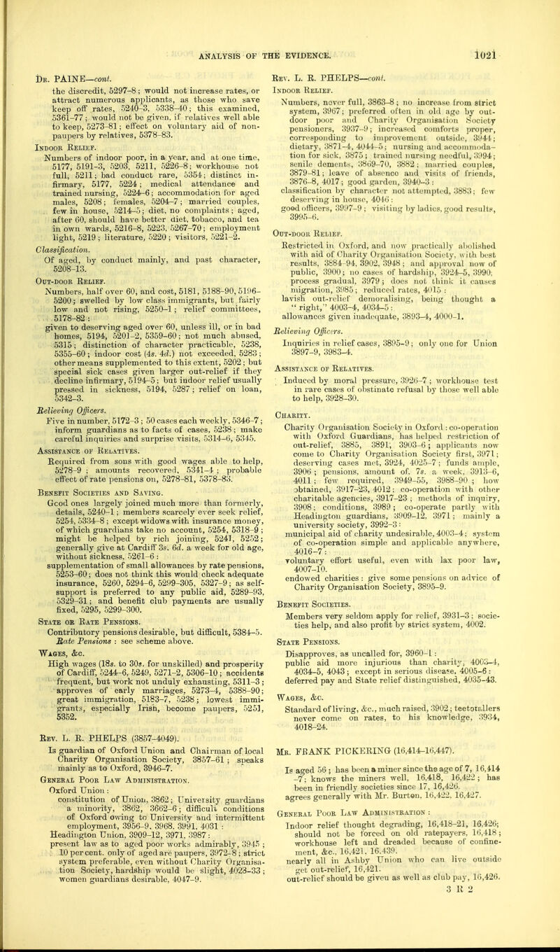 t)R. VAm'E—cont. the discredit, 5297-8 ; would not increase rates, or attract numerous applicants, as those who save keep off rates, 5240-3, 5338-40; this examined, 5361-77 ; would not be given, if relatives well able to keep, 5273-81; effect on voluntary aid of non- paupers by relatives, 5378-83. Indook Relief. Numbers of indoor poor, in a year, and at one time, 5177, 6191-3, 5203, 5211, 5226-8; workhouise not full, 5211; bad conduct rare, 5354; distinct in- firmary, 5177, 5224; medical attendance and trained nursing, 52241-6; accommodation for aged males, 5208; females, 5204-7; married couples, few in house, 5214-5; diet, no complaints; aged, after 60, should have better diet, tobacco, and tea in own wards, 5216-8, 5223, 5267-70; employment light, 5219 ; literature, 5220 ; visitors, 5221-2. Classification. Of aged, by conduct mainly, and past character, 5208-13. Out-door Relief. Numbers, half over 60, and cost, 5181, 5188-90, 5196- 5200; swelled by low class immigrants, but fairly low and not rising, 5250-1; relief committees, 5178-82 : given to deserA'ing aged over 60, unless ill, or in bad homes, 5194, 5201-2, 5359-60; not much abused, 5315; distinction of character practicable, 5238, 5355-60 ; indoor cost {4s. 4cZ.) not exceeded, 5283 ; other means supplemented to this extent, 5202; but special sick cases given larger out-relief if they decline infirmary, 5194-5; but indoor relief usually pressed in sickness, 5194, 5287; relief on loan, 5342-3. Believing Officers. Five in number, 5172-3 ; 50 cases each weekly. 5346-7; inform guardians as to facts of cases, 5238 ; make careful inquiries and surprise visits, 5314-6, 5345. Assistance oi' Relatives. Required from sons with good wages able to help, 5278-9 ; amounts recovered, 5341-4 ; probable effect of rate pensions on, 5278-81, 5378-83. Benefit Societies and Saving. Good ones largely joined much more than formerly, details, 5240-1; members scarcely ever seek relief, 5254, 5334-8 ; except widows with insurance money, of which guardians take no account, 5254, 5318-9 ; might be helped by rich joining, 5241, 5252; generally give at Cardiff 3s. &d. a week for old age, without sickness, 5261-6 : supplementation of small allowances by rate pensions, 6253-60; does not think this would check adequate insurance, 6260, 5294-6, 6299-305, 5327-9; as self- supi^ort is preferred to any public aid, 5289-93, 5329-31; and benefit club payments are usually fixed, 5295, 5299-300. State or Rate Pensions. Contributory pensions desirable, but difficult, 5384-5. Mate Pensions : see scheme above. Wages, &c. High wages (18s. to 30s. for unskilled) and prosperity of Cardiff, .5244-6, 5249, 5271-2 , 5306-10; accidents frequent, but work not unduly exhausting, 5311-3; approves of early marriages, 5273-4, 5388-90; great immigration, 5183-7, 5238; lowest immi- ^ants, esneoially Irish, become paupers, 525], 5352. Rev. L. R. PHELPS (3857-4049). Is guardian of Oxford Union and Chairman of local Charity Organisation Society, 3857-61 ; speaks mainly as to Oxford, 3946-7. General Poor Law Administration. Oxford Union : constitution of Union, 3862 ; University guardians a minority, 3862, 3662-6; diflBcult conditions of Oxford owing to University and intermittent employment, 3956-9. 3968. 3991, 4031 : Headiugton Union, 3909-12, 3971, 3987: present law as to aged poor works admirably, 3945 ; , 10 per cent, only of aged are paupers, 3972-8 ; strict system preferable,, even without Charity Organisa- tion Society, hardship would be slight, 4023-33 ; women guardians desirable, 4047-9. Rev. L. R. PHELPS—ton/. Indoor Relief. Numbers, never full, 3863-8 ; no increase from strict system, 3967; preferred often in old ago by out- door poor and Charity Organisation .Society pensioners, 3937-9; increased comfort.M proper, corresponding to improvement outside, 3944; dietary, 3871-4, 4044-5; nursing and accommoda- tion for sick, 3875; ti'ained nursing needful, 3994; senile dements, 3869-70, 3882; mari ied couples, 3879-81; leave of absence and visits of friends, 3876-8, 4017; good garden, 3940-3 : classification by character not attempted, 3883; few deserving in house, 401o : good officers, 3997-9 ; visiting by ladies, good result?, 3995-6. OuT-Dooii Relief. Restricted in (Oxford, and now i)ractical!y abolished with aid of Charity Oi-ganisatiou Societ}-, with best results, 3884-94, 3902,':3948 ; and api)ruval now of public, 3900; no cases of hardship, 3924-5,3990; process gradual, 3979; does not think it causes migration, 3985; reduced rates, 4015 : lavish out-)elicf demoralising, being thought a  right,'' 4003-4, 4034-5 : allowances given inadequate, 3893-4, 4000-1. Relieving Officers. Inquiries in relief cases, 3895-9; only one for Union 3897-9, 3983-4. Assistance of Relatives. Induced by moral pressure, .3926-7 ; workhouse tost in rare cases of oljstinato refusal by tliosc well able to help, 3928-30. Charity. Charity Organisation Society in Oxford : co-operation with Oxford Guardians, has helpfnl restriction of out-relief, 3885, 3891, 39U3-6; applicants now come to Charity Organisation Society first, 3971; deserving cases met, 3924, 4025-7; funds ample, 3906 ; pensions, amount of, 7s. a week, 3913-6, 4011 ; few required, 3949-55, 3988-90 ; how obtained, 3917-23,4012; co-operation with other charitable agencies, 3917-23 ; methods of inquiry, 3908; conditions, 3989; co-operate partly with Headiugton guardians, 3909-12, 3971; mainly a university society, 3992-3: municipal aid of charity undesiraljle, 4003-4; system of co-operation simple and applicable anywhere, 4016-7: voluntary effort useful, even with lax poor law, 4007-10. endowed charities : give some pensions on advice of Charity Organisation Society, 3895-9. Benefit Societies. Members very seldom apply for relief, 3931-3: socie- ties help, and also profit by strict system, 4002. State Pensions. Disapproves, as uncalled for, 3960-1: public aid more injurious than charity; 400.i-4. 4034-5, 4043 ; except in serious disease. 4005-6 : deferred pay and State relief distinguished, 4035-43. Wages, &c. Standard of living, &c., much raised, 3902; teetotallers never come on rates, to his knowledsre, 3934, 4018-24. Mr. frank PICKERING (16,414-16,447). Is aged 56 ; has been a miner since the age of 7, 16,414 -7; knows the miners well, 16,418, 16,422 ; has been in friendly societies since 17, 16,426. agrees generally with Mr. Burton. 16,422, 16,427. General Poor Law Administration : Indoor relief thought degrading, 16,418-21, 16.426; should not be forced on old ratepayers, 16.418; workhouse left and dreaded because of confine- ment, &c.. 16,421. 16.439. nearly all in Ashby LTnion who can live outside get out-relief, 16,421. ont-relief should be giveu as well as club pay, 16,426-