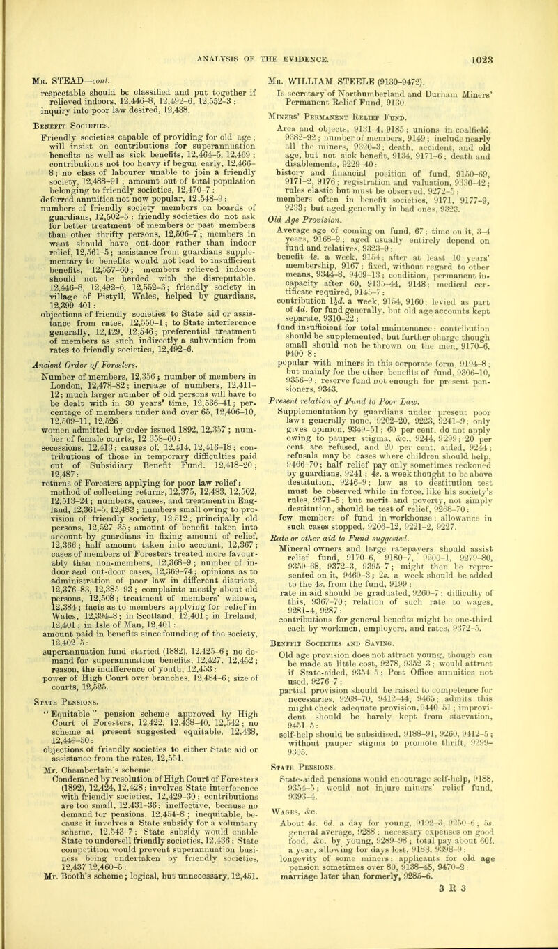 Mr. STEAD—couf. respectable should be classified aud put together if relieved indoors, 12,446-8, 12,492-6, 12,552-3 : inquiry into poor law desired, 12,438. Benefit Societies. Friendly societies capable of providing for old ago ; will insist on contributions for superannuation benefits as well as sick benefits, 12,464-5, 12,469 ; contributions not too heavy if begun early, 12,466- 8; no class of labourer unable to join a friendly society, 12,488-91 ; amount out of total population belonging to friendly societies, 12,470-7 : deferred annuities not now popular, 12,548-9 : numbers of friendly society members on boards of guardians, 12,502-5 : friendly societies do not ask for better treatment of members or past members than other thrifty persons, 12,506-7; members in want should have out-door rather than indoor relief, 12,561-5; assistance from guardians supple- mentary to benefits would not lead to insufficient benefits, 12,557-60; members relieved indoors should not be herded with the disreputable. 12,446-8, 12,492-6, 12,552-3; friendly society in village of Pistyll, Wales, helped by guardians, 12,399-401: objections of friendly societies to State aid or assis- tance from rates, 12,550-1; to State interference generally, 12,429, 12,646; preferential treatment of members as such indirectly a subvention from rates to friendly societies, 12,492-6. Ancient Order of Foresters. Number of members, 12,356 ; number of members in London, 12,478-82; increase of numbers, 12,411- 12; much larger number of old persons will have to be dealt with in 30 years' time, 12,536-41; per- centage of members under and over 65, 12,406-10, 12,509-11, 12,526: women admitted by order issued 1892, 12.357 ; num- ber of female courts, 12,358-60 : secessions, 12,413; causes of, 12,414,12,416-18; con- tributions of those in temporary difficulties paid out of Subsidiary Benefit Fund. 12,418-20; 12,487: returns of Foresters applying for poor law relief: method of collecting returns, 12,375, 12,483, 12,602, 12,513-24; numbers, causes, and treatment in Eng- land, 12,361-5,12,483 ; numbers small owing to pro- vision of friendly society, 12,512; principally old persons, 12,527-35; amount of benefit taken into account by guardians in fixing amount of relief, 12,366 ; half amount taken into account, 12,367 ; cases of members of Foresters treated more favour- ably than non-members, 12,368-9 ; number of in- door and out-door cases, 12,369-74; opinions as to administration of poor law in difi'erent districts, 12,376-83, 12,38-5-93 ; complaints mostly about old persons, 12,508 ; treatment of members' widows, 12,384 ; facts as to members applying for relief in Wales, 12,394-8; in Scotland, 12,401; in Ireland, 12,401; in Isle of Man, 12,401: amount Daid in benefits since founding of the society, 12,402-5: superannuation fund started (1882), 12.425-6 ; no de- mand for superannuation benefits. 12,427, 12,452; reason, the indifference of youth, 12,453 : power of High Court over branches, 12,484-6; size of courts, 12,525. State Pensions. Equitable pension scheme approved by High Court of Foresters, 12.422, 12,438-40, 12,542 ; no scheme at present suggested equitable, 12,438, 12,449-50: objections of friendly societies to either State aid or assistance from the rates, 12,551. Mr. Chamberlain's scheme: Condemned by resolution of High Court of Foresters (1892), 12,424,12,428; involves State interference with friendly societies, 12,429-30 ; contributions are too small, 12,431-36; ineffective, because no demand for pensions. 12,454-8 ; inequitable, be- cause it involves a State subsidy for a voluntary scheme, 12,543-7; State subsidy would eualjlo State to undersell friendly societies, 12,436 ; State competition would prevent superannuation busi- ness being undertaken by friendly societies, 12,437 12,460-5: Mr. Booth's scheme; logical, but unnecesaary, 12,451. Mk. WILLIAM STEELE (9130-9472). Is secretary of Northumberland and Durliani Miners' Permanent Relief Fund, 9130. Miners' Permanent Relief Ftjnd. Area and objects, 9131-4, 9185 ; unions in eoallield, 9382-92; imiiiber of members, 9149 ; inchide nearly all the miners, 9320-3; deatb, accident, and old age, but not sick benefit, 9134, 9171-6; death and disablements, 9229-40: history and financial position of fund, 9150-69, 9171-2, 9176 ; regi.stration and valuation, 9330-42 ; rules elastic but must be observed, 9272-5 : members often in benefit societies, 9171, 9177-9, 9233; but aged generally in bad ones, 9323. Old Age Provision. Average age of coming on fund, 67: time on it, 3-4. years, 9168-9 ; aged usually entirely depend on fund and relatives, 9323-9 : benefit 4s. a week, 9154; after at least 10 years' membership, 9167 ; fixed, without I'egard to other means, 9344-8, 9409-13 ; condition, permanent in- capacity after 60, 9135-44, 9148; medical cer- tificate required, 914-5-7: contribution U^d. a week, 9154, 9160: levied as part of M. for fund generally, but old age accounts kept separate, 9310-22 : fund insufficient for total maintenance : contribiition should be supplemented, but further charge though small should not be thrown on the men, 9170-6, 9400-8: popular with miners in this corporate form, I'194-8 ; but mainly for the other benefits of fund, 9306-10, 9356-9 ; reserve fund not enough for present pen- sioners, 9343. Present relation of Fund to Poor Law. Supplementation by guardians under present poor law: generally none, 9202-20, 9223, 9241-9: only gives opinion, 9349-51; 60 per cent, do not apply owing to pauper stigma, &c., 9244,9299; 20 per cent, are refused, and 20 per cent, aided, 9244 ; refusals may be cases where children should help, 9466-70; half relief pay only sometimes reckoned by guardians, 9241 ; 4s. a week thought to be above destitution, 9246-9; law as to destitution test must be observed while in force, like his society's rules, 9271-5; but merit and poverty, not simply destitution, should be test of relief, 9268-70: few members of fund in workliouse : allowance in such cases stopped, 9206-12, 9221-2, 9227. Rate or other aid to Fund suggested. Mineral owners and large ratepayers should assist relief fund, 9170-6, 9180-7, 9200-1, 9279-80, 9359-68, 9372-3, 9395-7; might then be repre- sented on it, 9460-3; 2s. a week should be added to the 4s. from the fund, 9199 : rate in aid should be graduated, 9260-7 ; difiiculty of this, 9367-70; relation of such rate to wages, 9281-4, 9287: contributions for general benefits might be one-third each by workmen, employers, and rates, 9372-5. Benffit Societies and Saving. Old age provision does not attract young, though can be made at little cost, 9278, 9352-3 ; would attract if State-aided, 9354-5 ; Post Office annuities not used, 9276-7 : partial provision should be raised to competence for necessaries, 9268-70, 9412-44, 9465; admits this miglit check adequate provision, 9440-51; improvi- dent should be barely kept from starvation, 9451-5: self-help should be subsidised, 9188-91, 9260, 9412-5 ; without pauper stigma to promote thrift, 9299- 9305. State Pensions. State-aided pensions would encourage self-lielp, !'188, 93-54-5; would not injure miners' relief fund, 9393-4. Wages, &c. About 4s. 6(7. a day for young, 9192-3, 9250-6; os. general average, 1^288 : necessary expenses on good food, &c. by young, 9289-98 ; total pay about 60J. a year, allowing for days lost, 9188, 9398-9; longevity of some miners: applicants for old age pension sometimes over 80, 9138-45, 9470-2 : marriage later than formerly, 9285-6.