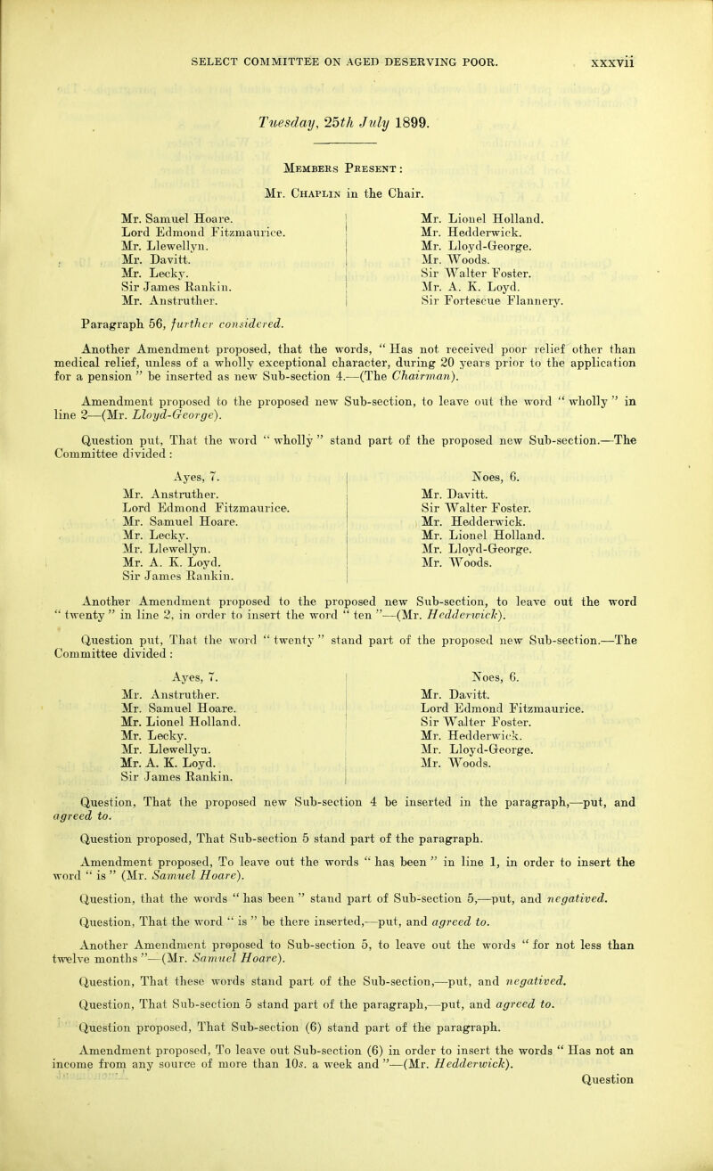 Tuesday, 25th July 1899. Members Present: Mr. Chaplin in tlie Chair. Mr. Samuel Hoare. Lord Edmoiid Fitzmaiirioe. Mr. Llewellyn. Mr. Davitt. Mr. Lecky. Sir James Rankin. Mr. Anstruther. Paragraph. 56, further considered. Mr. Lionel Holland. Mr. Hedderwick. Mr. Lloyd-Greorge. Mr. Woods. Sir Walter Foster. Mr. A. K. Loyd. Sir Fortescue Flannery. Another Amendment proposed, that the words,  Has not received poor relief other than medical relief, unless of a wholly exceptional character, during 20 years prior to the application for a pension  be inserted as new Sub-section 4.—(The Chairman). Amendment proposed to the proposed new Sub-section, to leave out the word  wholly  in line 2—(Mr. Lloyd-George). Question put. That the word  wholly  stand part of the proposed new Sub-section.—The Committee divided: Ayes, 7. I Noes, 6. Mr. Anstruther. ' Mr. Davitt. Lord Edmond Fitzmaurice-. Mr. Samuel Hoare. Mr. Lecky. Mr. Llewellyn. Mr. A. K. Loyd. Sir James Rankin. Sir AValter Foster. Mr. Hedderwick. Mr. Lionel Holland. Mr. Lloyd-George. Mr. Woods. Another Amendment proposed to the proposed new Siib-section, to leave out the word  twenty  in line 2, in order to insert the word  ten —(Mr. HedderwicJc). Question put. That the word  twenty  stand part of the proposed new Sub-section.—The Committee divided: Ayes, 7. Mr. Anstruther. Mr. Samuel Hoare. Mr. Lionel Holland. Mr. Lecky. Mr. Lie welly a. Mr. A. K. Loyd. Sir James Rankin. Noes, 6. Mr. Davitt. Lord Edmond Fitzmaurice. Sir Walter Foster. Mr. Hedderwick. Mr. Lloyd-George. Mr. Woods. Question, That the proposed new Sub-section 4 be inserted in the paragraph,—put, and agreed to. Question proposed. That Sub-section 5 stand part of the paragraph. Amendment proposed, To leave out the words has. been  in line 1, in order to insert the word  is  (Mr. Samuel Hoare). Question, that the words  has been  stand part of Sub-section 5,—put, and negatived. Question, That the word  is  be there inserted,—put, and agreed to. Another Amendment proposed to Sub-section 5, to leave out the words  for not less than twelve months —(Mr. Samuel Hoare). Question, That these words stand part of the Sub-section,—put, and negatived. Question, That Sub-section 5 stand part of the paragraph,—put, and agreed to. Question proposed, That Sub-section (6) stand part of the paragraph. Amendment proposed, To leave out Sub-section (6) in order to insert the words  Has not an income from any source of more than 10s. a week and —(Mr. Hedderwick). Question