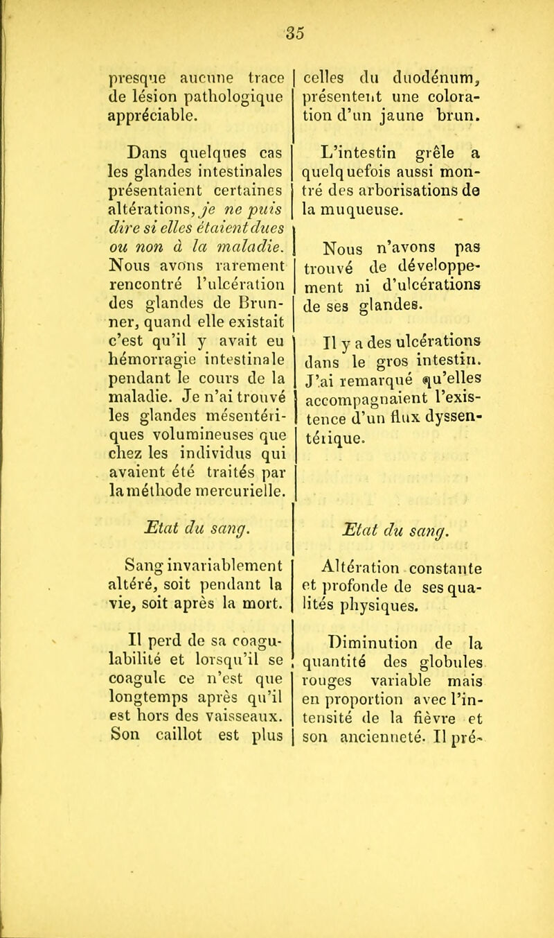 presque aucune trace de lésion pathologique appréciable. Dans quelques cas les glandes intestinales présentaient certaines altérations, je ne puis dire si elles étaient dues ou non à la maladie. Nous avons rarement rencontré l'ulcération des glandes de Brun- ner, quand elle existait c'est qu'il y avait eu hémorragie intestinale pendant le cours de la maladie. Je n'ai trouvé les glandes mésentéri- ques volumineuses que chez les individus qui avaient été traités par la méthode mercurielle. Etat du sang. Sang invariablement altéré, soit pendant la vie, soit après la mort. Il perd de sa coagu- labilité et lorsqu'il se coagule ce n'est que longtemps après qu'il est hors des vaisseaux. Son caillot est plus celles du duodénum, présenteiit une colora- tion d'un jaune brun. L'intestin grêle a quelquefois aussi mon- tré des arborisations de la muqueuse. Nous n'avons pas trouvé de développe- ment ni d'ulcérations de ses glandes. Il y a des ulcérations dans le gros intestin. J'ai remarqué (qu'elles accompagnaient l'exis- tence d'un flux dyssen- téiique. Etat du sang. Altération constante et profonde de ses qua- lités physiques. Diminution de la quantité des globules rouges variable mais en proportion avec l'in- tensité de la fièvre et son ancienneté. Il pré-