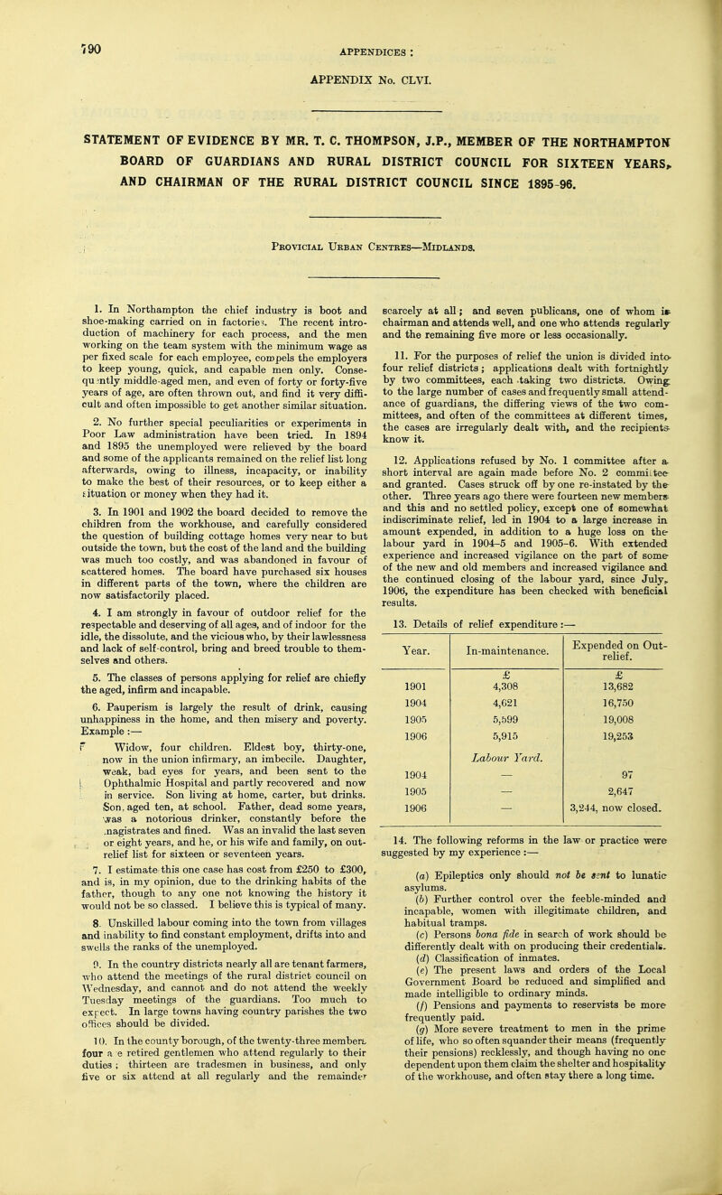 ^90 APPENDIX No. CLVI. STATEMENT OF EVIDENCE BY MR. T. C. THOMPSON, J.P., MEMBER OF THE NORTHAMPTO!f BOARD OF GUARDIANS AND RURAL DISTRICT COUNCIL FOR SIXTEEN YEARS* AND CHAIRMAN OF THE RURAL DISTRICT COUNCIL SINCE 1895-96. Pbovicial Ukban Centres—Midlands. 1. In Northampton the chief industry is boot and shoe-making carried on in factories. The recent intro- duction of machinery for each process, and the men ■working on the team system with the minimum wage as per fixed scale for each employee, compels the employers to keep young, quick, and capable men only. Conse- quently middle-aged men, and even of forty or forty-five years of age, are often thrown out, and find it very diffi- cult and often impossible to get another similar situation. 2. No further special peculiarities or experiments in Poor Law administration have been tried. In 1894 and 1895 the unemployed were relieved by the board and some of the applicants remained on the relief list long afterwards, owing to illness, incapacity, or inability to make the best of their resources, or to keep either a situation or money when they had it. 3. In 1901 and 1902 the board decided to remove the children from the workhouse, and carefully considered the question of building cottage homes very near to but outside the town, but the cost of the land and the building ■was much too costly, and was abandoned in favour of scattered homes. The board have purchased six houses in different parts of the town, where the children are now satisfactorily placed. 4. I am strongly in favour of outdoor relief for the respectable and deserving of all ages, and of indoor for the idle, the dissolute, and the vicious who, by their lawlessness and lack of self-control, bring and breed trouble to them- selves and others. 5. The classes of persons applying for relief are chiefly the aged, infirm and incapable. 6. Pauperism is largely the result of drink, causing unhappiness in the home, and then misery and poverty. Example:— F Widow, four children. Eldest boy, thirty-one, now in the union infirmary, an imbecile. Daughter, weak, bad eyes for years, and been sent to the L Ophthalmic Hospital and partly recovered and now I. in service. Son living at home, carter, but drinks. Son, aged ten, at school. Father, dead some years, was a notorious drinker, constantly before the .nagistrates and fined. Was an invalid the last seven or eight years, and he, or his wife and family, on out- relief list for sixteen or seventeen years. 7. I estimate this one case has cost from £250 to £300, and is, in my opinion, due to the drinking habits of the father, though to any one not knowing the history it would not be so classed. I believe this is typical of many. 8. Unskilled labour coming into the town from villages and inability to find constant employment, drifts into and swells the ranks of the unemployed. 0. In the country districts nearly all are tenant farmers, who attend the meetings of the rural district council on Wednesday, and cannot and do not attend the weekly Tuesday meetings of the guardians. Too much to expect. In large towns having country parishes the two offices should be divided. 10. In the county borough, of the twenty-three membert four a e retired gentlemen who attend regularly to their duties ; thirteen are tradesmen in business, and only five or six attend at all regularly and the remainder scarcely at all; and seven publicans, one of whom i» chairman and attends well, and one who attends regularly and the remaining five more or less occasionally, 11. For the purposes of relief the union is divided into- four relief districts; applications dealt with fortnightly by two committees, each .taking two districts. Owing to the large number of cases and frequently small attend- ance of guardians, the differing views of the two com- mittees, and often of the committees at different times, the cases are irregularly dealt with, and the recipients- know it. 12. Applications refused by No. 1 committee after a. short interval are again made before No. 2 commiitec- and granted. Cases struck off by one re-instated by the other. Three years ago there were fourteen new members and this and no settled policy, except one of somewhat indiscriminate reUef, led in. 1904 to a large increase in amount expended, in addition to a huge loss on the labour yard in 1904-5 and 1905-6. With extended experience and increased vigilance on the part of some of the new and old members and increased vigilance and the continued closing of the labour yard, since July, 1906, the expenditure has been checked with beneficial results. 13. Details of relief expenditure:— Year. In-maintenance. Expended on Out- relief. £ £ 1901 4,308 13,682 1904 4,G21 16,750 190.5 5,&99 19,008 1906 5,915 19,253 Labour Yard. 1904 97 1905 2,647 1906 3,244, now closed. 14. The following reforms in the law or practice were suggested by my experience :— (a) Epileptics only should not it sent to lunatie asylums. (&) Further control over the feeble-minded and incapable, women with illegitimate children, and habitual tramps. (c) Persons bona fide in search of work should be differently dealt with on producing their credentials. {d) Classification of inmates. (e) The present laws and orders of the Local Government Board be reduced and simplified and made intelligible to ordinary minds. (/) Pensions and payments to reservists be more frequently paid. (g) More severe treatment to men in the prime of life, who so often squander their means (frequently their pensions) recklessly, and though having no one dependent upon them claim the shelter and hospitality of the workhouse, and often stay there a long time.