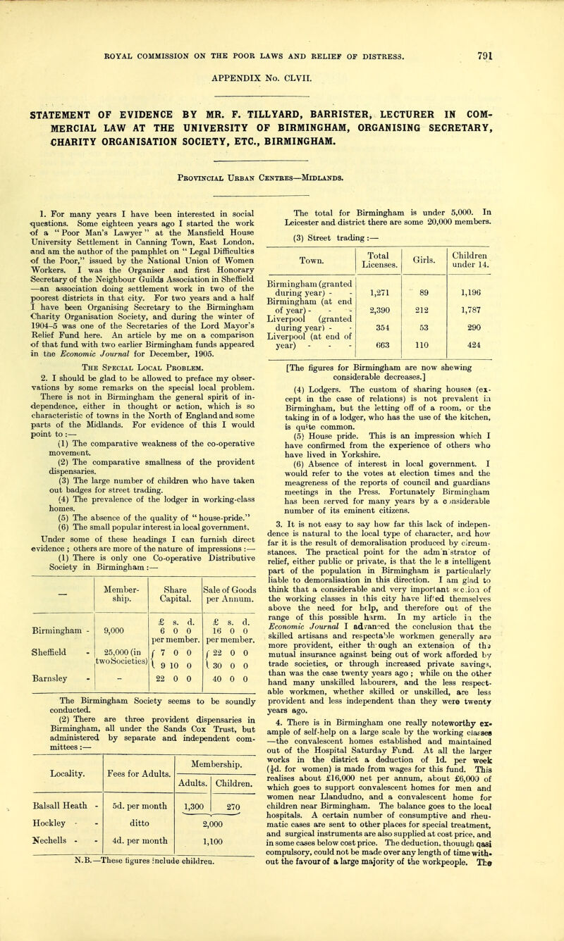 APPENDIX No. CLVII. STATEMENT OF EVIDENCE BY MR. F. TILLYARD, BARRISTER, LECTURER IN COM- MERCIAL LAW AT THE UNIVERSITY OF BIRMINGHAM, ORGANISING SECRETARY, CHARITY ORGANISATION SOCIETY, ETC., BIRMINGHAM. Pbovincial Ubban Centees—Midlands. 1. For many years I have been interested, in social questions. Some eighteen years ago I started the work of a  Poor Man's Lawyer at the Mansfield House University Settlement in Canning Town, East London, and am the author of the pamphlet on  Legal Difficulties of the Poor, issued by the National Union of Women Workers. I was the Organiser and first Honorary Secretary of the Neighbour Guilds Association in Sheffield —an association doing settlement work in two of the poorest districts in that city. For two years and a half 1 have been Organising Secretary to the Birmingham Charity Organisation Society, and during the winter of 1904-5 was one of the Secretaries of the Lord Mayor's Relief Fund here. An article by me on a comparison of that fund with two earlier Birmingham funds appeared in tne Economic Journal for December, 1905. The Special Local Problem. 2. I should be glad to be allowed to preface my obser- vations by some remarks on the special local problem. There is not in Birmingham the general spirit of in- dependence, either in thought or action, which is so characteristic of towns in the North of England and some parts of the Midlands. For evidence of this I would point to:— (1) The comparative weakness of the co-operative movement. (2) The comparative smallness of the provident dispensaries. (3) The large number of children who have taken out badges for street trading. (4) The prevalence of the lodger in working-class homes. (5) The absence of the quaUty of  house-pride. (6) The smaU popular interest in local government. Under some of these headings I can furnish direct evidence ; others are more of the nature of impressions :— (1) There is only one Co-operative Distributive Society in Birmingham :—• Member- Share Sale of Goods ship. Capital. per Annum. £ s. d. £ s. d. Birmingham - 9,000 6 0 0 16 0 0 per member. per member. Sheffield 25,000 (in / 7 0 0 r 22 0 0 two Societies) I 9 10 0 1 30 0 0 Barnsley 22 0 0 40 0 0 The Birmingham Society seems to be soundly conducted. (2) There are three provident dispensaries in Birmingham, all under the Sands Cox Trust, but administered by separate and independent com- mittees :— Locality. Fees for Adults. Membership. Adults. Children. Balsall Heath - 5d. per month 1,300 270 Hockley - ditto 2,000 Kechells - 4d. per month 1,100 The total for Birmingham is under 5,000. In Leicester and district there are some 20,000 members. (3) Street trading :— Town. Total Licenses. Biimingham (granted during year) - Birmingham (at end of year) - Liverpool (granted during year) - Liverpool (at end of year) - 1,271 2,390 354 663 Girls. 89 212 53 110 Children under 14. 1,196 1,787 290 424 N.B.—These figures include childreQ. [The figures for Birmingham are now shewing considerable decreases.] (4) Lodgers. The custom of sharing houses (ex- cept in the case of relations) is not prevalent i;i Birmingham, but the letting off of a room, or the taking in of a lodger, who has the use of the kitchen, is qu<te common. (.5) House pride. This is an impression which I have confirmed from the experience of others who have lived in Yorkshire. (6) Absence of interest in local government. I would refer to the votes at election times and the meagreness of the reports of council and guardians meetings in the Press. Fortunately Birmingham has been served for many years by a o msiderable number of its eminent citizens. 3. It is not easy to say how far this lack of indepen- dence is natural to the local type of character, and how far it is the result of demoralisation produced by circum- stances. The practical point for the adm'n'strator of relief, either public or private, is that the le s intelligent part of the population in Birmingham is particularly liable to demoralisation in this direction. I am glad to think that a considerable and very important scc.io.i of the working classes in Ihis city have lif'ed themselves above the need for help, and therefore out of the range of this possible harm. In my article ia the Economic Journal I adranced the conclusion that the skilled artisans and respectable workmen generally ara more provident, either th ough an extension of thj mutual insurance against being out of work afforded by trade societies, or through increased private saving-^, than was the case twenty years ago ; while on the other hand many unskilled labourers, and the less respect- able workmen, whether skilled or unskilled, are less provident and less independent than they were twenty years ago. 4. There is in Birmingham one really noteworthy ex- ample of self-help on a large scale by the working clafsea —the convalescent homes established and maintained out of the Hospital Saturday Fund. At all the larger works in the district a deduction of Id. per week (^. for women) is made from wages for this fund. This reahses about £16,000 net per annum, about £6,000 of which goes to support convalescent homes for men and women near Llandudno, and a convalescent home for children near Birmingham. The balance goes to the local hospitals. A certain number of consumptive and rheu- matic cases are sent to other places for special treatment, and surgical instruments are also supplied at cost price, and in some cases below cost price. The deduction, thouugh qasi compulsory, could not be made over any length of time with* out the favour of a large majority of the workpeople. The