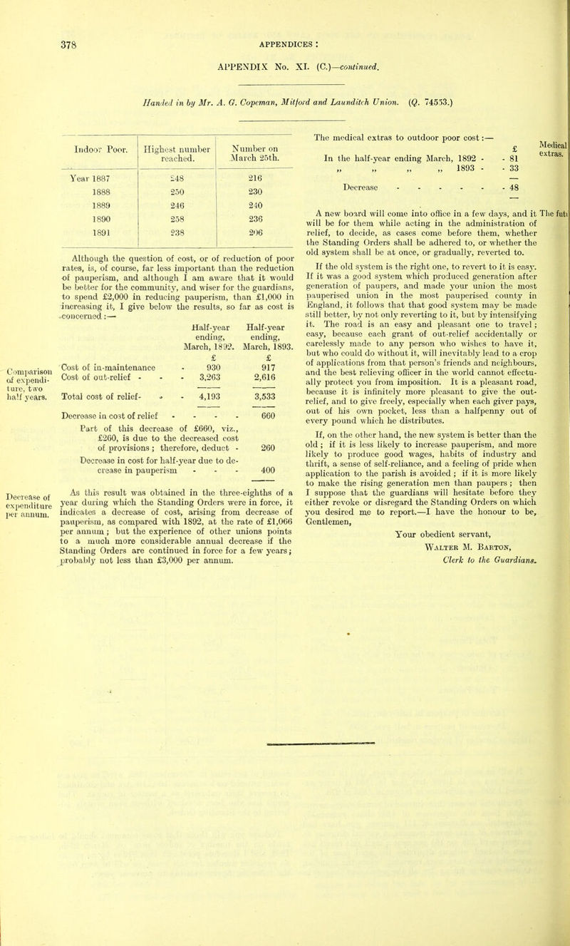 APPENDIX No. XI. (C.)—conlinued. Handed in by Mr. A. 0. Copeman, Mitford and Launditch Union. (Q. 74553.) Comparison of expendi- ture, two half years. Decrease of exjienditure per annum. Indoor Poor. Highest number reached. Number on March 25th. Year 1887 £48 216 1888 250 230 1889 246 240 1890 258 236 1891 238 206 Although the question of cost, or of reduction of poor rates, is, of course, far less important than the reduction of pauperism, and although I am aware that it would be better for the community, and wiser for the guardians, to spend £2,000 in reducing pauperism, than £1,000 in -increasing it, I give below the results, so far as cost is o^coucerued:—• Cost of ia-m,aintenance Cost of out-relief - Total cost of relief- Half-year ending, March, 1892. £ 930 3,263 4,193 Decrease in cost of relief .... Part of this decrease of £660, viz., £260, is due to the decreased cost of provisions ; therefore, deduct - Decrease in cost for half-year due to de- crease in pauperism Half-year ending, March, 1893. £ 917 2,616 3,533 660 260 400 As this result was obtained in the three-eighths of a year daring wliich the Standing Orders were in force, it indicates a decrease of cost, arising from decrease of pauperism, as compared with 1892, at the rate of £1,066 per annum; but the experience of other unions points to a much more considerable annual decrease if the Standing Orders are continued in force for a few years; probably not less than £3,000 per annum. The medical extras to outdoor poor cost:— In the half-year ending March, 1892 - 1893 - Decrease £ 81 33 48 Medical extras. A new board will come into office in a few days, and it The futi will be for them while acting in the administration of relief, to decide, as cases come before them, whether the Standing Orders shall be adhered to, or whether the old system shall be at once, or gradually, reverted to. If the old system is the right one, to revert to it is easy. If it was a good system which produced generation after generation of paupers, and made yoiu union the most pauperised union in the most pauperised county in England, it follows that that good system may be made still better, by not only reverting to it, but by intensifying it. The road is an easy and pleasant one to travel; easy, because each grant of out-relief accidentally or carelessly made to any person who wishes to have it, but who could do without it, will inevitably lead to a crop of applications from that person's friends and neighbo^irs, and the best relieving officer in the world cannot effectu- ally protect you from imposition. It is a pleasant road, because it is infinitely more pleasant to give the out- relief, and to give freely, especially when each giver pajrs, out of his own pocket, less than a halfpenny out of every pound which he distributes. If, on the other hand, the new system is better than the old; if it is less likely to increase pauperism, and more likely to produce good wages, habits of industry and thrift, a sense of self-reliance, and a feeling of pride when application to the parish is avoided ; if it is more likely to make the rising generation men than paupers ; then I suppose that the guardians will hesitate before they either revoke or disregard the Standing Orders on which you desired me to report.—I have the honour to be. Gentlemen, Your obedient servant, Walter M. Baeton, Clerk to the Guardians.