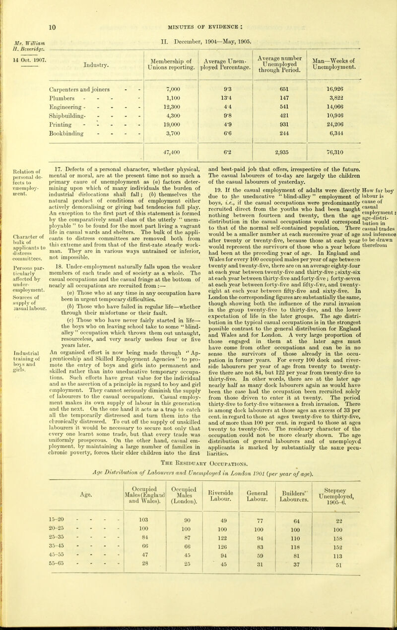 3Ir. William II. Bcveridge. II. December, 1904—May, 1905. 14 Oct. 1907. Relation of personal de- fects to iiDemploy- meiit. Character of 1)iilk of applicants to distress committees. Persons par- ticularly atFected by under- employment. Sources of supply of casual labour. Industrial training of h(>i s and ffirls. Industry. Membership of Unions reporting. Average Unem- ployed Percentage. Average number TT 1 1 U nempioyed through Period. Man—Weeks of Unemployment. Carpenters and joiners 7,000 9-3 651 16,926 Plumbers - * - . ' 1,100 13-4 147 3,822 Engineering - - - - - 12,300 4-4 541 14,066 tShipbuilding- - 4,300 98 421 10,946 Printing - . . . . 19,000 4-9 931 24,206 Bookbinding - 3,700 6-6 244 6,344 47,400 6-2 2,935 76,310 17. Defects of a personal character, whether physical, mental or moral, are at the present time not so much a primary cause of unemployment as (a) factors deter- mining upon which of many individuals the burden of industrial dislocations shall fall; (b) themselves the natural product of conditions of employment either actively demoralising or giving bad tendencies full play. An exception to the first part of this statement is formed by the comparatively small class of the utterly  unem- ployable  to be found for the most part living a vagrant life in casual wards and shelters. The bulk of the appli- cants to distress committees are removed both from this extieme and from that of the first-rate steady work- man. They are in various ways imtrained or inferior, not impossible. 18. Under-employment naturally falls upon the weaker members of each trade and of society as a whole. The casual occupations and the casual fringe at the bottom of nearly all occupations are recruited from :— (a) Those who at any time in any occupation have been in urgent temporary difficulties. (b) Those who have failed in regular life—whether through their misfortune or their fault. (c) Those who have never fairly started in life— the boys who on leaving school take to some  blind- alley  occupation which throws them out untaught, resourceless, and very nearly useless four or five years later. An organised effort is now being made through  Ap- prenticeship and Skilled Employment Agencies to pro- mote the entry of boys and girls into permanent and skilled rather than into imeducative temporary occupa- tions. Such efforts have great value for the individual and as the assertion of a principle in regard to boy and girl employment. They cannot seriously diminish the supply of labourers to the casual occupations. Casual employ- ment makes its own supply of labour in this generation and the next. On the one liand it acts as a trap to catch all the temporarily distressed and turn them into the chronically distressed. To cut off the supply of unskilled labourers it would be necessary to secure not only that every one learnt some trade, but that every trade was uniformly prosperous. On the other hand, casual em- ployment, by maintaining a large number of families in chronic poverty, forces their elder children into the first and best-paid job that offers, irrespective of the future. The casual labourers of to-day are largely the children of the casual labourers of yesterday. 19. If the casual employment of adults were directly due to the uneducative  blind-alley employment of boys, i.e., if the casual occupations were predominantly recruited direct from the youths who had been taught nothing between fourteen and twenty, then the age distribution in the casual occupations would correspond to that of the normal self-contained population. There would be a smaller number at each successive year of age after twenty or twenty-five, because those at each year would represent the survivors of those who a year before had been at the preceding year of age. In England and Wales for every 100 occupied males per year of age betwean twenty and twenty-five, there are on an average eighty-four at eacih year between twenty-five and thirty-five ; sixty-six at each year between thirty-five and forty-five; forty-seven at each year between forty-five and fifty-five, and twenty- eight at each year between fifty-five and sixty-five. In London the corresponding figures are substantially the same, though showing both the influence of the rural invasion in the group twenty-five to thirty-five, and the lower expectation of life in the later groups. The age distri- bution in the typical casual occupations is in the strongest possible contrast to the general distribution for England and Wales and for London. A very large proportion of those engaged in them at the later ages must have come from other occupations and can be in no sense the survivors of those already in the occu- pation in former years. For every 100 dock and river- side labourers per year of age from twenty to twenty- five there are not 84, but 122 per year from twenty-five to thirty-five. In other words, there are at the later ago nearly half as many dock labourers again as would have been the case had the occupation been recruited solely from those driven to enter it at twenty. The period thirty-five to forty-five witnesses a fresh invasion. There is among dock labourers at those ages an excess of 33 per cent, in regard to those at ages twenty-five to thirty-five, and of more than 100 per cent, in regard to those at ages twenty to twenty-five. The residuary character of the occupation could not be more clearly shown. The age distribution of general labourers and of unemployed applicants is marked by substantially the same pecu- liarities. How far boy labour is cause of casual employment: age-distri- bution in casual trades and inference to be drawn therefrom The Residuary Occupations. Age Distribution of Labourers and Unemployed in London 1901 (per year of age). Age. Occupied Male.s (England and Wales). Occupied Males (London). Riverside Labour. General Labour. Builders' Labourers. Stepney Unemployed, 1905-6. 15-20 - . - . 103 90 49 77 64 22 20-25 - - - - 100 100 100 100 100 100 25-35 - . - . 84 87 122 94 110 158 35-45 .... 66 66 126 83 118 152 4.5-55 .... 47 45 94 59 81 113 55-65 .... 28 25 45 31 37 51