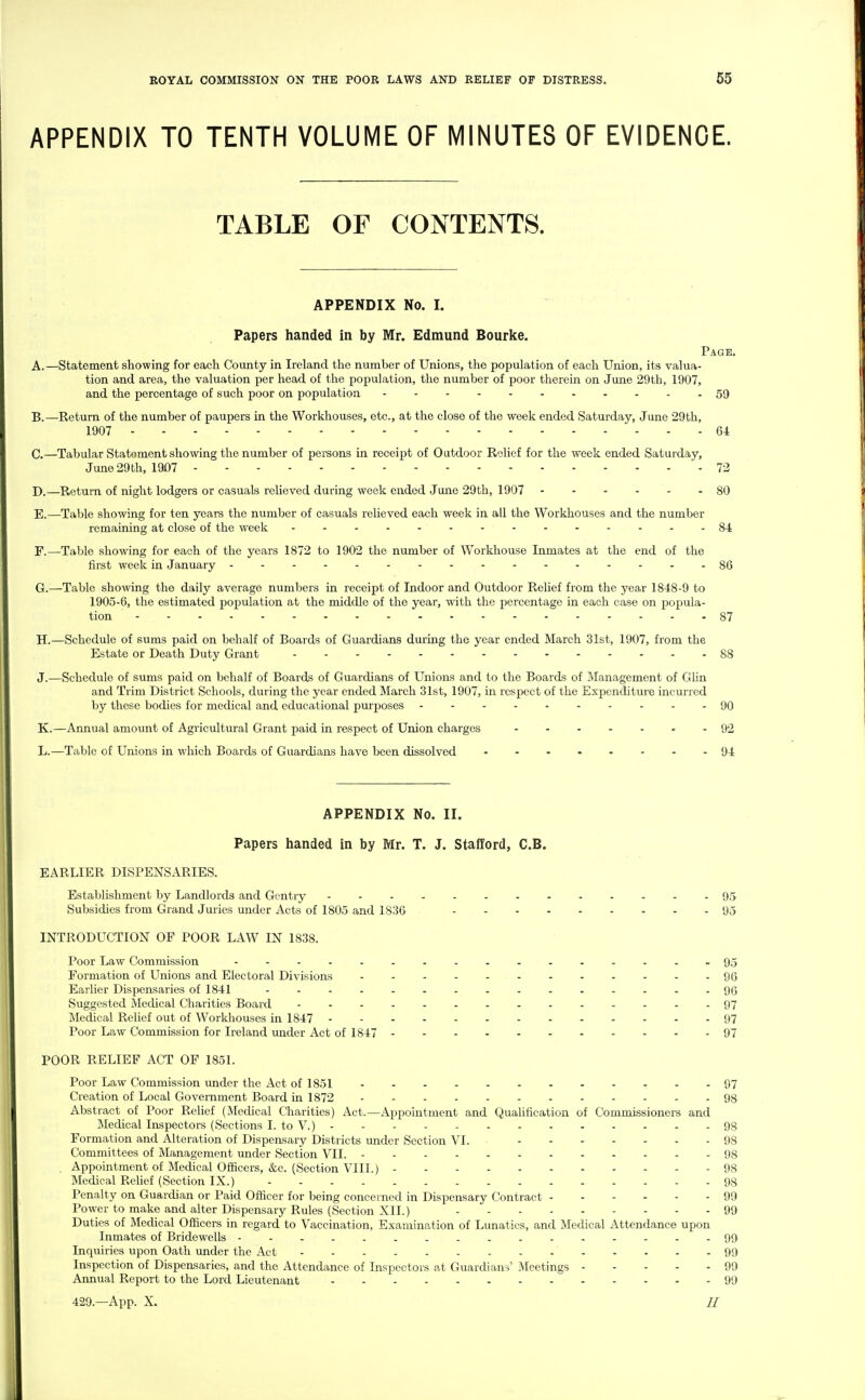 APPENDIX TO TENTH VOLUME OF MINUTES OF EVIDENCE. TABLE OF CONTENTS. APPENDIX No. I. Papers handed in by Mr. Edmund Bourke. Page. A. —Statement showing for each County in Ireland the number of Unions, the population of each Union, its valua- tion and area, the valuation per head of the population, the number of poor therein on June 29th, 1907, and the percentage of such poor on population 59 B. —Return of the number of paupers in the Workhouses, etc., at the close of the week ended Saturday, June 29th, 1907 64 C. —Tabular Statement showing the number of persons in receipt of Oatdoor Relief for the week ended Saturday, June 29th, 1907 72 D. —Return of night lodgers or casuals relieved during week ended June 29th, 1907 80 E. —Table showing for ten years the number of casuals relieved each week in all the Workhouses and the number remaining at close of the week 84 F. —Table showing for each of the years 1872 to 1902 the number of Workhouse Inmates at the end of the first week in January 86 G. —Table sho^ving the daily average numbers in receipt of Indoor and Outdoor Relief from the year 1848-9 to 1905-6, the estimated population at the middle of the year, with the percentage in each case on popula- tion 87 H. —Schedule of sums paid on behalf of Boards of Guardians during the year ended March 31st, 1907, from the Estate or Death Duty Grant 88 J.—Schedule of sums paid on behalf of Boards of Guardians of Unions and to the Boards of Management of Glin and Trim District Schools, during the year ended March 31st, 1907, in respect of the Expenditure incurred by these bodies for medical and educational purposes go K.—Annual amount of Agricultural Grant paid in respect of Union charges 92 L.—Table of Unions in which Boards of Guardians have been dissolved 94 APPENDIX No. II. Papers handed in by Mr. T. J. Stafford, C.B. EARLIER DISPENSARIES. Establishment by Landlords and Gentry 95 Subsidies from Grand Juries under Acts of 1805 and 1836 95 INTRODUCTION OF POOR LAW IN 1838. Poor Law Commission - -- -...........-95 Formation of Unioiis and Electoral Divisions 96 Earlier Dispensaries of 1841 96 Suggested Medical Charities Board - -..........-.97 Medical Relief out of Workhouses in 1847 97 Poor Law Commission for Ireland under Act of 1847 97 POOR RELIEF ACT OF 1851. Poor Law Commission under the Act of 1851 97 Creation of Local Government Board in 1872 98 Abstract of Poor Relief (Medical Charities) Act.—Appointment and Qualification of Commissioners and Medical Inspectors (Sections I. to V.) 98 Formation and Alteration of Dispensary Districts under Section VI. 98 Committees of Management under Section VII. 98 . Appointment of Medical Officers, &c. (Section VIII.) 98 Medical Relief (Section IX.) 98 Penalty on Guardian or Paid Officer for being concerned in Dispensary Contract 99 Power to make and alter Dispensary Rules (Section XII.) 99 Duties of Medical Officers in regard to Vaccination, Examin?.tion of Lunatics, and Medical Attendance upon Inmates of Bridewells 99 Inquiries upon Oath under the Act 99 Inspection of Dispensaries, and the Attendance of Inspectors at Guardians' Meetings 99 Annual Report to the Lord Lieutenant 99 429.—App. X. H