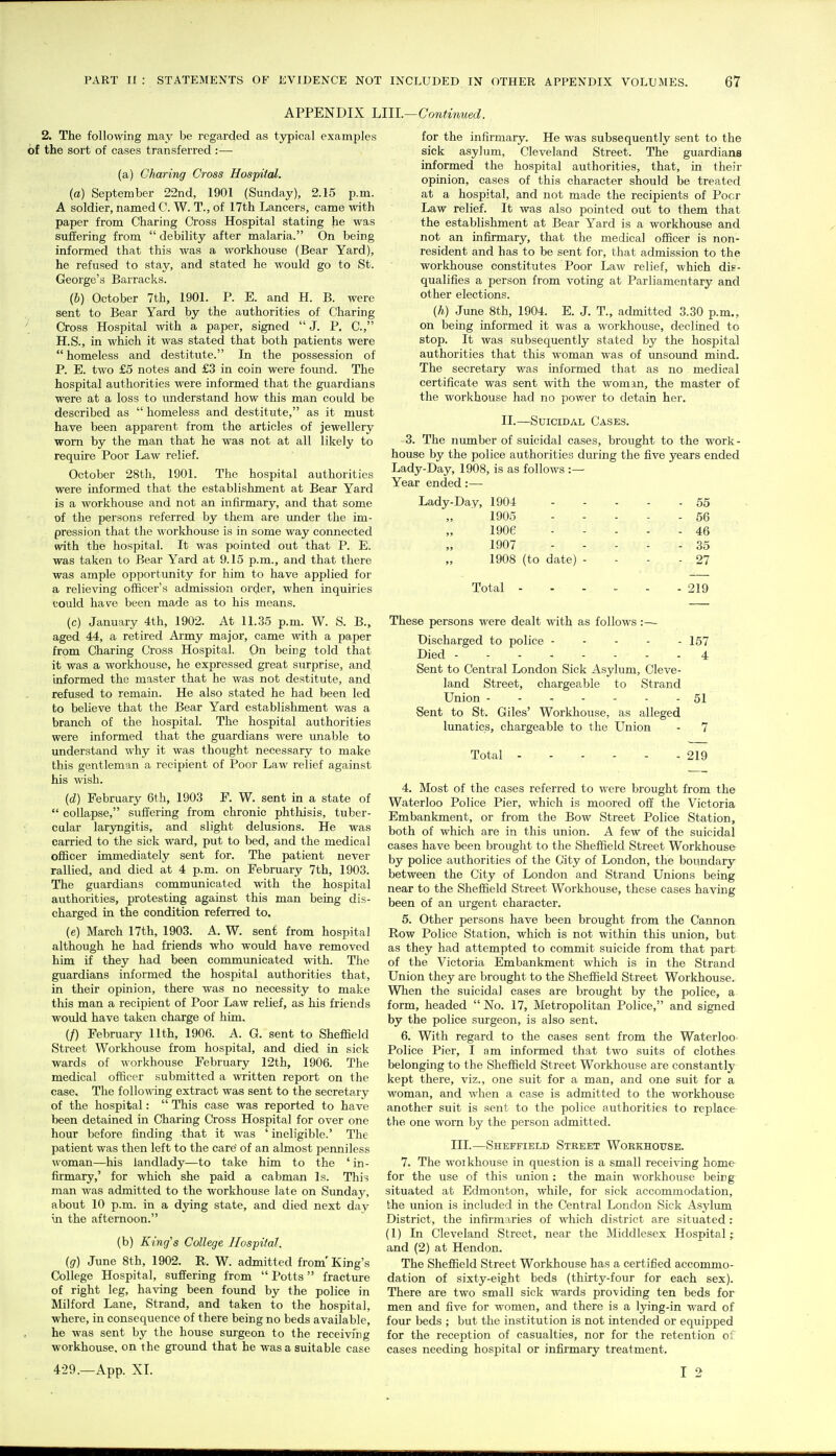 APPENDIX hllL—Continued. 2. The following may be regarded as typical examples the sort of cases transferred :— (a) Charing Cross Hospital. {a) September 22nd, 1901 (Sunday), 2.15 p.m. A soldier, named C. W. T., of 17th Lancers, came with paper from Charing Cross Hospital stating he was suffering from  debility after malaria. On being informed that this was a workhouse (Bear Yard), he refused to stay, and stated he would go to St. George's Barracks. (6) October 7th, 1901. P. E. and H. B. were sent to Bear Yard by the authorities of Charing Cross Hospital with a paper, signed  J. P. C, H.S., in which it was stated that both patients were  homeless and destitute. In the possession of P. E. two £5 notes and £3 in coin were found. The hospital authorities were informed that the guardians were at a loss to understand how this man could be described as  homeless and destitute, as it must have been apparent from the articles of jewellery worn by the man that he was not at all likely to require Poor Law relief. October 28th, 1901. The hospital authorities were informed that the establishment at Bear Yard is a workhouse and not an infirmary, and that some of the persons referred by them are under the im- pression that the workhouse is in some way connected with the hospital. It was pointed out that P. E. was taken to Bear Yard at 9.15 p.m., and that there was ample opportunity for him to have applied for a relieving officer's admission or(Jer, when inquiries could have been made as to his means. (c) January 4th, 1902. At 11.35 p.m. W. S. B., aged 44, a retired Army major, came with a paper from Charing Cross Hospital. On being told that it was a workhouse, he expressed great surprise, and informed the master that he was not destitute, and refused to remain. He also stated he had been led to believe that the Bear Yard establishment was a branch of the hospital. The hospital authorities were informed that the guardians were miable to understand why it was thought necessary to make this gentleman a recipient of Poor Law relief against his wish. {d) February 6th, 1903 P. W. sent in a state of  collapse, suffering from chronic phthisis, tuber- cular laryngitis, and slight delusions. He was carried to the sick ward, put to bed, and the medical officer immediately sent for. The patient never rallied, and died at 4 p.m. on February 7th, 1903. The guardians communicated with the hospital authorities, protesting against this man being dis- charged in the condition referred to. (e) March 17th, 1903. A. W. sent from hospital although he had friends who would have removed him if they had been communicated with. The guardians informed the hospital authorities that, in their opinion, there was no necessity to make this man a recipient of Poor Law relief, as his friends would have taken charge of him. (/) February 11th, 1906. A. G. sent to Sheffield Street Workhouse from hospital, and died in sick wards of workhouse February 12th, 1906. The medical officer submitted a written report on the case. The following extract was sent to the secretary of the hospital:  This case was reported to have been detained in Charing Cross Hospital for over one hour before finding that it was ' ineligible.' The patient was then left to the care of an almost penniless woman—his landlady—to take him to the ' in- firmary,' for which she paid a cabman Is. This man was admitted to the workhouse late on Sunday, about 10 p.m. in a d3ang state, and died next day \n the afternoon. (b) King's College Hospital. (g) June 8th, 1902. R. W. admitted from'King's College Hospital, suffering from  Potts fracture of right leg, having been found by the police in Milford Lane, Strand, and taken to the hospital, where, in consequence of there being no beds available, he was sent by the house surgeon to the receiving workhouse, on the ground that he was a suitable case 4-29.—App. XI. for the infirmary. He was subsequently sent to the sick asylum, Cleveland Street. The guardians informed the hospital authorities, that, in their opinion, cases of this character should be treated at a hospital, and not made the recipients of Poor Law relief. It was also pointed out to them that the establishment at Bear Yard is a workhouse and not an infirmary, that the medical officer is non- resident and has to be sent for, that admission to the workhouse constitutes Poor Law relief, which dis- qualifies a person from voting at Parliamentary and other elections. (h) June 8th, 1904. E. J. T., admitted 3.30 p.m., on being informed it was a workhouse, declined to stop. It was subsequently stated by the hospital authorities that this woman was of xmsound mind. The secretary was informed that as no medical certificate was sent with the woman, the master of the workhouse had no power to detain her. II.—Suicidal Cases. 3. The number of suicidal cases, brought to the work - house by the police authorities during the five years ended Lady-Day, 1908, is as follows :— Year ended:— Lady-Day, 1904 55 1905 56 1906 46 1907 35 1908 (to date) - - - - 27 Total 219 These persons were dealt with as follows:— Discharged to police ----- 157 Died 4 Sent to Central London Sick Asylum, Cleve- land Street, chargeable to Strand Union 51 Sent to St. Giles' Workhouse, as alleged lunatics, chargeable to the Union - 7 Total 219 4. Most of the cases referred to were brought from the Waterloo Police Pier, which is moored off the Victoria Embankment, or from the Bow Street Police Station, both of which are in this union. A few of the suicidal cases have been broixght to the Sheffield Street Workhouse by police authorities of the City of London, the boundary between the City of London and Strand Unions being near to the Sheffield Street Workhouse, these cases having been of an urgent character. 5. Other persons have been brought from the Cannon Row Police Station, which is not within this union, but as they had attempted to commit suicide from that part of the Victoria Embankment which is in the Strand Union they are brought to the Sheffield Street Workhouse. When the suicidal cases are brought by the police, a form, headed  No. 17, Metropolitan Police, and signed by the police surgeon, is also sent. 6. With regard to the cases sent from the Waterloo Police Pier, I am informed that two suits of clothes belonging to the Sheffield Street Workhouse are constantly kept there, viz., one suit for a man, and one suit for a woman, and when a case is admitted to the workhouse another suit is sent to the police authorities to replace the one worn by the person admitted. III.—Sheffield Street Woekhotjse. 7. The workhouse in question is a small receiving home for the use of this union : the main workhouse being situated at Edmonton, while, for sick accommodation, the union is included in the Central London Sick Asylum District, the infirmaries of which district are situated : (1) In Cleveland Street, near the Middlesex Hospital j and (2) at Hendon. The Sheffield Street Workhouse has a certified accommo- dation of sixty-eight beds (thirty-four for each sex). There are two small sick wards providing ten beds for men and five for women, and there is a lying-in ward of four beds ; but the institution is not intended or equipped for the reception of casualties, nor for the retention of cases needing hospital or infirmary treatment. I 2