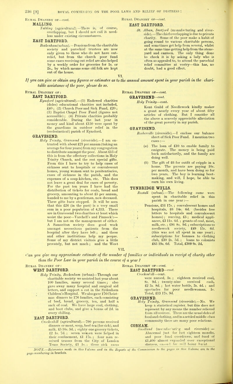 EuRAL Deanery of—cont. MAILING. Yalding (agricultural).—There is, of course, overlapping, but I should not call it need- less under existing circumstances. EAST DARTFOHD. Bcckenham{uxhan).—Pensions from the charitable society and parochial trustees are now only given to those who do not have out- relief, but from the church poor fund some cases receiving out-relief are also helped by a weekly order for groceries for Is. or 23., by which means some old folk are kept out of the house. Rural Deanery of—conl. EAST LAETEORD. St. Alban, Dartjord (manufacturing and river- side).—The chief overlapping is due to private charity. Some of the poor make a habit of going round to various charitable persons, and sometimes get help from several, whilst at the same time getting help from the stone- yard and canteen. The only thing done to check it is by asking a lady who is often so appealed to, to attend the parochial relief committee at vestry—this has, no doubt, had a good effect. vr. // you can give or obtain any figures or estimates as to the annual amount spent in your parish in the chari- table assistance of the poor, please do so. Rural Deanery of: EAST DARTFOED. Eynsford (agricultural).-—(1) Endowed charities (doles) educational charities not included, £40 ; (2) Church Poor and Sick Fund, £20 ; (3) Baptist Chapel Poor Fund (figures not accessible); (4) Private charities probably considerable. During the last year in money and kind about £150 were spent by the guardians in outdoor relief in the (ecclesiastical) parish of Eynsford. GRAVESEND. Holy Trinity, Gravesmd (riverside).—I am en- trusted with about £21 per annum (taking an average for four j'ears) from my congregation to distribute amongst the poor. About £15 of this is from the offertory collections in Holy Trinity Church, and the rest special gifts. From this I have to try to help cases of sickness sent to hospitals or convalescent homes, young women sent to penitentiaries, cases of sickness in the parish, and the expenses of a soup-kitchen, etc. This does not leave a great deal for cases of poverty. For the past ten years I have had the distribution of tickets for coals, bread and grocery, amounting to about £5 per annum, handed to me by a gentleman, now deceased. These gifts have stopped. It will be seen that this £26 (in the past) is a very small sum in a poor population of 4,35.3. There are in Gravesend two charities at least which assist the poor—Varchell's and Pinnock's— but I am not on the management of either. A Samaritan society does good work amongst necessitous patients from the hospital after they have left; and these and other institutions help my people. Some of my district visitors give a little privately, but not much ; and the West Rural Deanery of—cont. GRAVESEND-t'o«<. Holy Trinity—cont. Kent Guild of Needlework kindly make? a grant nearly every year of about fifty articles of clothing. But I consider all the above a scarcely appreciable alleviation of the great poverty in my parish. GRAVESEND. Rosherville (riverside).—I enclose our balance sheet of Sick Poor Fimd. I mention two cases:— (a) The loan of £10 to enable family to emigrate. The money is being paid back satisfactorily, and the family are doing well. (b) The gift of £6 for outfit of cripple in a home. The parents are paying 10s. per month, and have been doing so for two years. The boy is learning boot- making, and will, I hope, be able to earn his own living. TUNBRILGE WEXLS. Rustall (urban).—The following sums were spent in charitable relief in this parish in one year:— Pensions, £51 17s. ; convalescent homes and hospitals, £6 14s. 6d. (besides free ^ ' letters to hospitals and convalescent \ homes); nursing, £5 ; medical appli- ances, £3 lis. Gd. ; grants of coal, meat, milk, etc.; £96 8s. 9d.; subscriptions to needlework society, £49 15s. 6d. (this was not all spent in one year) ; , V subscriptions for bonuses to clothing club, £30 2s. 5d. ; loans to colonists £65 19s. 6d. Total, £309 9s. 2d. VII, t'^an you give any approximate estimate of the number than the Poor Law in your parish in the course .Rural Deanery of : WEST DARTFORD. Holy Trinity, BeckenJiam (urban)—Through our charitable society we assisted last year about 100 families, many several times; also gave away many hospital and surgical aid letters, and support a cot in the Sj^denham ^ Children's Hospital. We also gave 176 Christ- mas dinners to 176 families, each consisting of beef, bread, groceiy, tea, and half a sack of coal. We have large coal, clothing, and boot clubs, and give a bonus of 2d. in every shilling. 1:AST DARTFORD. Crockcnhill (agricultural).—790 persons received dinners or meat, soup, beef-tea (for sick), and milk, £5 16s. 5d. ; eighty one grocery tickets, £2 Is. 7d. ; seven women were helped in their confinement, £1 17s. ; four men re- ceived trusses from the City of London Truss Society, £1 Is. ; three sick cases of families or individuals in receipt of charity other of a year ? Rural Deanery of—cont. EAST DARTFORD-coH^ Crockenh ill—cont. were nursed, 5s. ; eighteen received coal, 8s. 9d. ; twenty-nine leceived cash, £2 3s. 8d. ; hot water bottle, 3s. 4d.; and spectacles for poor needlewoman, 1.=. Total, £13 17s. 9d. GRAVESEND. Holy Trinity, Gravesend (riverside).—No. We keep a statistical register, but this does not represent by any means the number relieved from all sources. There are the usual doles of food and clothing, and in a settled middle-clafs community there are many poor relations. COBHAM. iSnodland (ma::ufac'uri-^g and riverside) — Abnormal iust for last eighteen months, and poor fund overdrawn, and fund of £1,400 almost expended over exceptional distress, cavse l bv mi)] being burnt NOTE.—Beferences made in this Volume and in the Beports of the Commission to the pages in (his Volume are to the page-nvmbering in brackets.