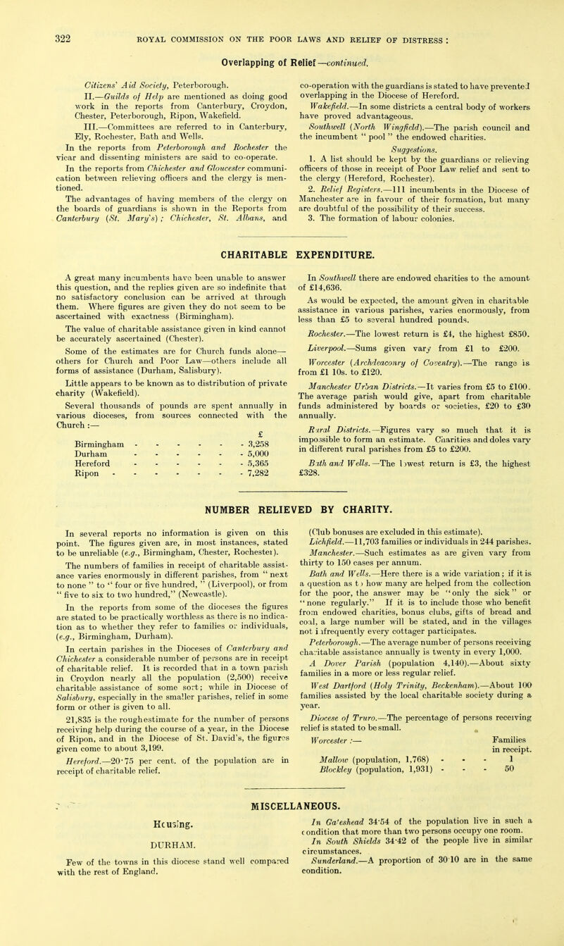 Overlapping of Reliet—continued. Citizens' Aid Society, Peterborough. II. —Guilds of Help are mentioned as doing good work in the reports from Canterbury, Croydon, Chester, Peterborough, Ripon, Wakefield. III. —Committees are referred to in Canterbury, Ely, Rochester, Bath and Wells. In the reports from Peterhoroxigh and Rochester the vicar and dissenting ministers are said to co-operate. In the reports from Chichester and Gloucester communi- cation between relieving officers and the clergy is men- tioned. The advantages of having members of the clergy on the boards of guardians is shown in the Reports from Canterbury (St. Mary's) ; Chichester, St. Albans, and co-operation with the guardians is stated to have prevented overlapping in the Diocese of Hereford. Wakefield.—In some districts a central body of workers have proved advantageous. Southwell (North Wingficld).—The parish council and the incumbent  pool  the endowed charities. Suggestions. 1. A list should be kept by the guardians or relieving officers of those in receipt of Poor Law relief and sent to the clergy (Hereford, Rochester). 2. Relief Registers.—111 incumbents in the Diocese of Manchester are in favour of their formation, but many are doubtful of the possibility of their success. 3. The formation of labour colonies. CHARITABLE EXPENDITURE. A great many incumbents have been unable to answer this question, and the replies given are so indefinite that no satisfactory conclusion can be arrived at through them. Where figures are given they do not seem to be ascertained with exactness (Birmingham). The value of charitable assistance given in kind cannot be accurately ascertained (Chester). Some of the estimates are for Church funds alone—- others for Cliurcli and Poor Law—others include all forms of assistance (Durham, Salisbury). Little appears to be known as to distribution of private charity (Wakefield). Several thousands of pounds arc spent annually in various dioceses, from sources connected with the Church :— £ Birmingham 3,258 Durham 5,000 Hereford 5,365 Ripon 7,282 In Southwell there are endowed charities to the amount of £14,636. As would be expected, the amount giVen in charitable assistance in various parishes, varies enormously, from less than £5 to several hundred pounds. Rochester.—The lowest return is £4, the highest £850. Liverpool.—Sums given vary from £1 to £200. Worcester (Archdeaconry of Coventry).—The range is from £1 10s. to £120. Manchester Urban Districts.—It varies from £5 to £100. The average parish would give, apart from charitable funds administered by boards or societies, £20 to £30 annually. Riral Districts.—Figures vary so much that it is impossible to form an estimate. Charities a.nd doles vary in different rural parishes from £5 to £200. B%tli and Wells. —The 1 :)west return is £3, the highest £328. NUMBER RELIEVED BY CHARITY. In several reports no information is given on this point. The figures given are, in most instances, stated to be unreliable (e.g., Birmingham, Chester, Rochestei). The numbers of families in receipt of charitable assist- ance varies enormously in different parishes, from  next to none  to  four or five hundred,  (Liverpool), or from  five to six to two hundred, (Newcastle). In the reports from some of the dioceses the figures are stated to be practically worthless as there is no indica- tion as to whether they refer to families or individuals, (e.g., Birmingham, Durham). In certain parishes in the Dioceses of Canterbury and Chichester a considerable number of persons are in receipt of charitable relief. It is recorded that in a town parish in Croydon nearly all the population (2,500) receive charitable assistance of some sort; while in Diocese of Salisbury, especially in the smaller parishes, relief in some form or other is given to all. 21,835 is the rough estimate for the number of persons receiving help during the course of a year, in the Diocese of Ripon, and in the Diocese of St. David's, the figures given come to about 3,199. Hereford.—20*75 per cent, of the population are in receipt of charitable relief. (Club bonuses are excluded in this estimate). Lichfield.—11,703 families or individuals in 244 parishes. Manchester.—Such estimates as are given vary from thirty to 150 cases per annum. Bath and Wells.—Here there is a wide variation; if it is a question as t) how many are helped from the collection for the poor, the answer may be only the sick or none regularly. If it is to include those who benefit from endowed charities, bonus clubs, gifts of bread and coal, a large number will be stated, and in the villages not i ifrequently every cottager participates. Peterborough.—The average number of persons receiving charitable assistance annually is twenty in every 1,000. A Dover Parish (population 4,140).—About sixty families in a more or less regular relief. WeM Dartford (Holy Trinity, Beckenham).—About 100 families assisted by the local charitable society during a year. Diocese of Truro.—The percentage of persons receiving relief is stated to be small. Worcester :— Families in receipt. Mallow (population, 1,768) ... 1 Blockley (population, 1,931) ... 50 MISCELLANEOUS. Reusing. DURHAM. Few of the towns in this diocese stand well compared ■with the rest of England. In Gateshead 34-54 of the population live in such a c ondition that more than two persons occupy one room. In South Shields 34-42 of the people live in similar circumstances. Sunderland.—A proportion of 3010 are in the same condition.