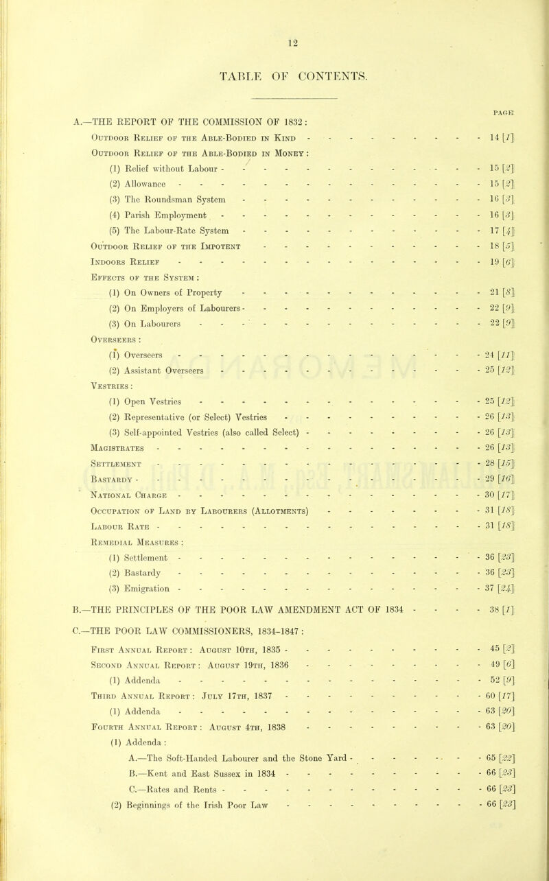 TABLE OF CONTENTS. PAGE A. —THE REPORT OF THE COMMISSION OF 1832: Outdoor Relief of the Able-Bodied in Kind 14 [1] Outdoor Relief of the Able-Bodied in Money : (1) Relief without Labour - . ... - - 15 [2] (2) Allowance ..... 15 [2] (3) The Roundsman System 16 [3] (4) Parish Employment - - - - - - - - 16 [3] (5) The Labour-Rate System - - 17 [4] Outdoor Relief of the Impotent 18 [o] Indoors Relief ■ - - - 19 [6] Effects of the System : (1) On Owners of Property - - - 21 [<?} (2) On Employers of Labourers 22 [9] (3) On Labourers - - - ' - 22 [9 J Overseers : (1) Overseers - 24 [11] (2) Assistant Overseers - - - - - - - - 25 [12} Vestries : (1) Open Vestries - - - - . - -. - - - -. - - - 25 [12J (2) Representative (or Select) Vestries 26 [13] (3) Self-appointed Vestries (also called Select) 26 [13J Magistrates - - - .... - 26 [13}. Settlement - - - - - --28 [15], Bastardy - - - - - - 29 [16] National Charge - 30 [17] Occupation of Land by Labourers (Allotments) 31 [18] Labour Rate - - - - - - - r 31 [18J Remedial Measures : (1) Settlement -36 [23] (2) Bastardy 36 [23] (3) Emigration - - - - - - - - - 37 B. —THE PRINCIPLES OF THE POOR LAW AMENDMENT ACT OF 1834 - - - - 38 [1] C—THE POOR LAW COMMISSIONERS, 1834-1847 : First Annual Report : August 10th, 1835 45 [2] Second Annual Report : August 19th, 1836 - - - 49 [6] (1) Addenda - - - - 52 [9] Third Annual Report : July 17th, 1837 60 [17] (1) Addenda 63 [20] Fourth Annual Report : August 4th, 1838 63 [20] (1) Addenda : A. —The Soft-Handed Labourer and the Stone Yard - - - - - • - - 65 [22] B. —Kent and East Sussex in 1834 66 [23] O—Rates and Rents 66 [23] (2) Beginnings of the Irish Poor Law 66 [23]