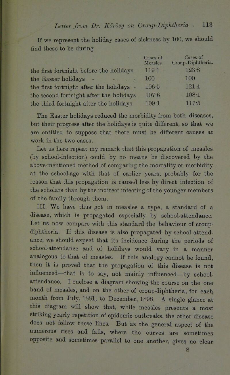 If we represent the holiday cases of sickness by 100, we should find these to be during Cases of Cases of Measles. Croup-Diphtheria. the first fortnight before the holidays 1191 123-8 the Easter holidays 100 100 the first fortnight after the holidays - 106-5 121-4 the second fortnight after the holidays 107-6 108-1 the third fortnight after the holidays 109-1 117-5 The Easter holidays reduced the morbidity from both diseases, but their progress after the holidays is quite different, so that we are entitled to suppose that there must be different causes at work in the two cases. Let us here repeat my remark that this propagation of measles (by school-infection) could by no means be discovered by the above-mentioned method of comparing the mortality or morbidity at the school-age with that of earlier years, probably for the reason that this propagation is caused less by direct infection of the scholars than by the indirect infecting of the younger members of the family through them. III. We have thus got in measles a type, a standard of a disease, which is propagated especially by school-attendance. Let us now compare with this standard the behaviour of croup- diphtheria. If this disease is also propagated by school-attend- ance, we should expect that its incidence during the periods of school-attendance and of holidays would vary in a manner analogous to that of measles. If this analogy cannot be found, then it is proved that the propagation of this disease is not influenced—that is to say, not mainly influenced—by school- attendance. I enclose a diagram showing the course on the one hand of measles, and on the other of croup-diphtheria, for eacl^ month from July, 1881, to December, 1898. A single glance at this diagram will show that, while measles presents a most striking yearly repetition of epidemic outbreaks, the other disease does not follow these lines. But as the general aspect of the numerous rises and falls, where the curves are sometimes opposite and sometimes parallel to one another, gives no clear 8