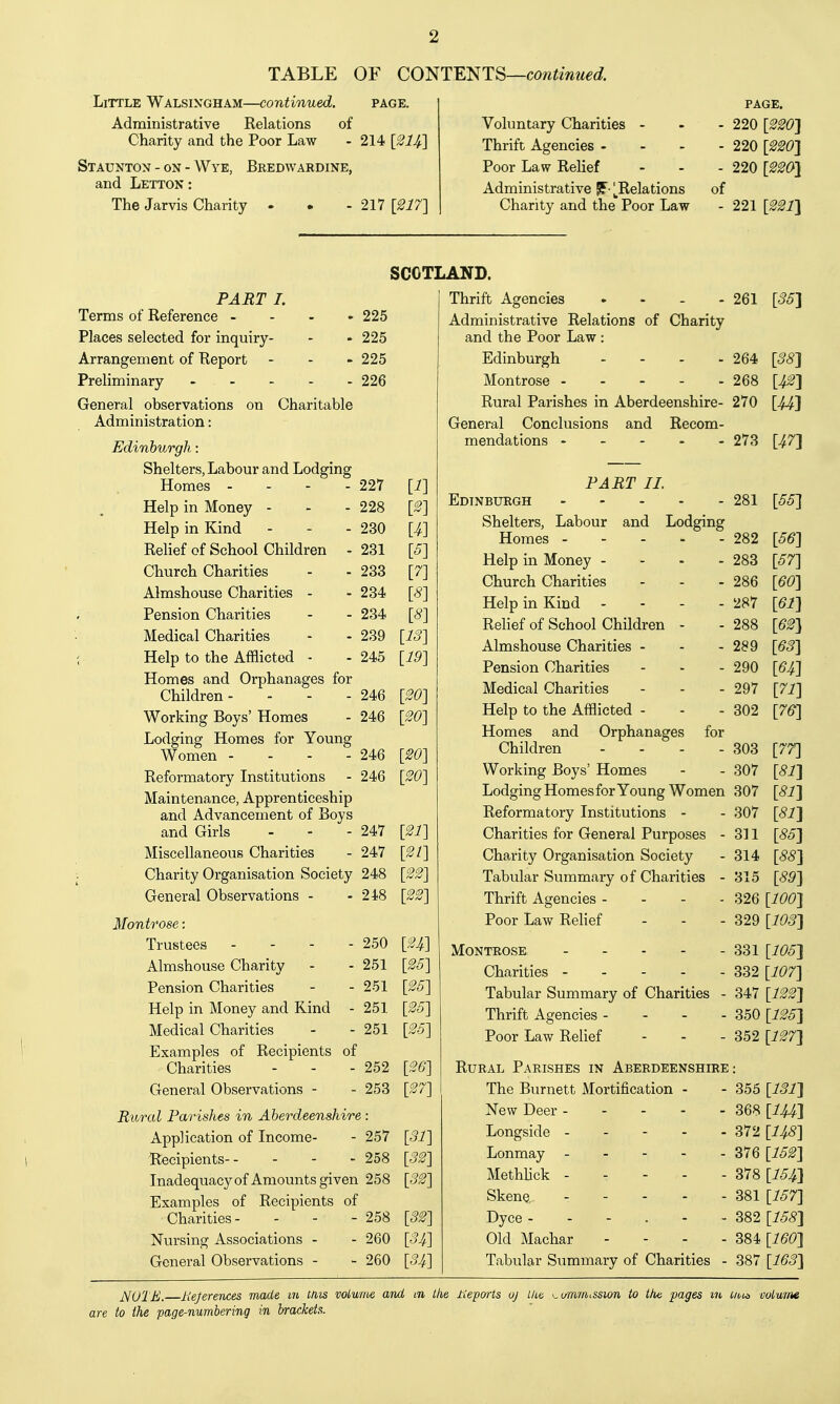 TABLE OF COmE'NTS—co?itinued. Little Walsixgham—continued. page. Administrative Relations of Charity and the Poor Law - 214 [214] Staunton - on - Wye, Bredwardine, and Letton: The Jarvis Charity . • - 217 [£17] Voluntary Charities - Thrift Agencies - - - Poor Law Relief Administrative ^- ^Relations Charity and the Poor Law of PAGE. 220 [220] 220 [220] 220 [220} 221 [221] SCOTLAND. PART I. Terms of Reference - - - - 225 Places selected for inquiry- - - 225 Arrangement of Report - - - 225 Preliminary 226 General observations on Charitable Administration: Edinburgh: Shelters, Labour and Lodginsr Homes - - - - 227 Help in Money - - - 228 [2] Help in Kind . . - 230 [^] Relief of School Children 231 [5] Church Charities 233 [7] Almshouse Charities - 234 [S] Pension Charities 234 [8] Medical Charities 239 [18] Help to the Afflicted - 245 [19] Homes and Orphanages for Children - - - - 246 [20] Working Boys' Homes 246 [20] Lodging Homes for Young Women - . - - 246 [20] Reformatory Institutions 246 [20] Maintenance, Apprenticeship and Advancement of Boys and Girls ... 247 [21] Miscellaneovis Charities 247 [21] Charity Organisation Society 248 [22] General Observations - 218 [22] Montrose: Trustees . . . - 250 [24] Almshouse Charity 251 [25] Pension Charities 251 [25] Help in Money and Kind - 251 [25] Medical Charities 251 [25] Examples of Recipients of [26] Charities . . . 252 General Observations - 253 [27] Rural Parishes in Aberdeenshire : Application of Income- 257 [31] Itecipients 258 [32] Inadequacy of Amounts given 258 [32] Examples of Recipients of [32] Chanties- - - - 258 Nursing Associations - 260 [34] General Observations - 260 [34] Thrift Agencies 261 [35} Administrative Relations of Charity and the Poor Law : Edinburgh - - - - 264 [38} Montrose 268 [42} Rural Parishes in Aberdeenshire- 270 [44} General Conclusions and Recom- mendations 273 [47} PART II. Edinburgh - 281 [55] Shelters, Labour and Lodging Homes Help in Money .... Church Charities ... Help in Kind . - - - Relief of School Children - Almshouse Charities - Pension Charities Medical Charities ... Help to the Afflicted - Homes and Orphanages for Children .... Working Boys' Homes Lodging Homesfor Young Women Reformatory Institutions - Charities for General Purposes - Charity Organisation Society Tabular Summary of Charities - Thrift Agencies ... - Poor Law Relief ... Montrose . . . . . Charities Tabular Summary of Charities - Thrift Agencies - - - - Poor Law Relief . . _ Rural Parishes in Aberdeenshire The Burnett Mortification - New Deer - - - - - Longside - . - . - Lonmay _ - - - - Methlick - - - - - Skene.. Dyce Old Machar .... Tabular Summary of Charities - 282 [56] 283 [57] 286 [60] 287 [61] 288 [62] 289 [63] 290 [64] 297 [71] 302 [76] 303 [77] 307 [81} 307 [81} 307 [81} 311 [85} 314 [88] 315 [89] 326 [100] 329 [103} 331 [105} 332 [107] 347 [122} 350 [125} 352 [127} 355 [131} 368 [144} 372 [14B] 376 [152] 378 [154} 381 [157] 382 [158} 384 [160} 387 [163] J\[UTE. llejerences made m tnis volunis and m llie lieports oj ihn K^ummiSsion to tti^ pages m i/m volurne are to the page-numbering in brackets.