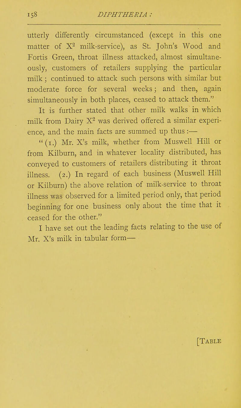 utterly differently circumstanced (except in this one matter of X2 milk-service), as St. John's Wood and Fortis Green, throat illness attacked, almost simultane- ously, customers of retailers supplying the particular milk • continued to attack such persons with similar but moderate force for several weeks; and then, again simultaneously in both places, ceased to attack them. It is further stated that other milk walks in which milk from Dairy X2 was derived offered a similar experi- ence, and the main facts are summed up thus :— (i.) Mr. X's milk, whether from Muswell Hill or from Kilburn, and in whatever locality distributed, has conveyed to customers of retailers distributing it throat illness. (2.) In regard of each business (Muswell Hill or Kilburn) the above relation of milk-service to throat illness was observed for a limited period only, that period beginning for one business only about the time that it ceased for the other. I have set out the leading facts relating to the use of Mr. X's milk in tabular form— [Table