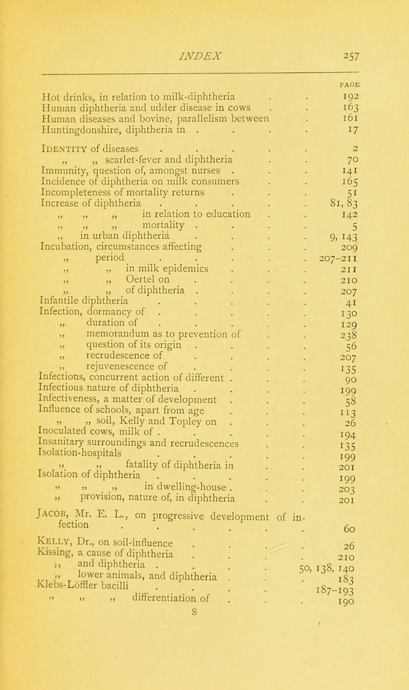 Hot drinks, in relation to milk-diphtheria Human diphtheria and udder disease in cows Human diseases and bovine, parallelism between Huntingdonshire, diphtheria in . Identity of diseases „ „ scarlet-fever and diphtheria Immunity, question of, amongst nurses . Incidence of diphtheria on milk consumers Incompleteness of mortality returns Increase of diphtheria ,, „ „ in relation to education „ „ „ _ mortality . ,, in urban diphtheria Incubation, circumstances affecting ,, period „ „ in milk epidemics ,, „ Oertel on „ ,, of diphtheria . Infantile diphtheria Infection, dormancy of „ duration of ,, memorandum as to prevention of „ question of its origin . ,, recrudescence of „ rejuvenescence of Infections, concurrent action of different . Infectious nature of diphtheria Infectiveness, a matter of development . Influence of schools, apart from age „ „ soil, Kelly and Topley on Inoculated cows, milk of . Insanitary surroundings and recrudescences Isolation-hospitals » „ fatality of diphtheria in Isolation of diphtheria » >> t> in dwelling-house . „ provision, nature of, in diphtheria Jacob, Mr. E. L. fection on progressive development of in- Kelly, Dr., on soil-influence Kissing, a cause of diphtheria ,, and diphtheria . ,, lower animals, and diphtheria Klebs-Loffler bacilli » i> >, differentiation of S I'AGE 192 163 l6l 17 2 70 141 165 51 81,83 142 5 9, 143 209 207-211 211 210 207 41 130 129 238 56 207 135 90 199 58 3 26 194 135 199 201 199 203 201 60 26 210 50, 138, 140 1S7-193 190