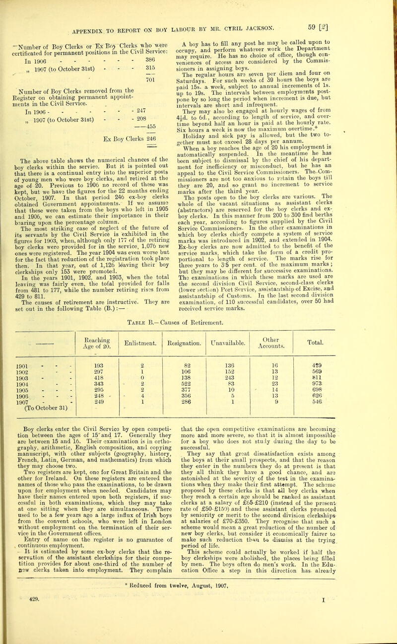 Number of Boy Clerks or Ex Boy Clerks y-ho were certificated for permanent positions in the Civil Service: In 1906 386 „ 1907 (to October 31st) - - - 315 701 Number of Boy Clerks removed from the Eegister on obtaining permanent appoint- ments in the Civil Service. In 1906 247 „ 1907 (to October 31st) - - -208 455 Ex Boy Clerks 246 The above table shows the numerical chances of the boy clerks within the service. But it is pointed out that there is a continual entry into the superior posts of young men who were boy clerks, and retired at the age of 20. Previous to 1906 no record of these was kept, but we hav3 the figures for the 22 months ending October, 1907. In that period 246 ex-boy clerks obtained Government appointmBnts. If we assums that these were taken from the boys who left in 1905 and 1906, we can estimate their importance in their b3aring upon the percentage column. The most striking case of neglect of the future of its servants by the Civil Service is exhibited in the figures for 1903, when, although only 177 of the retiring boy clerks were provided for in the service, 1,076 new ones were registered. The year 1904 was even worse but for the fact that reduction of the registration took place then. In that year, out of 1,126 leaving their boy clerkships only 153 were promoted. In the years 1901, 1902, and 1903, when the total leaving was fairly even, the total provided for falls from 481 to 177, while the number retiring rises from 429 to 811. The causes of retirement are instructive. They are set out in the following Table (B.): — A boy has to fill any post he may be called upon to occupy, and perform whatever work the Department may require. He has no choice of office, though con- veniences of access are considered by the Commis- sioners in assigning boys. The regular hours are seven per diem and four on Saturdays. For such weeks of 39 hours the boys are paid 15s. a week, subject to annual increments of Is. up to 19s. The intei-vals between employments post- pone by so long the period when increment is due, but intervals are short and infrequent. They may also be engaged at hourly wages of from 4v^d. to 6d., according to length of service, and over- time beyond half an hour is paid at the hourly rate. Six hours a week is now the maximum overtime.* Holiday and sick pay is allowed, but the two to- gether must not exceed 28 days per annum. When a boy reacheis the age of 20 his employment is automatically suspended. In the meantime he has been subject to dismissal by the chief of his depart- ment for inefficiency or misconduct, but he has^ an appeal to the Civil Service Cemmissioners. The Com- missioners are not too anxious to retain the boys till they are 20, and so grant no increment to service marks after the third year. The posts open to the boy clerks are various. The whole of the vacant situations as assistant clerks (abstractors) are reserved for the boy clerks and ex- boy clerks. In this manner from 200 to 300 find berths each year, according to figures supplied by the Civil Service Commissioners. In the other examinations in which boy clerks chiefly compete a system of service marks was introduced in 1902, and extended in 1904. Ex-boy clerks are now admitted to the benefit of the service marks, which take the form of a credit pro- portional to length of service. The marks rise for three years to 3'5 per cent, of the maximum marks ; but they may be different for successive examinations. The examinations in which these marks are used are the second division Civil Service, second-class clerks (lower iection) Port Service, assistantship of Excise, and assistantship of Customs. In the last second division examination, of 110 successful candidates, over 50 had received service marks. Table B.—Causes of Eetirement. Reaching Age of 20. Enlistment. Resignation. Unavailable. Other Accounts. Total. 1901 193 2 82 136 16 429 1902 297 1 106 152 13 569 1903 418 0 1.38 243 12 «ll 1904 343 2 522 83 23 973-. 1905 295 2 377 10 14 698- 1908 248 • 4 356 5 13 626 1907 249 1 286 1 9 54a (To October 31) Boy clerks enter the Civil Servio3 by open competi- tion between the ages of 15' and 17. Generally they are between 15 and 16. Their examination is in ortho- graphy, arithmetic, English composition, and copying manuscript, with other subjects (geography, history, French, Latin, German, and mathematics) from which they may choose two. Two registers are kept, one for Great Britain and the other for Ireland. On these registers are entered the names of those who pass the examinations, to be drawn upon for employment when needed. Candidates may have their names entered upon both registers, if suc- cessful in both examinations, which they may take at one sitting when they are simultaneous. There used to be a few years ago a large influx of Irish boys from the convent schools, who were left in London without employment on the. termination of their ser- vice in the Government offices. Entry of name on the register is no guarantee of continuous employment. It is estimated by some ex-boy clerks that the re- servation of the assistant clerkships for their compe- tition provides for about one-third of the number of Dew clerks taken into employment. They complain that the open competitive examinations are becoming more and more severe, so that it is almost impossible for a boy who does not stuly during the day to be successful. They say that great dissatisfaction exists among the boys at their small prospects, and that the reason they enter in the numbers they do at present is that they all think they have a good chance, and are astonished at the severity of the test in the examina- tions when they make their first attempt. The scheme proposed by these clerks is that £.11 boy clerks when they reach a certain age should be ranked as assistant clerks at a salary of £65-£210 (instead of the present rate of £50-£159) and these assistant clerks promoted by seniority or merit to the second division clerkships at salaries of £70-£350. They recognise that such a scheme would mean a great reduction of the number of new boy clerks, but consider it economically fairer to make such reduction tban t-o dismiss at the trying period of life. This scheme could actually be worked if half the boy clerkships were abolished, the places being filled by men. The boys often do men's work. In the Edu- cation Office a step in this direction has already 429. * Reduced from twelve, August, 1907, I