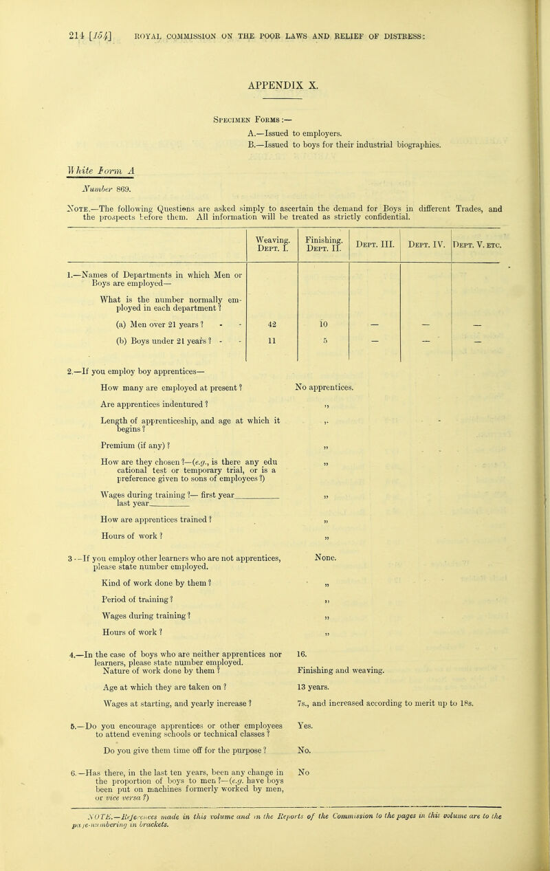 APPENDIX X. Specimen Forms :— A. —Issued to employers. B. —Issued to boys for their industrial biographies. If kite lorm A Number 869. XoTE.—The following Questiens are asked simply to ascertain the demand for Boys in diflferent Trades, and the prospects before them. All information will be treated as strictly confidential. Weaving. Dept. I. Finishing. Dept. 11. Dept. III. Dept. IV. Dept. V. etc. 1.—Names of Departments in which Men or Boys are employed— What is the number normally em- ployed in each department 1 (a) Men over 21 years ? 42 10 (b) Boys under 21 years 1 - 11 5 2.—If you employ boy apprentices— How many are employed at present ? Are apprentices indentured ? Length of apprenticeship, and age at which it begins 1 Premium (if any) 1 How are they chosen 1—{e.g., is there any edu cational test or temporary trial, or is a preference given to sons of employees ?) Wages during training 1— first year last year How are apprentices trained ? Hours of work 1 3 - -If you employ other learners who are not apprentices, please state number employed. Kind of work done by them ? Period of training ? Wages during training 1. Hours of work 1 No apprentices. None; 4.—In the case of boys who are neither apprentices nor learners, please state number employed. Nature of work done by them 1 Age at which they are taken on 1 Wages at starting, and yearly increase ? 16. Finishing and weaving. 13 years. 7s., and increased according to merit up to 18s. 5. —Do you encourage apprentices or other employees Yes. to attend evening schools or technical classes 1 Do you give them time ofif for the purpose ? No. 6, —Has there, in the last ten years, been any change in No the proportion of boys to men?—{e.g. have boys been put on machines formerly worked by men, or vice versa ?) SOTK.—EeJerciices made in this volume and m the lieports of the Commission to the pages in this oolume are to the pa je-nuinhering in brackets.