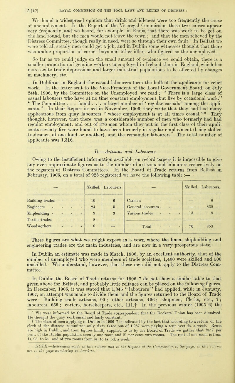 We found a widespread opinion that drink and idleness were too frequently the cause of unemployment. In the Report of the Viceregal Commission these two causes appear very frequently, and we heard, for example, in Ennis, that there was work to be got on the land round, but the men would not leave the town ; and that the men relieved by the Distress Committee, though really in need, were so through their own fault. In Belfast we were told all steady men could get a job, and in Dublin some witnesses thought that there was undue proportion of corner boys and other idlers who figured as the unemployed. So far as we could judge on the small amount of evidence we could obtain, there is a smaller proportion of genuine workers unemployed in Ireland than in England, which has more acute trade depressions and larger industrial populations to be affected by changes in machinery, etc. In Dublin as in England the casual labourers form the bulk of the applicants for relief work. In the letter sent to the Vice-President of the Local Government Board, on July 24th, 1906, by the Committee on the Unemployed, we read :  There is a large class of casual labourers who have at no time constant employment, but live by occasional work.  The Committee . . . found ... a large number of ' regular casuals ' among the appli- cants. In their Report issued in November, 1906, they write that they had had many applications from quay labourers  whose employment is at all times casual.* They thought, however, that there was a considerable number of men who formerly had had regular employment, and out of 376 men whom they put in the first class of their appli- cants seventy-five were found to have been formerly in regular employment (being skilled tradesmen of one kind or another), and the remainder labourers. The total number of applicants was 1,316. D.—Artisans and Labourers. Owing to the insufficient information available on record papers it is impossible to give any even approximate figures as to the number of artisans and labourers respectively on the registers of Distress Committees. In the Board of Trade returns from Belfast in February, 1906, on a total of 928 registered we have the following table :— Skilled. Labourers. Skilled. Labourers. Building trades Engineers - - . - Shipbuilding - - - - Textile trades Woodworkers 10 24 9 8 6 5 3 Carmen - - General labourers - Various trades - . . 13 6 830 8 6 Total - - - 70 858 These figures are what we might expect in a town where the linen, shipbuilding and engineering trades are the main industries, and are now in a very prosperous state. In Dublin an estimate was made in March, 1906, by an excellent authority, that of the number of unemployed who were members of trade societies, 1,400 were skilled and 500 unskilled. We understand, however, that these men did not apply to the Distress Com- mittee. In Dublin the Board of Trade returns for 1906-7 do not show a similar table to that given above for Belfast, and probably little reliance can be placed on the following figures. In December, 1906, it was stated that 1,345  labourers  had applied, while in January, 1907, an attempt was made to divide them, and the figures returned to the Board of Trade were : Building trade artisans, 99 ; other artisans, 496; shopmen. Clerks, etc., 7 ; labourers, 656 ; carters, horsekeepers, etc., llLf In the previous winter (1905-6) the We were infornaed by the Board of Trade correspondent that the Dockers' Union has been dissolved. He thought the quay Tvork small and fairly constant. t The class of men applying in Dublin in 1906-7 is indicated by the fact that according to a return of the clerk of the distress committee only sixty-three out of 1,987 were paying a rent over 4s. a week. Eents are high in Dublin, and from figures kindly supplied to us by the Board of Trade we gather that 24 7 per cent, of the Dublin population occupy one room and 21 per cent, two rooms. The rent of one room is from Is. 9d to 3s., and of two rooms from 3s. to 4s. 6d. a week. NOTE.—References made in this volume and in th: Rejmis of the Commission to the pages in this volinm