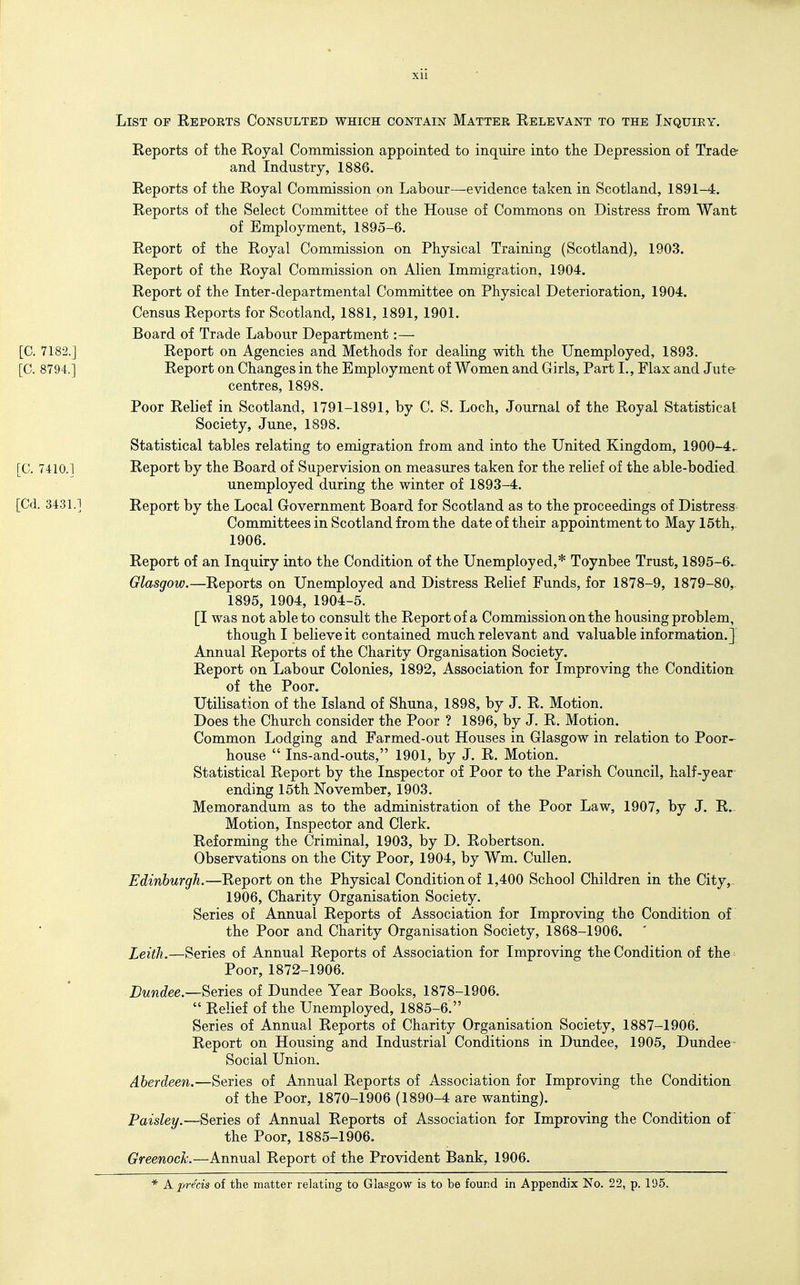 List of Reports Consulted which contain Matter Relevant to the Inquiry. Reports of the Royal Commission appointed to inquire into tlie Depression of Trade and Industry, 1886. Reports of the Royal Commission on Labour—evidence taken in Scotland, 1891-4. Reports of the Select Committee of the House of Commons on Distress from Want of Employment, 1895-6. Report of the Royal Commission on Physical Training (Scotland), 1903. Report of the Royal Commission on Alien Immigration, 1904. Report of the Inter-departmental Committee on Physical Deterioration, 1904. Census Reports for Scotland, 1881, 1891, 1901. Board of Trade Labour Department:— [C. 7182.] Report on Agencies and Methods for dealing with the Unemployed, 1893. [C. 8794.] Report on Changes in the Employment of Women and Girls, Part I., Flax and Jute- centres, 1898. Poor Relief in Scotland, 1791-1891, by C. S. Loch, Journal of the Royal Statistical Society, June, 1898. Statistical tables relating to emigration from and into the United Kingdom, 1900-4^ [C. 7410.1 Report by the Board of Supervision on measures taken for the relief of the able-bodied- unemployed during the winter of 1893-4. [Cd. 34.31.1 Report by the Local Government Board for Scotland as to the proceedings of Distress Committees in Scotland from the date of their appointment to May 15th,. 1906. Report of an Inquiry into the Condition of the Unemployed,* Toynbee Trust, 1895-6- Glasgow.—Reports on Unemployed and Distress Relief Funds, for 1878-9, 1879-80, 1895, 1904, 1904-5. [I was not able to consult the Report of a Commission on the housing problem, though I believe it contained much relevant and valuable information.] Annual Reports of the Charity Organisation Society. Report on Labour Colonies, 1892, Association for Improving the Condition- of the Poor. Utilisation of the Island of Shuna, 1898, by J. R. Motion. Does the Church consider the Poor ? 1896, by J. R. Motion. Common Lodging and Farmed-out Houses in Glasgow in relation to Poor- house  Ins-and-outs, 1901, by J. R. Motion. Statistical Report by the Inspector of Poor to the Parish Council, half-year ending 15th November, 1903. Memorandum as to the administration of the Poor Law, 1907, by J. R.. Motion, Inspector and Clerk. Reforming the Criminal, 1903, by D. Robertson. Observations on the City Poor, 1904, by Wm. Cullen. Edinburgh.—Report on the Physical Condition of 1,400 School Children in the City,. 1906, Charity Organisation Society. Series of Annual Reports of Association for Improving the Condition of the Poor and Charity Organisation Society, 1868-1906. Zeith.—Series of Annual Reports of Association for Improving the Condition of the ^ Poor, 1872-1906. Dundee.—Series of Dundee Year Books, 1878-1906.  Relief of the Unemployed, 1885-6. Series of Annual Reports of Charity Organisation Society, 1887-1906. Report on Housing and Industrial Conditions in Dundee, 1905, Dundee Social Union. Aberdeen.—Series of Annual Reports of Association for Improving the Condition of the Poor, 1870-1906 (1890-4 are wanting). Paisley.—Series of Annual Reports of Association for Improving the Condition of the Poor, 1885-1906. Greenock.—Annual Report of the Provident Bank, 1906. * A precis of the matter relating to Glasgow is to be found in Appendix No. 22, p. 195.