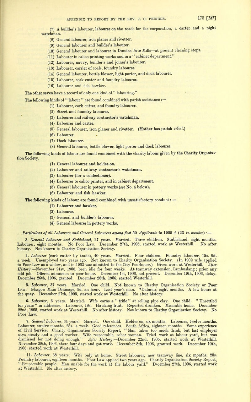 (7) A builder's labourer, labourer on the roads for tbe corporation, a carter and a night watchman. (8) General labourer, iron planer and rivetter. (9) General labourer and builder's labourer. (10) General labourer and labourer in Dundee Jute Mills—at present cleaning steps. (11) Labourer in calico printing works and in a  cabinet department. (12) Labourer, navvy, builder's and joiner's labourer. (13) Labourer, carrier of coals, foundry labourer. (14) General labourer, bottle blower, light porter, and dock labourer. (15) Labourer, cork cutter and foundry labourer. (16) Labourer and fish hawker. The other seven have a record of only one kind of  labouring. .- . The following kinds of  labour  are found combined with parish assistance :— (1) Labourer, cork cutter, and foundry labourer. (2) Street and foundry labourer. (3) Labourer and railway contractor's watchman, (4) Labourer and carter. (5) General labourer, iron planer and rivetter. (Mother has parish relief.) (6) Labourer. (7) Dock laborer. L (8) General labourer, bottle blower, light porter and dock labourer. The following kinds of labour are found combined with the charity labour given by the Charity Organisa- tion Society. (1) General labourer and holder-on. (2) Labourer and railway contractor's watchman. (3) Labourer (for a confectioner). (4) Labourer to caUco printer, and in cabinet department. (5) General labourer in pottery works {see No. 4 below). (6) Labourer and fish hawker. The following kinds of labour are found combined with unsatisfactory conduct: — (1) Labourer and hawker. (2) Labourer. (3) General and builder's labourer. (4) General labourer in pottery works. Particulwrs of all Labourers and General Labourers among first 50 Applicants in 1905-6 (23 in number):— 3. General Labourer and Stahlehand, 27 years. Married. Three children. Stablehand, eight months. Labourer, eight months. No Poor Law. December 27th, 1905, started work at Westerhiil. No after history. Not known to Charity Organisation Society. 4. Labourer (cork cutter by trade), 40 years. Married. Four children. Foundry labourer, 15s. 9d. a week. Unemployed two years ago. Not known to Charity Organisation Society. (In 1902 wife apphed to Poor Law as a widow, and in 1903 was admitted to the City Poorhouse.) Given work at Westerhiil. After History.—November 21st, 1906, been idle for four weeks. At tramway extension, Cambuslang; prior any odd job. Offered admission to poor house. December 1st, 1906, not present. December 19th, 1906, delay. December 26th, 1906, granted. December 28th, 1906, started Westerhiil. 5. Labourer, 37 years. Married. One child. Not known to Charity Organisation Society or Poor Lf>.w. Glasgow Main Drainage, 5d. an hour. Last year's man. *Dalmuir, eight months. A few hours at the quay. December 27th, 1905, started work at Westerhiil. No after history. 6. Labourer, 6 years. Married. Wife earns a  trifle  at selling pipe clay. One child. Unsettled for years  in addresses. Labourer, 18s. Hawking fruit. Reported drunken. Miserable home. December 22nd, 1905, started work at Westerhiil. No after history. Not known to Charity Organisation Society. No Poor Law. 7. General Labourer, 34 years. Married. One child. Holder on, six months. Labourer, twelve months. Labourer, twelve months, 25s. a week. Good references. South Africa, eighteen months. Some experience of Civil Service. Charity Organisation Society Report,  Man takes too much drink, but last employer says steady and a good worker. Wife respectable, sober woman. Tried work at labour yard, but was dismissed for not doing enough. After History.—December 22nd, 1905, started work at Westerhiil. November 28th, 1906, there four days and got work. December 8th, 1906, granted work. December 10th, 1906, started work at Westerhiil. 11. Labourer, 68 years. Wife only at home. Street labourer, new tramway line, six months, 20s. Foundry labourer, eighteen months. Poor Law applied two years ago. Charity Organisation Society Report,  R'-^pectable people. Man unable for the work at the labour yard. December 27th, 1906, started work at Westerhiil. No after history.