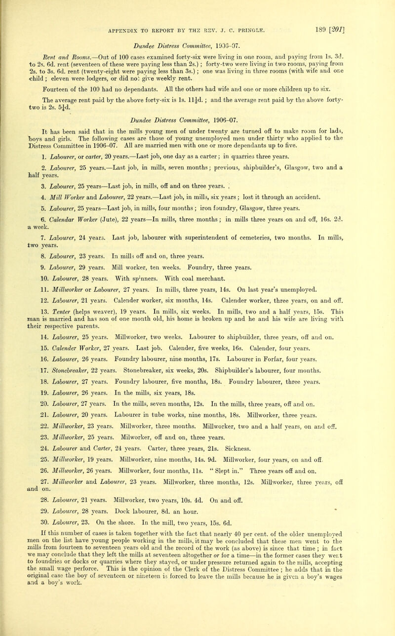 Dundee Distress Committee, 190G-07. Rent and Rooms.—Out of 100 cases examined forty-six were living in one room, and paying from Is. 3d. to 2s. 6d. rent (seventeen of these were paying less than 2s.) ; forty-two were living in two rooms, paying from 2s. to 3s. 6d. rent (twenty-eight were paying less than 3s.) ; one was living in three rooms (with wife and one child ; eleven were lodgers, or did not give weekly rent. Fourteen of the 100 had no dependants. All the others had wife and one or more children up to six. The average rent paid by the above forty-six is Is. ll|d. ; and the average rent paid by the above forty- two is 2s. 5Jd. Dundee Distress Committee, 1906-07. It has been said that in the mills young men of under twenty are turned off to make room for lads, Iboys and girls. The following cases are those of young unemployed men under thirty who applied to the Distress Committee in 1906-07. All are married men with one or more dependants up to five. 1. Labourer, or carter, 20 years.—Last job, one day as a carter; in quarries three years. 2. Labourer, 25 years.—Last job, in mills, seven months; previous, shipbuilder's, Glasgow, two and a ialf years. 3. Labourer, 25 years—Last job, in mills, off and on three years. ; 4. Mill Worker and Labourer, 22 years.—Last job, in mills, six years ; lost it through an accident. 5. Labourer, 25 years—Last job, in mills, four months ; iron foundry, Glasgow, three years. 6. Calendar Worker (Jute), 22 years—In mills, three months ; in mills three years on and off, 16s. 2c!. a week. 7. Labourer, 24 years. Last job, labourer with superintendent of cemeteries, two months. In mills, two years. 8. Labourer, 23 years. In mills off and on, three years. 9. Labourer, 29 years. Mill worker, ten weeks. Foundry, three years. 10. Labourer, 28 years. With spmners. With coal merchant. 11. Millworker or Labourer, 27 years. In mills, three years, 14s. On last year's unemployed. 12. Labourer, 21 years. Calender worker, six months, 14s. Calender worker, three years, on and off. 13. Tenter (helps weaver), 19 years. In mills, six weeks. In mills, two and a half years, 15s. This man is married and has son of one month old, his home is broken up and he and his wife are living with their respective parents. 14. Labourer, 25 years. Millworker, two weeks. Labourer to shipbuilder, three years, off and on. 15. Calender Worker, 27 years. Last job. Calender, five weeks, 16s. Calender, four years. 16. Labourer, 26 years. Foundry labourer, nine months, 17s. Labourer in Forfar, four years. 17. Stonebreaker, 22 years. Stonebreaker, six weeks, 20s. Shipbuilder's labourer, four months. 18. Labourer, 27 years. Foundry labourer, five months, ISs. Foundry labourer, three years. 19. Labourer, 26 years. In the mills, six years, 18s. 20. Labourer, 27 years. In the mills, seven months, 12s. In the mills, three years, off and on. 21. Labourer, 20 years. Labourer in tube works, nine months, 18s. Millworker, three years. 22. Millworker, 23 years. Millworker, three months. Millworker, two and a half years, on and off. 23. Millworker, 25 years. Milworker, off and on, three years. 24. Labourer and Carter, 24 years. Carter, three years, 21s. Sickness. 25. Millworker, 19 years. Millworker, nine months, 14s. 9d. Millworker, four years, on and off, 26. Millworker, 26 years. Millworker, four months, lis. Slept in. Three years off and on. 27. Millworker and Labourer, 23 years. Millworker, three months, 12s. Millworker, three years, oft and on. 28. Labourer, 21 years. Millworker, two years, 10s. 4d. On and off. 29. Labourer, 28 years. Dock labourer, 8d. an hour. 30. Labourer, 23. On the shore. In the mill, two years, 15s. 6d. If this number of cases is taken together with the fact that nearly 40 per cent, of the older memployed men on the list have young people working in the mills, it may be concluded that these men went to the mills from fourteen to seventeen years old and the record of the work (as above) is since that time ; in fact we may conclude that they left the mills at seventeen altogether or for a time—in the former cases they wer.t to foundries or docks or quarries where they stayed, or under pressure returned again to the mills, accepting the small wage perforce. This is the opinion of the Clerk of the Distress Committee ; he adds that iia the original case the boy of seventeen or nineteen is forced to leave the mills because he is given a boy's wages and a boy's work.