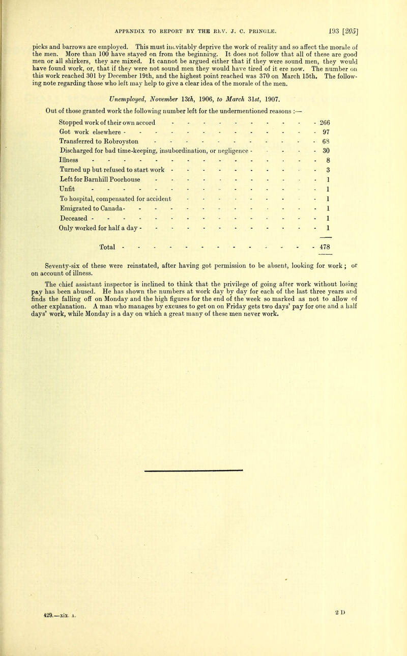 picks and barrows are employed. This must iin^vitably deprive the work of reality and so affect the morale of the men. More than 100 have stayed on from the beginning. It does not follow that all of these are good men or all shirkers, they are mixed. It cannot be argued either that if they were sound men, they would have found work, or, that if they were not sound men they would have tired of it ere now. The number on this work reached 301 by December 19th, and the highest point reached was 370 on March 15th. The follow- ing note regarding those who left may help to give a clear idea of the morale of the men. Unemployed, November 13th, 1906, to March 31st, 1907. Out of those granted work the following number left for the undermentioned reasons :— Stopped work of their own accord 266 Got work elsewhere 97 Transferred to Robroyston 68 Discharged for bad time-keeping, insubordination, or negligence 30 Illness 8 Turned up but refused to start work - 3 Left for Barnhill Poorhouse Unfit To hospital, compensated for accident Emigrated to Canada- Deceased Only worked for half a day - Total 478 Seventy-six of these were reinstated, after having got permission to be absent, looking for work; or on account of illness. The chief assistant inspector is inclined to think that the privilege of going after work without losing pay has been abused. He has shown the numbers at work day by day for each of the last three years and finds the falling off on Monday and the high figures for the end of the week so marked as not to allow of other explanation. A man who manages by excuses to get on on Friday gets two days' pay for one and a half days' work, while Monday is a day on which a great many of these men never work. 429 xit. A.