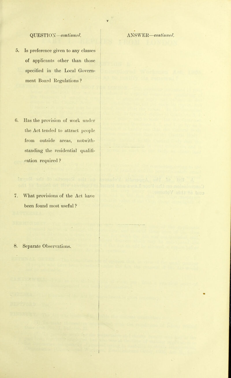 QUESTION—co7^^^//^^<6^^7. 5. Is preference given to any classes of applicants other than those specified in the Local Govern- ment Board Regulations ? A'^SWmi—contmiieJ. 6. Has the provision of work under the Act tended to attract people from outside areas, notwith- standing the residential qualifi- cation required ? 7. What provisions of the Act liave been found most useful ? 8. Separate Observations.