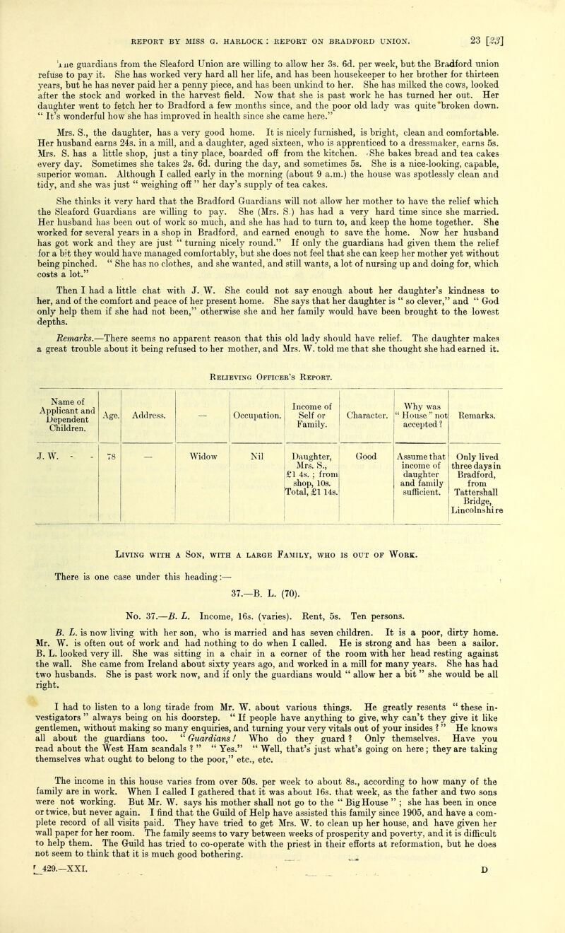 A. lie guardians from the Sleaford Union are willing to allow her 3s. 6d. per week, but the Bradford union refuse to pay it. She has worked very hard all her life, and has been housekeeper to her brother for thirteen years, but he has never paid her a penny piece, and has been unkind to her. She has milked the cows, looked after the stock and worked in the harvest field. Now that she is past work he has turned her out. Her daughter went to fetch her to Bradford a few months since, and the poor old lady was quite'broken down.  It's wonderful how she has improved in health since she came here. Mrs. S., the daughter, has a very good home. It is nicely furnished, is bright, clean and comfortable. Her husband earns 24s. in a mill, and a daughter, aged sixteen, who is apprenticed to a dressmaker, earns 5s. Mrs. S. has a little shop, just a tiny place, boarded off from the kitchen. ■ She bakes bread and tea cakes every day. Sometimes she takes 2s. 6d. during the day, and sometimes 5s. She is a nice-looking, capable, superior woman. Although I called early in the morning (about 9 a.m.) the house was spotlessly clean and tidy, and she was just  weighing o£E  her day's supply of tea cakes. She thinks it very hard that the Bradford Guardians will not allow her mother to have the relief which the Sleaford Guardians are willing to pay. She (Mrs. S.) has had a very hard time since she married. Her husband has been out of work so much, and she has had to turn to, and keep the home together. She worked for several years in a shop in Bradford, and earned enough to save the home. Now her husband has got work and they are just  turning nicely round. If only the guardians had given them the relief for a bit they would have managed comfortably, but she does not feel that she can keep her mother yet without being pinched.  She has no clothes, and she wanted, and still wants, a lot of nursing up and doing for, which costs a lot. Then I had a little chat with J. W. She could not say enough about her daughter's kindness to her, and of the comfort and peace of her present home. She says that her daughter is  so clever, and  God only help them if she had not been, otherwise she and her family would have been brought to the lowest depths. RemarJcs.—There seems no apparent reason that this old lady should have relief. The daughter makes a great trouble about it being refused to her mother, and Mrs. W. told me that she thought she had earned it. Relieving Officer's Report. Name of Applicant and Dependent Children. Age. Address. Occupation. Income of Self or Family. Character. Why was  House  not accepted 1 Remarks. J. W. - 78 Widow Nil Daughter, Mrs. S., £1 4s. ; from shop, 10s. Total, £1 14s. Good Assume that income of daughter and family sufficient. Only lived three days in Bradford, from Tattershall Bridge, Lincolnshi re Living with a Son, with a large Family, who is out op Work. There is one case under this heading:—• 37.—B. L. (70). No. 37.—B. L. Income, 16s. (varies). Rent, 5s. Ten persons. B. L. is now living with her son, who is married and has seven children. It is a poor, dirty home. Mr. W. is often out of work and had nothing to do when I called. He is strong and has been a sailor. B. L. looked very ill. She was sitting in a chair in a corner of the room with her head resting against the wall. She came from Ireland about sixty years ago, and worked in a mill for many years. She has had two husbands. She is past work now, and if only the guardians would  allow her a bit  she would be all right. I had to listen to a long tirade from Mr. W. about various things. He greatly resents  these in- vestigators  always being on his doorstep.  If people have anything to give, why can't they give it like gentlemen, without making so many enquiries, and turning your very vitals out of your insides ?  He knows all about the guardians too.  Guardians! Who do they guard ? Only themselves. Have you read about the West Ham scandals %   Yes.  Well, that's just what's going on here; they are taking themselves what ought to belong to the poor, etc., etc. The income in this house varies from over 50s. per week to about 8s., according to how many of the family are in work. When I called I gathered that it was about 16s. that week, as the father and two sons were not working. But Mr. W. says his mother shall not go to the  Big House  ; she has been in once or twice, but never again. I find that the Guild of Help have assisted this family since 1905, and have a com- plete record of all visits paid. They have tried to get Mrs. W. to clean up her house, and have given her wall paper for her room. The family seems to vary between weeks of prosperity and poverty, and it is difficult to help them. The Guild has tried to co-operate with the priest in their efforts at reformation, but he doea not seem to think that it is much good bothering. r 429.—XXI. '. D