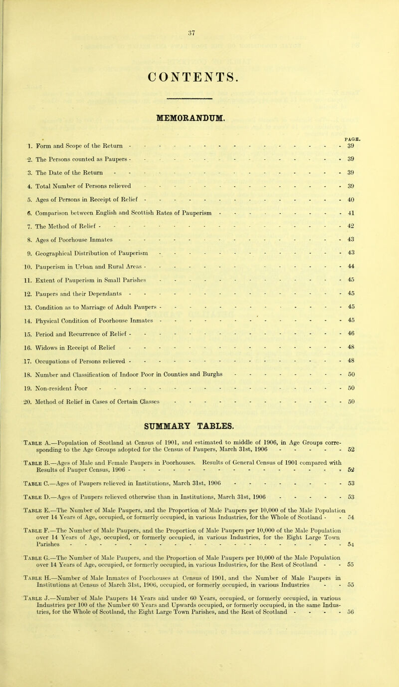 CONTENTS. MEMORANDUM. PAGE. 1. Form and Scope of the Return 39 2. The Persons counted as Paupers - - • - - - ■ - ■ - - - • - - 39 3. The Date of the Return 39 4. Total Number of Persons relieved 39 5. Ages of Persons in Receipt of Relief 40 6. Comparison between English and Scottish Rates of Pauperism • - - - - - - - - 41 7. The Method of Relief 42 8. Ages of Poorhouse Inmates 43 9. Geographical Distribution of Pauperism 43 10. Pauperism in Urban and Rural Areas 44 11. Extent of Pauperism in Small Parishes 45 12. Paupers and their Dependants 45 13. Condition as to Marriage of Adult Paupers 45 14. Physical Condition of Poorhouse Inmates 45 15. Period and Recurrence of Relief 46 16. Widows in Receipt of Relief - 48 17. Occupations of Persons relieved 48 18. Number and Classification of Indoor Poor in Coimties and Burghs 50 19. Non-resident Poor . . - 50 20. Method of Relief in Cases of Certain Classes 50 SUMMARY TABLES. Table A.—Population of Scotland at Census of 1901, and estimated to middle of 1906, in Age Groups corre- sponding to the Age Groups adopted for the Census of Paupers, March 31st, 1906 52 Table B.—Ages of Male and Female Paupers in Poorhouses. Results of General Census of 1901 compared with Results of Pauper Census, 1906 - 5'i Table C.—Ages of Paupers relieved in Institutions, March 31st, 1906 - r 53 Table D.—Ages of Paupers relieved otherwise than in Institutions, March 31st, 1906 53 Table E.—The Number of Male Paupers, and the Proportion of Male Paupers per 10,000 of the Male Population over 14 Years of Age, occupied, or formerly occupied, in various Industries, for the Whole of Scotland - - 64 Table F.—The Number of Male Paupers, and the Proportion of Male Paupers per 10,000 of the Male Population over 14 Years of Age, occupied, or formerly occupied, in various Industries, for the Eight Large Town Parishes • 54 Table G.—The Number of Male Paupers, and the Proportion of Male Paupers per 10,000 of the Male Population over 14 Years of Age, occupied, or formerly occupied, in various Industries, for the Rest of Scotland - - 55 Table H.—Number of Male Inmates of Poorhouses at Census of 1901, and the Number of Male Paupers in Institutions at Census of March 31st, 1906, occupied, or formerly occupied, in various Industries - - 55 Table J.—Number of Male Paupers 14 Years and under 60 Years, occupied, or formerly occupied, in various Industries per 100 of the Number 60 Years and Upwards occupied, or formerly occupied, in the same Indus- tries, for the Whole of Scotland, the Eight Large Town Parishes, and the Rest of Scotland - - - - 56