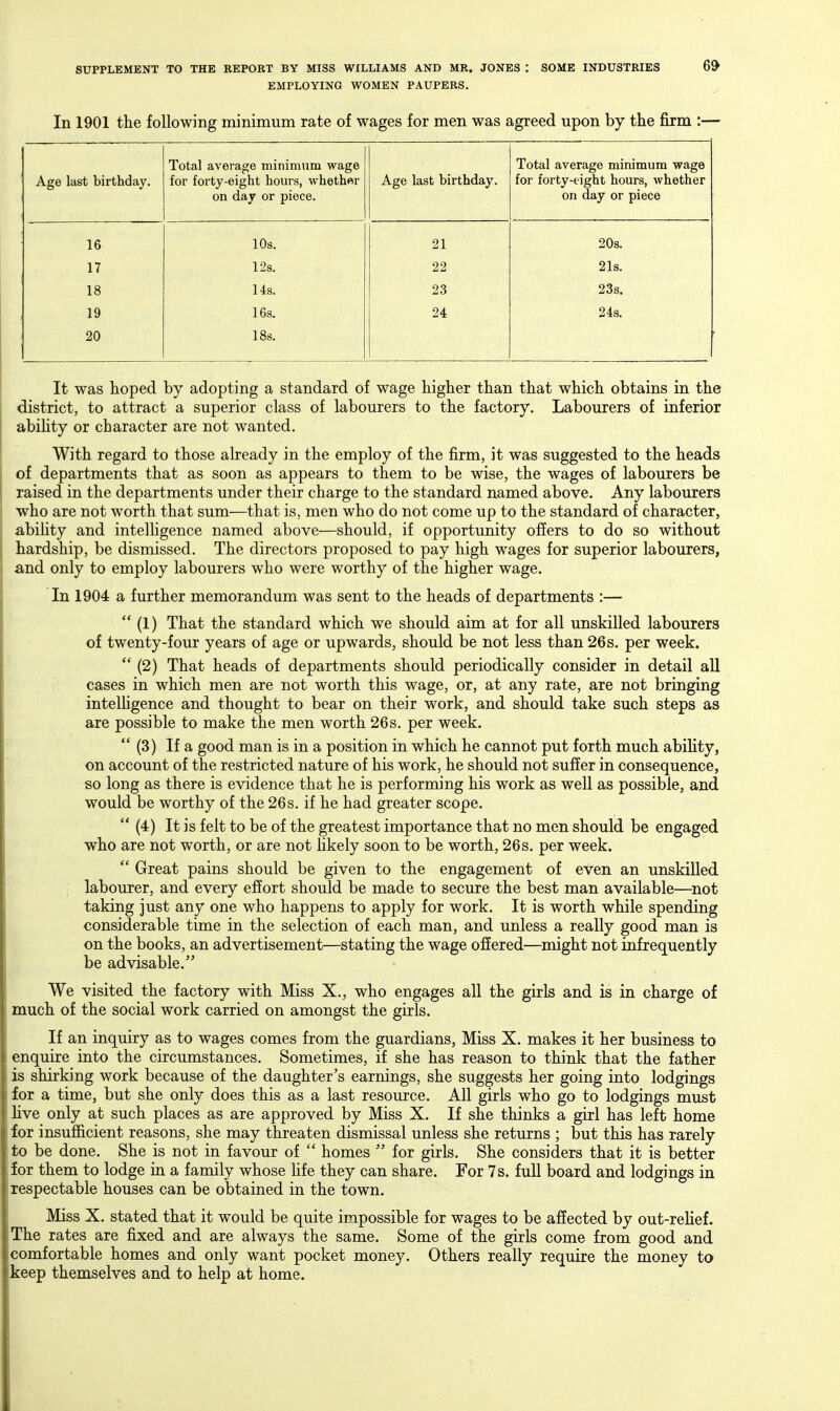 EMPLOYING WOMEN PAUPERS. In 1901 the following minimum rate of wages for men was agreed upon by the firm :— Age last birthday. Total average minimum wage for forty-eight hours, whether on day or piece. Age last birthday. Total average minimum wage for forty-eight hours, whether on day or piece 16 IDs. 21 20s. 17 12s. 22 21s. 18 Us. 23 23s. 19 16s. 24 24s. 20 18s. It was hoped by adopting a standard of wage higher than that which obtains in the district, to attract a superior class of labourers to the factory. Labourers of inferior abihty or character are not wanted. I With regard to those already in the employ of the firm, it was suggested to the heads of departments that as soon as appears to them to be wise, the wages of labourers be raised in the departments under their charge to the standard named above. Any labourers who are not worth that sum—that is, men who do not come up to the standard of character, abihty and intelHgence named above—should, if opportunity offers to do so without hardship, be dismissed. The directors proposed to pay high wages for superior labourers, and only to employ labourers who were worthy of the higher wage. In 1904 a further memorandum was sent to the heads of departments :—  (1) That the standard which we should aim at for all unskilled labourers of twenty-four years of age or upwards, should be not less than 26s. per week.  (2) That heads of departments should periodically consider in detail all cases in which men are not worth this wage, or, at any rate, are not bringing intelhgence and thought to bear on their work, and should take such steps as are possible to make the men worth 26s. per week. '  (3) If a good man is in a position in which he cannot put forth much abihty, on account of the restricted nature of his work, he should not suffer in consequence, so long as there is evidence that he is performing his work as well as possible, and would be worthy of the 26s. if he had greater scope.  (4) It is felt to be of the greatest importance that no men should be engaged who are not worth, or are not likely soon to be worth, 26s. per week.  Great pains should be given to the engagement of even an unskilled labourer, and every effort should be made to secure the best man available—^not taking just any one who happens to apply for work. It is worth while spending considerable time in the selection of each man, and unless a really good man is on the books, an advertisement—stating the wage offered—might not infrequently be advisable. We visited the factory with Miss X., who engages all the girls and is in charge of much of the social work carried on amongst the girls. If an inquiry as to wages comes from the guardians, Miss X. makes it her business to enquire into the circumstances. Sometimes, if she has reason to think that the father is shirking work because of the daughter's earnings, she suggests her going into lodgings for a time, but she only does this as a last resource. All girls who go to lodgings must  live only at such places as are approved by Miss X. If she thinks a girl has left home ' for insufiicient reasons, she may threaten dismissal unless she returns ; but this has rarely i to be done. She is not in favour of  homes  for girls. She considers that it is better i for them to lodge in a family whose life they can share. For 7 s. fuU board and lodgings in respectable houses can be obtained in the town. Miss X. stated that it would be quite impossible for wages to be affected by out-rehef. The rates are fixed and are always the same. Some of the girls come from good and comfortable homes and only want pocket money. Others really require the money to 1 keep themselves and to help at home.