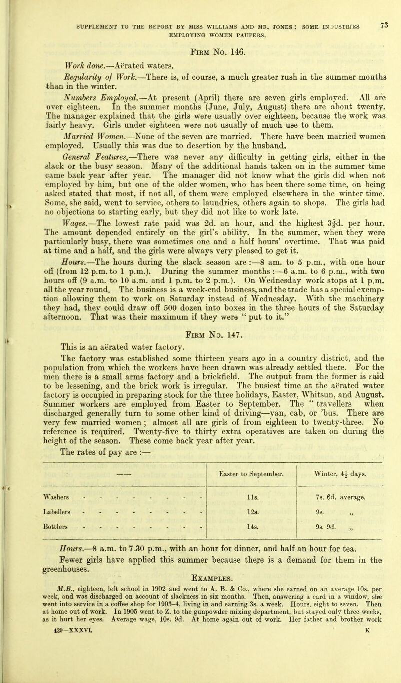 EMPLOYING WOMEN PAUPERS. Firm No. 146. Work done.—Aerated waters. Regularity of Work.—There is, of course, a much greater rush in the summer months than in the winter. Numbers Employed.—At present (April) there are seven girls employed. All are over eighteen. In the summer months (June, July, August) there are about twenty. The manager explained that the girls were usually over eighteen, because the work was fairly heavy. Girls under eighteen were not usually of much use to them. Married Women.—None of the seven are married. There have been married women •employed. Usually this was due to desertion by the husband. General Features,—There was never any difl&culty in getting girls, either in the slack or the busy season. Many of the additional hands taken on in the summer time came back year after year. The manager did not know what the girls did when not employed by him, but one of the older women, who has been there some time, on being asked stated that most, if not all, of them were employed elsewhere in the winter time. Some, she said, went to service, others to laundries, others again to shops. The girls had no objections to starting early, but they did not like to work late. Wages.—The lowest rate paid was 2d. an hour, and the highest 3fd. per hour. The amount depended entirely on the girl's ability. In the summer, when they were particularly busy, there was sometimes one and a half hours' overtime. That was paid at time and a half, and the girls were always very pleased to get it. Hours.—The hours during the slack season are :—8 am. to 5 p.m., with one hour off (from 12 p.m. to 1 p.m.). During the summer months :—6 a.m. to 6 p.m., with two hours off (9 a.m. to 10 a.m. and 1 p.m. to 2 p.m.). On Wednesday work stops at I p.m. all the year round. The business is a week-end business, and the trade has a special exemp- tion allowing them to work on Saturday instead of Wednesday. With the machinery they had, they could draw off 500 dozen into boxes in the three hours of the Saturday afternoon. That was their maximum if they were  put to it. FiEM No. 147. This is an aerated water factory. The factory was estabhshed some thirteen years ago in a country district, and the population from which the workers have been drawn was already settled there. For the men there is a small arms factory and a brickfield. The output from the former is £^aid to be lessening, and the brick work is irregular. The busiest time at the aerated water factory is occupied in preparing stock for the three hoUdays, Easter, Whitsun, and August. Summer workers are employed from Easter to September. The  travellers when discharged generally turn to some other kind of driving—van, cab, or 'bus. There are very few married women ; almost all are girls of from eighteen to twenty-three. No reference is required. Twenty-five to thirty extra operatives are taken on during the height of the season. These come back year after year. The rates of pay are :— Easter to September. Winter, 4^ days. Bottlers - - lis. 123. Us. 73. 6d. average. 9s. 9s. 9d. Hours.—8 a.m. to 7.30 p.m., with an hour for dinner, and half an hour for tea. Fewer girls have appHed this summer because there is a demand for them in the greenhouses. Examples. M.B., eighteen, left school in 1902 and went to A. B. & Co., where she earned on an average lOs. per week, and was discharged on account of slackness in six months. Then, answering a card in a window, she went into service in a cofiee shop for 1903-4, living in and earning 3s. a week. Hours, eight to seven. Then at home out of work. In 1905 went to Z. to the gunpowder mixing department, but stayed only three weeks, as it hurt her eyes. Average wage, 10s. 9d. At home again out of work. Her father and brother work