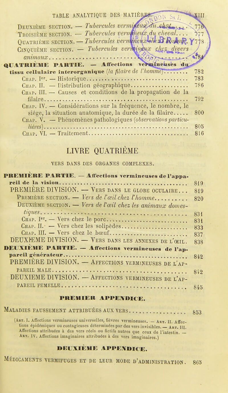 TABLE ANALYTIQUE DES MATlfilUS«r^;, s, T^^!**!!! Deuxieme section. — Tubercules vermiaji^ujtkpJU:.^^-^^^ TnoisifiME SECTION. — Tubercuks ^ernmeilx du cheval 7^7 ) QuATRiEME SECTION. — Tubercules verriMqiuMll.^'S^rJki^. Y778 , CiNQUiEME SECTION. — Tuberculcs verf^iniux cMz divers J k ammaux \^yO^'*-*^ij-5j<--r?- *'2r QUATRIEME PARTIE. — Affections Te^iiiii^teiigfeg ^^c^^f^ tissu cellulaire interorganique {la filaire de I'liorrme}...'.'77 782 Chap. I. — Historique 783 Chap. II. — nistribution g6ographique 786 Chap. III. — Causes et conditions de la propagation de la filaire 792 Chap. IV. — Considerations sur la frequence, le nombre, le siege, la situation anatomique, la duree de la filaire 800 Chap. V. — Phenomenes pathologiques (o6se?'vai20nsparteM- lieres) 805 Chap. VI. — Traitement 816 LIVRE QUATRIEME VERS DANS DES ORGANES COMPLEXES. PREMIERE PARTIE. — Affections vermineuses de l'appa< reil de la vision 819 PREMIERE DIVISION. — Vers dans le globe oculaire. .. 819 Premiere section. — Vers de I'oeilchez I'homme 820 DEUxiiiME SECTION. — Vcrs de I'oeil chez les animaux domes- tm^s • 831 Chap. I«^ — Vers chez le pore 831 Chap. II. — Vers chez les solipedes 833 Chap. III. — Vers chez le boeuf 837 DEUXffiME DIVISION. — Vers dans les annexes de l'^il.' 838 OEUXIEME PARTIE. — Affections Yermineuses de I'ap- pareil generateur g j2 PREMIERE DIVISION. — Affections vermineuses de l'ap- PAREIL MALE 3^2 DEUXIEME DIVISION. — Affections vermineuses de l'ap- PAREIL FEMELLE 345 PREMIER APPErVDICE. Maladies faussement attribui^es aux vers 853 (Abt. I. Affections vermineuses universelles, fievres vermineuses. Aut. II. Affec- tions ^pid^miques ou contagieuscs ddtermindes par dcs vers invisibles Anx. III. AfTections atlribuges a dcs vers r(5els ou ficlifs autrcs que ceun de I'intestin. — Aut. IV. Affections imaginaires attribu6cs a dcs vers imaginaires.) DEUXIEME APPEIVDICE. Medicaments vermifuges et de leur mode d'administration . 8C5