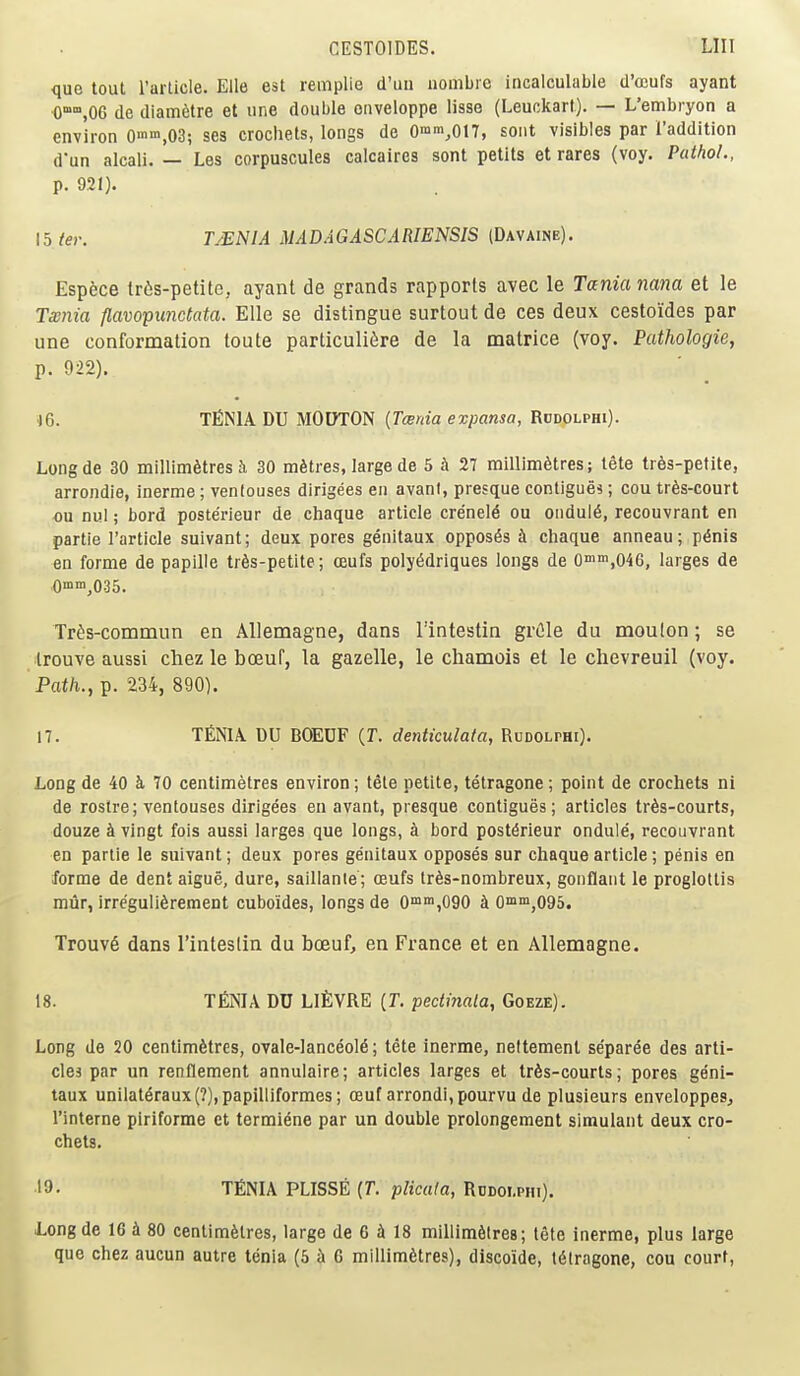 que tout I'article. Elle est remplie d'un uombie incalculable d'ocufs ayant 0°°,06 de diamfetre et une double ouveloppe lisse (Leuckart). — L'embryon a environ 0'»^,OZ; ses crochets, longs de On>m^oi7, sont visibles par raddition d'un alcali. — Les corpuscules calcaires sont petits et rares (voy. Pathol., p. 921). 15/er. T^NIA MADAGASCARIENSIS (Davaine). Esp^ce tr6s-petitc, ayant de grands rapports avec le Tania nana et le Twnia flavopunctata. Elle se distingue surtout de ces deux cestoides par une conformation toute particuli^re de la matrice (voy. Pathologie, p. 922). iQ. TfiNlA DU MODTON {Tcenia expansa, Rddolphi). Longde 30 millimetres i 30 metres, large de 5 5 27 millimetres; tete tr6s-petite, arrondie, inerme; venlouses dirigees en avani, presque contigues; ecu tr6s-court ou nul; bord poste'rieur de chaque article crenel^ ou ondul6, recouvrant en partie I'article suivant; deux pores genitaux opposes ^ chaque anneau; p^nis en forme de papille trSs-petite; oeufs poly6driques longs de 0in,O46, larges de O^m^OSS. Tr^!s-commun en AUemagne, dans I'intestin grCle du moulon; se Irouve aussi chez le boeuf, la gazelle, le chamois et le chevreuil (voy. Path., p. 234, 890). 17. TENIAl du BOEDF (r. dentkulata, Rudolphi). Longde 40 h. 70 centimetres environ; tete petite, tetragone; point de crochets ni de rostre; ventouses dirigees en avant, presque contigues; articles tr^s-courts, douze i vingt fois aussi larges que longs, k bord post^rieur ondule, recouvrant en partie le suivant; deux pores genitaux opposes sur chaque article; penis en forme de dent aigue, dure, saillanie; oeufs tr6s-nombreux, gonflaiit le proglottis mAr, irre'guli6reraent cuboides, longs de 0™nij090 k 0°,095. Trouv6 dans I'inteslin du bceuf, en France et en Allemagne. 18. TENIA DU LlEVRE [T. pectinala, Goeze). Long de 20 centimetres, ovale-Ianceol6; tete inerme, neltement se'paree des arti- cles par un renflement annulaire; articles larges et trSs-courts; pores geni- taux unilat6raux(?),papilliformes; ceuf arrondi,pourvu de plusieurs enveloppes, I'interne piriforme ct termiene par un double prolongement simulant deux cro- chets. 19. TfiNIA PLISSE {T. plicala, RnDOi.PHi). Longde 16 i 80 centimetres, large de 6 A 18 millimeires; tete inerme, plus large que chez aucun autre tenia (5 C millimetres), discoide, tetragone, cou court,