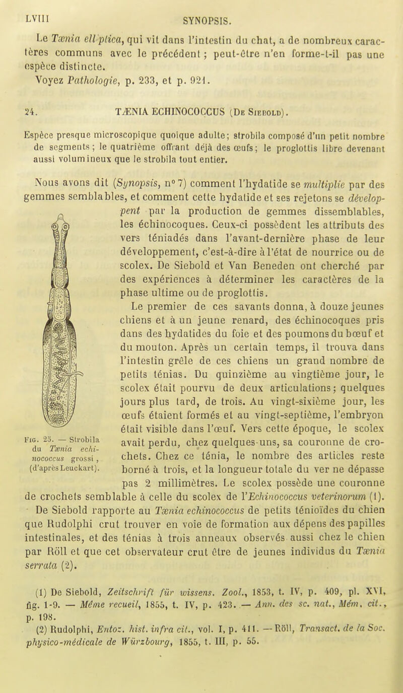 Le Txnia ell plica, qui vit dans rintestin du chat, a de nombreux carac- leres communs avec le pr6c6dent; peut-Clre n'en forme-l-il pas une osp6ce distincle. Voyez Pathologie, p. 233, et p. 921. 24. TiENIA ECHINOCOCCUS ^DeSierold). EspSce presque microscopique quoique adulte; sfrobila compost d'lm petit nombre de segments; le quatri^rne olTiant dej^i des ceufs; le proglottis litre devenant aussi volumineux que le strobila tout entier. Nous avons dit [Synopsis, n?) comment I'hydatide se muHiplie par des gemmes semblables, et comment cette hydalide et ses rejetons se divelop- pcnt par la production de gemmes dissemblables, les ^chinocoques. Ceux-ci possedent les attributs des vers t^niades dans I'avant-derni^re pbase de leur d^veloppement, c'est-i-dire kl'^tat de nourrice ou de scolex. De Siebold et Van Beneden ont cherch6 par des experiences a determiner les caracti^res de la phase ultime ou de proglottis. Le premier de ces savants donna, k douze jeunes chiens et a un jeune renard, des 6chinocoques pris dans des hydatides du foie et des poumons du boeuf et dumouton. Apr^s un certain temps, il trouva dans rintestin grfile de ces chiens un grand nombre de pelits tenias. Du quinzi^me au vingtit^me jour, le scolex elait pourvu de deux articulations; quelques jours plus tard, de trois. Au vingt-sixi^!me jour, les oeufs etaient formes et au vingt-septi6me, I'embryon 6tail visible dans I'ceuf. Vers cette ^poque, le scolex avail perdu, chez quelques uns, sa couronne de cro- chets. Chez ce t^nia, le nombre des articles reste borne a trois, et la longueur tolale du ver ne d6passe pas 2 millimetres. Le scolex poss^de une couronne de crochets semblable a celle du scolex de YEchinococcus veterinorum (I). De Siebold rapporte au Tsenia echinococcus de petits l6nioides du chien que Rudolphi crut trouver en voie de formation aux d6pens des papilles intestinales, et des tenias h. trois anneaux observes aussi chez le chien par Roll et que cet observateur crut Ctre de jeunes individus du Taenia serrata (2). Via. 23. — strobila du Tssnia echi- nococcus gross! , (d'apresLeuckart). (1) De Siebold, Zeitschvift fiir wissens. Zool., 1853, t. IV, p. 409, pi. XVI, fig. 1-9. — Me'tne recueil, 1855, t. IV, p. 423. — Ann. des sc. 7iat., Mem, cit., p. 198. (2) Rudolphi, Eiitoz. hist, infra cit., vol. I. p. 411. — R611, Transact, de /aSoc. physicQ-midicale de Wurzbourg, 1855, t. Ill, p. 55.