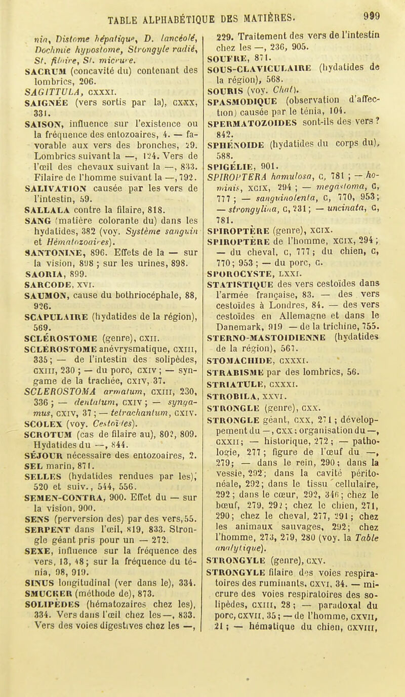 nin, Distome h^patiqWy D. lancioM, Dochmie hijpostome, Slrongyte radii. Si. fil'iire, St. micrw e. SACRUM (concavite du) contenant des lombrics, 206. SAGITTULA, cxxxi. SAiGrvEE (vers sortis par la), cxxx, 331. SAlSOiV, influence sur I'existence ou la frequence des enlozoaires, 4. — fa- vorable aux vers des bronclies, i9. Lombrics suivant la —, I.'4. Vers de I'ceil des chevaux suivant la —, 8:53. Filaire de I'homme suivant la —, 192. SALIVATIOIV causee par les vers de I'inlestin, .S9. SALLALA contre la filaire, 818. SANG fmaliere coiorante du) dans les hydatides, 382 (voy. Systeme saiiguin et Hemnlozoahes). SANTOM.NE, 896. EfTets de la — sur la vision, 8U8 ; sur les urines, 898. SAORIA, 899. SARCODE, XVI. SAUMON, cause du bothriocephale, 88, 926. SCAPUIiAiRE (hydatides de la region), 569. SCLEROSTOME (genre), cxii. SCLEROSTOME anevrysmatique, cxin, 33S; — de I'intestin des solipedes, cxiii, 230 ; — du pore, cxiv; — syn- ganae de la trachee, cxiv, 37. SCLEROSTOMA armalum, CXIII, 230, 336 ; — denlnlum, cxiV ; — synga- mus, cxiv, 37 ; — telranhantum, cxiv. SCOLEX (voy. Ce.'^toiies). SCROTUM (cas de filaire au), 802, 809. Hydatides du h44. SEJOUR necessaire des entozoaires, 2. SEL marin, 871. SELLES (hydatides rendues par les)j 520 et suiv., 544, 556. SEMEJS-COIVTRA, 900. EfTet du — sur la vision. 90(i. SENS (perversion des) par des vers,55. SERPENT dans I'oEil, sl9, 833. Slron- gle geant pris pour un — 272. SEXE, influence sur la frequence des vers, 13, 48; sur la frequence du te- nia, 08, 919. SINUS longitudinal (ver dans le), 334. SMUCKER (methode de), 873. SOLIPEDES (h6matozaircs chez les), 334. Vers dans I'oEil chez les—, 833. Vers des voies digestives chez les —, 229. Traitement des vers de I'intestin chez les —, 236, 905. SOUFUE, 871. SOUS-CLAVlCUr.AlRE (hydatides de la region), 568. SOURIS (voy. Cliiil). SPASMODIQUE (observation d'affec- tion) causee par le tenia, 104. SPERMATOZOiDES sont-ils des vers ? 842. SPllENOIDE (hydatides du corps du), 588. SPIGELIE, 901. SPIROl'TERA hnmulosa, c, 781 ; — ho- niinis, xcix, 2!»4 ; — mega-loma, C, 777 ; — sanguiiiolenia, G, 770, 953; — strongylina, c, 231; — uncinatn, C, 781. SPIROPTERE (genre), xcix. SI'IROPTERE de I'homme, xcix, 294; — du cheval, c, 777 ; du chien, c, 770; 953 ; — du pore, C. SI'OROCYSTE, LXXI. STATISTIQUE des vers cesto'ides dans I'armee frangaise, 83. — des vers cestoides a Londres, 84. — des vers cestoides en Allemagne et dans le Danemark, 919 — de la triciiine, 755. STERNO-MASTOIDIENNE (hydatides de la region), 567. STO.UACIIIDE, CXXXI. STRARlSME par des lombrics, 56. STRIATULE, CXXXI. STROBILA, XXVI. STRONGLE (genre), cxx. STRONGLE geant, cxx, 271; develop- pemeiit du —, cxx; organisation du—, cxxii; — historique, 272; — pathO' logie, 277 ; figure de I'ojuf du —, 279; — dans le rein, 290; dans la vessie, 202; dans la cavite perito- neale, 292; dans le tissu ' cellulaire, 292; dans le coeur, 292, 34ri; chez le boeuf, 279, 292; chez Ic chien, 271, 290; chez le cheval, 277, 291 ; chez les animaux sauvages, 292; chez I'homme, 273, 279, 280 (voy. la Table annlyl.ique), STRONGYLE (genre), cxv. STRONGYLE filaire dos voies respira- toires des ruminants, cxvi, 34. — mi- crure des voies respiraloires des so- lipedes, CXIII, 28; — paradoxal du pore, cxvii, 35; — de rhommo, cxvii, 21; — hematique du chien, cxvui,