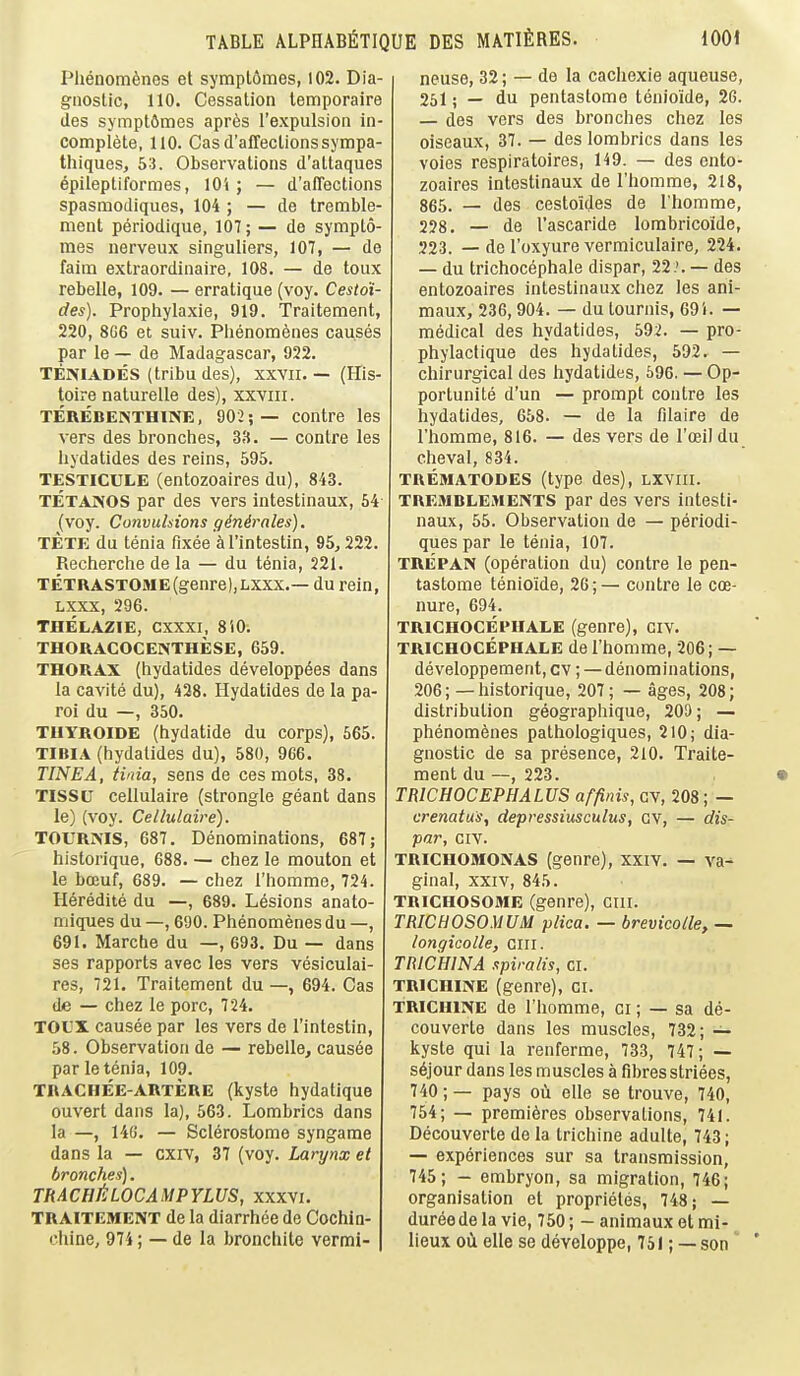 PlienomSnes et sympt6mes, 102. Dia- gnostic, 110. Cessation temporaire ties sympt6mes apres I'expulsion in- complete, 110. Cas d'affeclionssympa- thiques, 53. Observations d'attaques 6pileptiformes, lOi ; — d'alTections spasniodiques, 104 ; — de tremble- ment periodique, 107; — de sympto- mes nerveux singuliers, 107, — de faim extraordinaire, 108. — de toux rebelle, 109. — erratique (voy. Cesto'i- des). Prophylaxie, 919. Traitement, 220, 8G6 et suiv. Phenomenes causes par le — de Madagascar, 922. TENIADES (tribu des), xxvii. — (His- toire naturelle des), xxviii. TEREBENTHmE, 902;— contre les vers des bronches, 33. — contre les liydatides des reins, 595. TESTICULE (entozoaires du), 843. TETANOS par des vers intestinaux, 54 (voy. Convulsions ginirales). TETE du tenia fixee ^Tintestin, 95,222. Recherche de la — du tenia, 221. TETRASTOME(genre),LXXx.— du rein, Lxxx, 296. THELAZIE, CXXXI, SiO. THOUACOCENTHESE, 659. THORAX (hydatides deveIopp6es dans la cavite du), 438. Hydatides de la pa- rol du —, 350. TIIYROIDE (hydatide du corps), 565. TIBIA (hydatides du), 580, 966. TINEA, tinia, sens de ces mots, 38. TISSU cellulaire (strongle geant dans le) (voy. Cellulaire). TOURMS, 687. Denominations, 687; historique, 688. — chez le mouton et le bcEuf, 689. — chez I'homme, 724. Heredite du —, 689. Lesions anato- miques du —, 690. Phenomenes du —, 691. Marche du —, 693. Du — dans ses rapports avec les vers vesiculai- res, 721. Traitement du —, 694. Cas de — chez le pore, 724. TOUX causee par les vers de I'intestin, 58. Observation de — rebelle, causae par le tenia, 109. TRACHEE-ARTERE (kyste hydatique ouvert dans la), 563. Lombrics dans la —, 146. — Sclerostome syngame dans la — cxiv, 37 (voy. Larynx et bronches). TRACHtHLOCAMPYLVS, xxxvi. TRAITEMENT de la diarrhee de Cochin- chine, 974; — de la bronchite vermi- neuse, 32; — de la cacliexie aqueuse, 251; — du pentastome tenioide, 26. — des vers des bronches chez les oiseaux, 37. — des lombrics dans les voies respiratoires, 149. — des ento- zoaires intestinaux de riiomme, 218, 865. — des cestoides de I'homme, 258, — de I'ascaride lombricoide, 223. — de I'oxyure vermiculaire, 224. — du trichocephale dispar, 22 .'. — des entozoaires intestinaux chez les ani- maux, 236,904. — du tournis, 691. — medical des hydatides, 592. — pro- phylactique des hydatides, 592. — chirurgical des hydatides, 596. — Op- portunite d'un — prompt contre les hydatides, 658. — de la filaire de I'homme, 816. — des vers de I'oeil du cheval, 834. TREMATODES (type des), LXVIII. TREMBLEMENTS par des vers intesti- naux, 55. Observation de — periodi- ques par le tenia, 107. TREPAN (operation du) contre le pen- tastome tenioide, 26; — contre le coe- nure, 694. TRICHOCEPHALE (genre), civ. TRICHOCEPHALE de I'homme, 206; — developpement,cv; — denominations, 206; — historique, 207; — ages, 208; distribution geographique, 209; — phenomenes pathologiques, 210; dia- gnostic de sa presence, 210. Traite- ment du —, 223. • TRICHOCEPHALUS affinis, cv, 208; — urenatu's, depressiusculus, cv, — dis- par, CIV. TRICHOMONAS (genre), xxiv. — va- ginal, xxiv, 845. TRICHOSOME (genre), cm. TRICHOSOMUM plica. — brevicolle, — longicolle, cm. TRICHINA spiralis, ci. TRICHINE (genre), ci. TRICHINE de Thomme, ci; — sa de- couverte dans les muscles, 732; — kyste qui la renferme, 733, 747; — s6jour dans les muscles a fibres striees, 740 ; — pays oii elle se trouve, 740, 754; — premieres observations, 741. Decouverte de la trichine adulte, 743; — experiences sur sa transmission, 745; - embryon, sa migration, 746; organisation et proprieles, 748; — duree de la vie, 750; - animaux et mi- lieux oil elle se developpe, 751; — son ' '