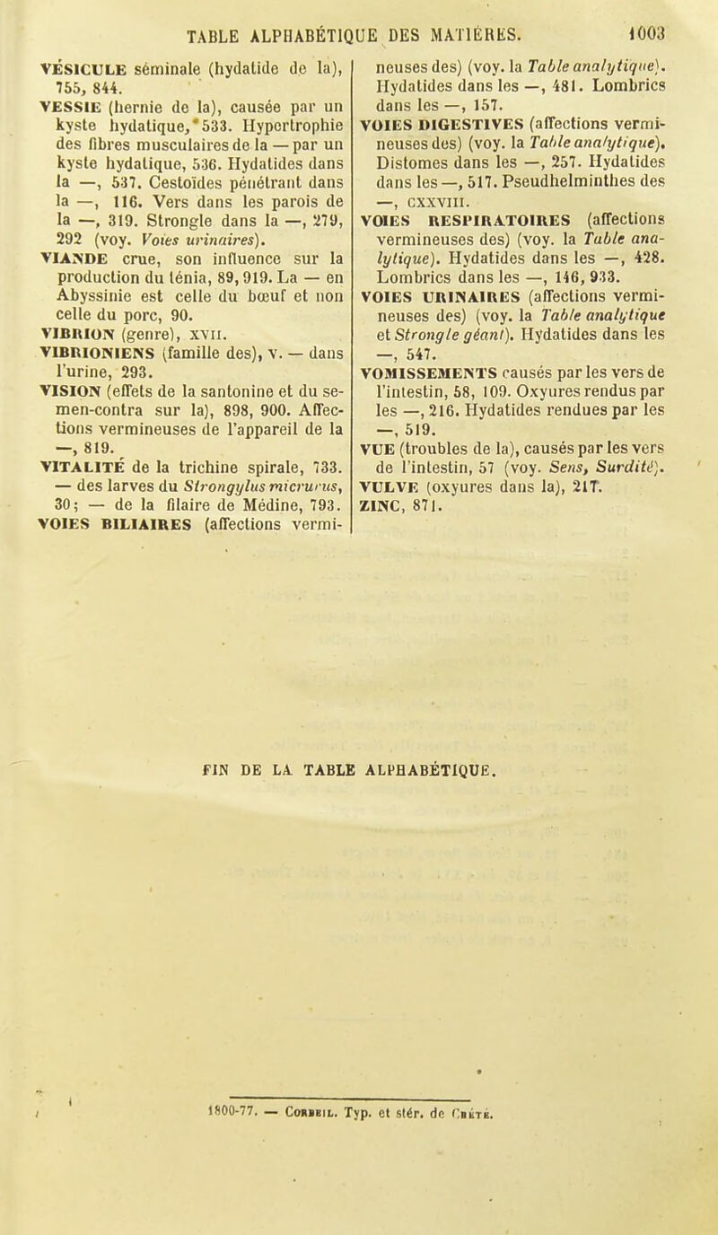 VESICULE s6minale (hydatido do la), 755, 844. VESSIE (hernie de la), causee par un kyste hydalique,*533. Ilypcrtrophie des fibres musculairesde la —par un kyste hydalique, 536. Hydalides dans ia —, 537. Cestoides penetrant dans la —, 116. Vers dans les parois de la —, 319. Strongle dans la —, 27l>, 292 (voy. Votes urinaires). VIANDE cnie, son influence sur la production du lenia, 89,919. La — en Abyssinie est celle du boeuf et non celle du pore, 90. VIBRION (genre), xvii. VIBHIONIENS (famille des), v. — dans I'urine, 293. VISION (elTets de la santonine et du se- men-contra sur la), 898, 900. Affec- tions vermineuses de I'appareil de la —, 819. VITALlTE de la trichine spirale, 733. — des larves du Strongylus micrurns, 30; — de la filaire de Medine, 793. VOIES BILIAIRES (affections vermi- neuses des) (voy. la Table analytique], Hydatides dans les —, 481. Lombrics dans les —, 157. VOIES DIGESTIVES (affections vermi- neuses des) (voy. la Tafile ana/ytique), DIstomes dans les —, 257. Hydalides dans les —, 517. Pseudhelminthes des —, CXXVIII. VOIES RESriRATOlRES (affections vermineuses des) (voy. la Table ana- lylique). Hydatides dans les —, 428. Lombrics dans les —, 146, 933. VOIES URIISAIRES (affections vermi- neuses des) (voy. la Table analytique et Strangle giant). Hydatides dans les —, 547. VOMISSEMEM'S causes paries vers de I'inlestin, 58, 109. Oxyures rendus par les —, 216. Hydatides rendues par les —, 519. VUE (troubles de la), causes par les vers de I'inlestin, 57 (voy. Sens, Surdity]. VULVE (oxyures dans la), 21T. ZINC, 871. FIN DE LA TABLE ALPHABETIQUE. 1800-77. — CoMBiL. Typ. el st«r. de Ctiri. I