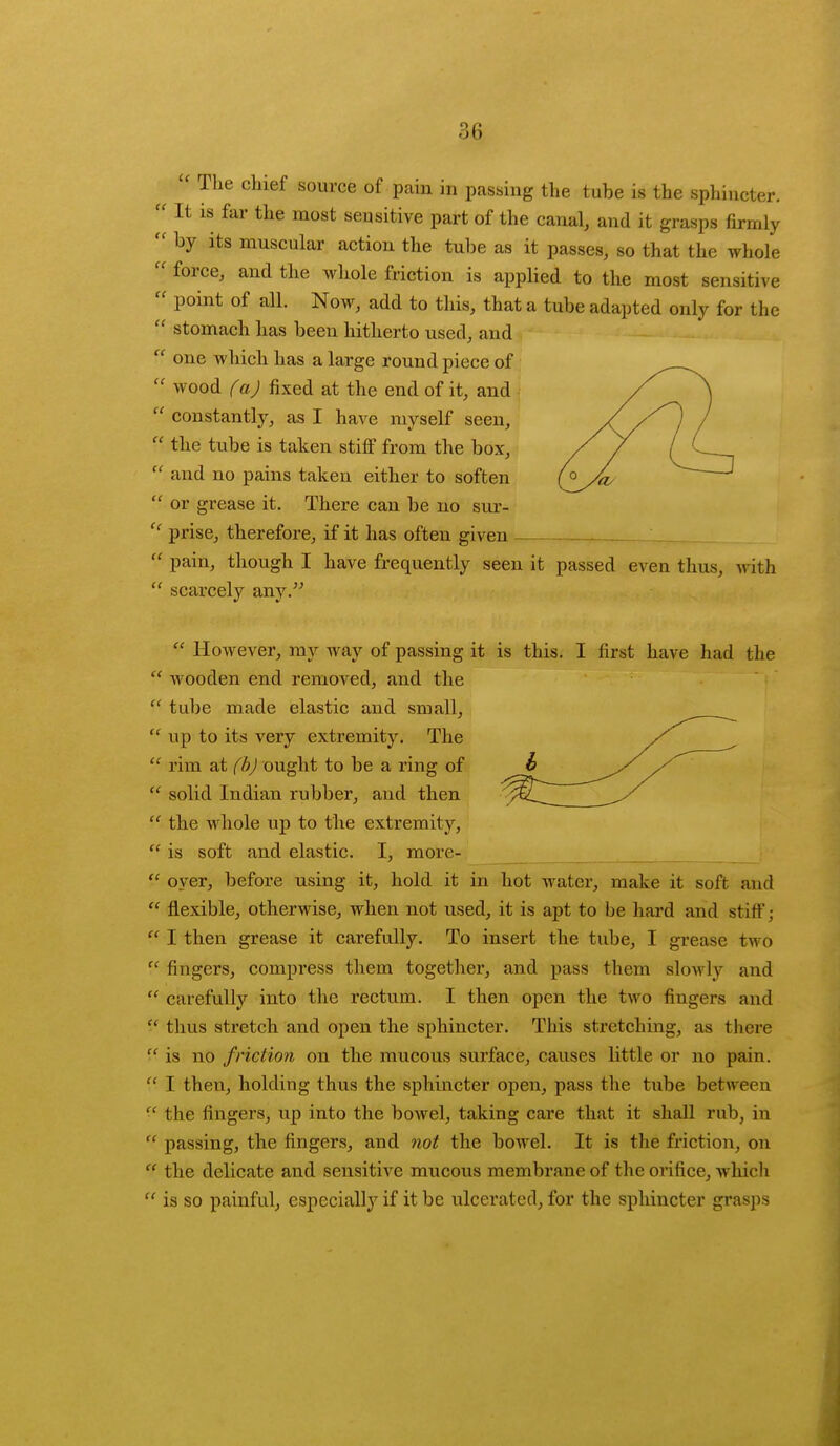 :;<; t( cc cc CC cc cc cc cc cc cc cc cc  The chief source of pain in passing the tube is the sphincter. It is far the most sensitive part of the canal, and it grasps firmly by its muscular action the tube as it passes, so that the whole force, and the whole friction is applied to the most sensitive point of all. Now, add to this, that a tube adapted only for the stomach has been hitherto used, and one which has a large round piece of wood (a) fixed at the end of it, and constantly, as I have myself seen, the tube is taken stiff from the box, and no pains taken either to soften or grease it. There can be no sur- prise, therefore, if it has often given pain, though I have frequently seen it passed even thus, with scarcely any.  However, ray w&y of passing it is this. I first have had the  wooden end removed, and the  tube made elastic and small,  up to its very extremity. The  rim at (b) ought to be a ring of  solid Indian rubber, and then  the whole up to the extremity,  is soft and elastic. I, more- s' oyer, before using it, hold it in hot water, make it soft and  flexible, otherwise, when not used, it is apt to be hard and stiff j  I then grease it carefully. To insert the tube, I grease two  fingers, compress them together, and pass them slowly and  carefully into the rectum. I then open the two fingers and  thus stretch and open the sphincter. This stretching, as there  is no friction on the mucous surface, causes little or no pain. '■' I then, holding thus the sphincter open, pass the tube between  the fingers, up into the bowel, taking care that it shall rub, in  passing, the fingers, and not the bowel. It is the friction, on  the delicate and sensitive mucous membrane of the orifice, which  is so painful, especially if it be ulcerated, for the sphincter grasps