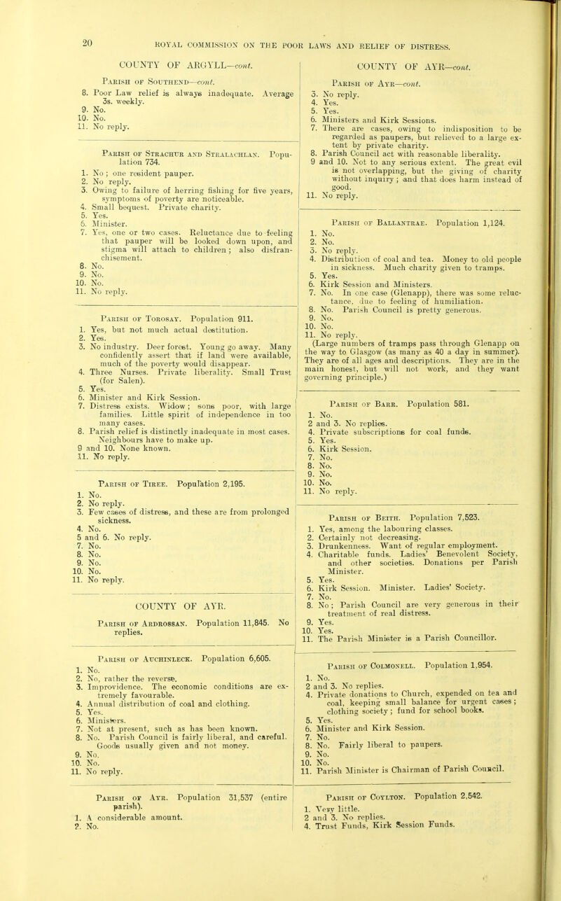 COUNTY OF ARGYLL—c'o«^. Parish of Southend—cont. 8. Poor Law relief is always inadequate. 3s. weekly. 9. No. 10. No. 11. No reply. Average 10. 11. Paeish of Strachtjr and Stealachlan. Popu- lation 734. No ; one reeident pauper. No reply. Owing to failure of herring fishing for five years, symptoms of poverty are noticeable. Small bequest. Private charity. Yes. Minister. Yes, one or two cases. Reluctance due to feeling that pauper will be looked down upon, and stigma will attach to children; also disfran- chisement. No. No. No. No reply. Parish of Torosat. Population 911. 1. Yes, but not much actual destitution. 2. Yes. 3. No industry. Deer forest. Young go away. Many confidently assert that if land were available, much of the poverty would disappear. 4. Three Nurses. Private liberality. Small Trust (for Salen). 5. Yes. 6. Minister and Kirk Session. 7. Distress exists. Widow; sorus poor, with large families. Little spirit of independence in too many cases. 8. Parish relief is distinctly inadequate in most cases. Neighbours have to make up. 9 and 10. None known. 11. JTo reply. Parish of Tiree. Popuration 2,195. 1. No. 2. No reply. 3. Few cases of distress, and these are from prolonged sickness. 4. No. 5 and 6. No reply. 7. No. 8. No. 9. No. 10. No. 11. No reply. COUNTY OF AYE. Parish of Ardbossan. Population 11,845. No replies. Parish of AtrcHiNLECK. Population 6,605. 1. No. 2. No, rather the revei'se. 3. Improvidence. The economic conditions are ex- tremely favourable. 4. Annual distribution of coal and clothing. 5. Yes. 6. Ministers. 7. Not at present, such as has been known. 8. No. Parish Council is fairly liberal, and careful. Goods usually given and not money. 9. No. 10. No. 11. No reply. Parish or Ayr. Population 31,537 (entire parish). 1. A considerable amount. 2. No. COUNTY OF AX^-cont. Paeish of Ayr—coh^. 3. No reply. 4. Yes. 5. Yes. 6. Ministers and Kirk Sessions. 7. There are cases, owing to indisiDosition to be regarded as paupers, but relieved to a large ex- tent by private charity. 8. Parish Council act with reasonable liberality. 9 and 10. Not to any serious extent. The great evil is not overlapping, but the giving of charity without inquiry ; .and that does harm instead of good. 11. No reply. Parish of Ballantrae. Population 1,124. 1. No. 2. No. 3. No reply. 4. Distribution of coal and tea. Money to old people in sickness. Much charity given to tramps. 5. Yes. 6. Kirk Session and Ministers. 7. No. In one case (Glenapp), there was some reluc- tance, due to feeling of humiliation. 8. No. Parish Council is pretty generoiis. 9. No. 10. No. 11. No reply. (Large numbers of tramps pass through Glenapp on the way to Glasgow (as many as 40 a day in summer). They are of all ages and descriptions. They are in the main honest, but will not work, and they want governing principle.) Parish of Bare. Population 581. 1. No. 2 and 3. No replies. 4. Private subscriptions for coal funds. 5. Yes. 6. Kirk Session. 7. No. 8. No. 9. No. 10. No. 11. No reply. 10. 11. Parish of Beith. Population 7,523. Yes, among the labouring classes. Certainly not deci-easing. Drunkenness. Want of regular employment. Charitable funds. Ladies' Benevolent Society, and other societies. Donations per Parish Minister. Yes. Kirk Session. Minister. Ladies' Society. No. No ; Parish Council are very generous in their treatment of real distress. Yes. Yes. The Parifth Minister is a Parish Councillor. Parish or Colmonell. Population 1,954. 1. No. 2 and 3. No replies. 4. Private donations to Church, expended on tea and coal, keeping small balance for urgent cases ; clothing society; fund for school books. 5. Yes. 6. Minister and Kirk Session. 7. No. 8. No. Fairly liberal to paupers. 9. No. 10. No. . , ^ 11 Parish Minister is Chairman of Parish CouHcil. Parish of Cotlton. Population 2,542. 1. Yevy little. 2 and 3. No replies. 4. Trust Funds, Kirk Session Funds.