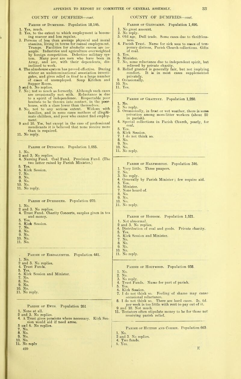 COUNTY OF DUMFRIES-co«i. Paeish of Dumfeies. Population 18,146. 1. Yes, much. 2. Yes, to the extent to which employment is becom- ing scarcer and less regular. 3. Persons of less than average physical and moral stamina., living in towns for casual employment. Tramps. Facilities for alcoiholic excess are too ample. Industries and agriculture overweighted by foreign competition. Defective military sys- tem. Many poor are men who have been in Army, and are, with their dependents, dis- inclined to work. 4. The almshouse system has proved effective. During winter an undenominational association investi- gates, and gives relief in kind to a large number of caees of unemployed. Soup Kitchen and Supper Room. 5 and 6. No replies. 7. No ; not so much as formerly. Although such cases are occasionally met with. Reluctance ie due to a spirit of independence. Respectable poor hesitate to be thrown into contact, in the poor- house, with a class lower than themselves. 8. No, not to 'any serious extent. Widows with families, and in some cases mothers of illegiti- mate children, and poor who cannot find employ- ment. 9 and 10. Yes, but except in the case of professional mendicants it is believed that none receive more than is required. 11. No reply. Paeish of Dtjnscoee. Population 1,055. 1. No. 2 and 3. No replies. 4. Nursing Fund. Coal Fund. Provision Fund. (The two latter raised by Parish MiniBter.) 5. Yes. 6. Kirk Session. 7. No. 8. No. 9. No. 10. No. 11. No reply. Paeish of Dueisdeee. Population 970. 1. No. 2 and 3. No replies. 4. Trust Fund. Charity Concerts, surplus given in tea and money. 5. Yes. 6. Kirk Session. 7. No. 8. No. 9. No. 10. No. 11. No. Paeish of Eskdalemttie. Population 441. 1. No. 2 and 3. No replies. 4. Trust Funds. 5. Yes. 6. Kirk Session and Minister. 7. No. 8. No. 9. No. 10. No. 11. No reply. Paeish of Ewes. Population 261 1. None at all. 2 and 3. No replies. 4. A Trust gives pensions where necessary. Kirk Ses- sion would aid if need arose. 5 aH.d 6. No replies. 7. No. 8. No. 9. No. 10. No. 11. No replv 429 COUNTY OF DUMFRIES-co«<. Paeish of Glencaien. Population 1,490. 1. No great amount. 2. No reply. 3. Old age. Dull trade. Some cases due to thriftless- ness. 4. Parish Trust. Nurse for sick sees to oaees of tem- porary distress. Parish Church collections. Gifts- of coal. 5. Yes.^ 6. Minister. 7. No, some reluctance due to independent spirit, but relieved by private charity. 8. Relief granted is generally fair, but not implying comfort. It is in most cases supplemented privately. 9. Occasionally. 10. No. 11. Yes. Paeish of Geaitnet. Population 1,250. 1. No. 2. No reply. 3. Occasionally, in frost or wet weather, there is some- privation among moss-litter workers (about 50 in parisli). 4. Special collections in Parish Church, yearly, for coal. 5. Yes. 6. Kirk Session. 7. I do not think so. 8. No. 9. No. 10. No. 11. No reply. Paeish of Halfmoeton. Population 346. 1. Very little. Three paupers. 2. No. 3. No reply. 4. Generally by Parish Minister; few require aid. 5. Yes. 6. Minister. 7. None heard of. 8. No. 9. No. 10. No. 11. No reply. Paeish of Hoddom. Population 1,521. 1. Not abnormal. 2 and 3. No replies. 4. Disti'ibution of coal and goods. Private charity.. 5. Yes. 6. Kirk Session and Minister. 7. No. 8. No. 9. No. 10. No. 11. No reply. Paeish of Holtwood. Population 938. 1. No. 2. No. 3. No reply. 4. Trust Funds. Nurse for part of parish. 5. Yes. 6. Kirk SesBion. 7. I do not think so. Feeling of shame may cause- occasional reluctance. 8. I do not think so. There are bard cases. 2s. 6d. per week is too little with rent to pay out of it. 9 and 10. Not much. 11. Testators often stipulate money to be for those not- receiving parish relief. Paeish of Hutton and Coeeie. Population 66.3 1. No. 2 and 3. No replies. 4. Two funds. 5. Yes. E