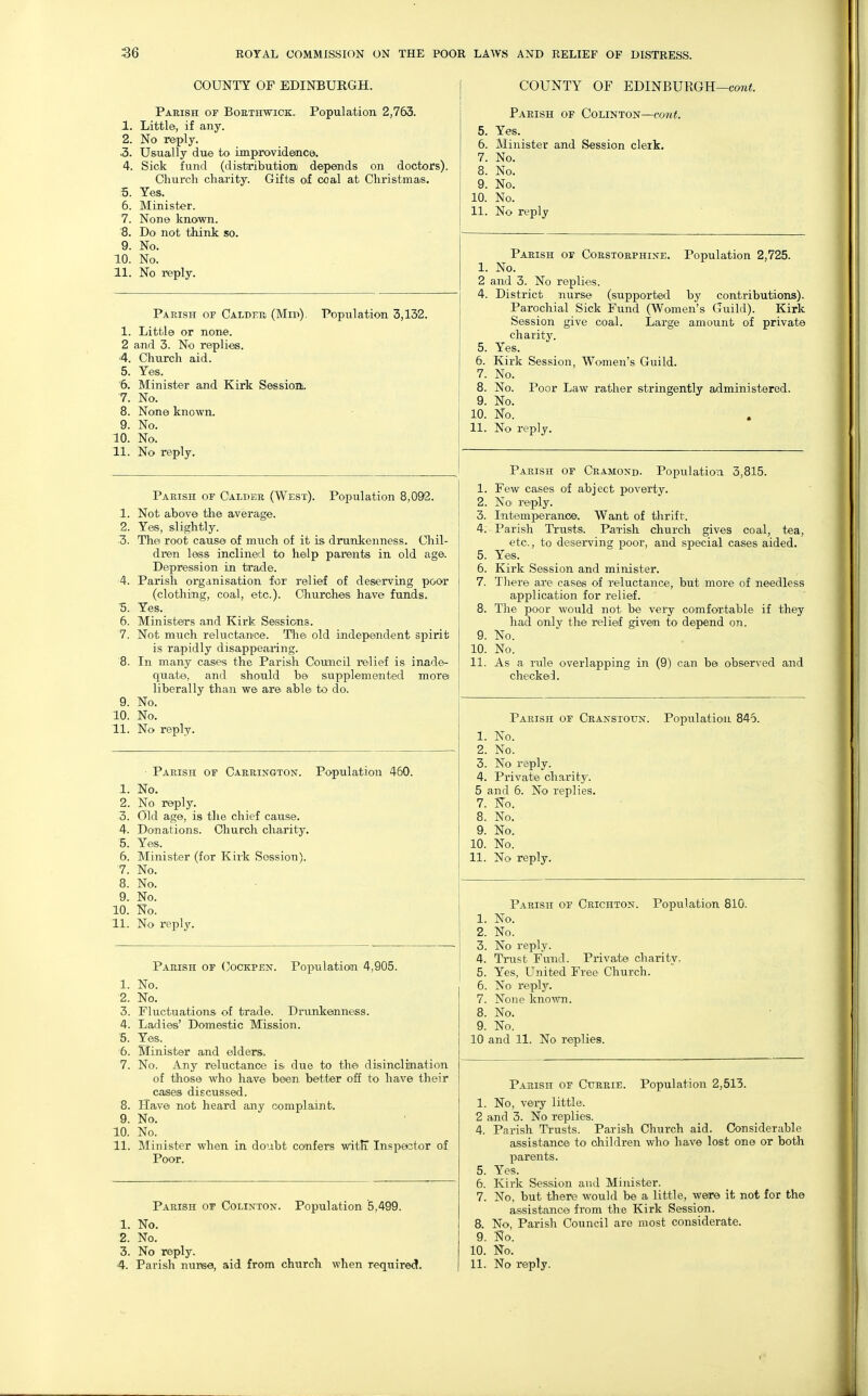 COUNTY OF EDINBURGH. Parish of Bobthwick, Population 2,763. 1. Little, if any. 2. No reply. ^. Usually due to improvidemce. 4. Sick fund (distribution depeaids on doctors). Church charity. Gifts of coal at Christmas. 5. Yes. 6. Minister. 7. None known. 8. Do' not think so. 9. No. 10. No. 11. No reply. Pamsh of Caldee (Mm). Population 3,132. 1. Little or none. 2 and 3. No replies. 4. Church aid. 5. Yes. 6. Minister and Kirk Session. 7. No. 8. Nome known. 9. No. 10. No. 11. No reply. Parish of Carrington. Population 460. 1. No. 2. No reply. 3. Old age, is the chief cause. 4. Donations. Church charity. 5. Yes. 6. Minister (for Kirk Session). 7. No. 8. No. 9. No. 10. No. 11. No I'eply. Parish of (]ockpen. Population 4,905. 1. No. 2. No. 3. Fluctuations of trade. Drankemness. 4. Ladies' Domestic Mission. 5. Yes. 6. Minister and elders. 7. No. Any reluctance is due to the disinclination of those who have been better off to have their cases discussed. 8. Have not heard any complaint. 9. No. 10. No. 11. Minister when in doubt confers witli Inspector of Poor. Parish of Colinton. Population '5,499. 1. No. 2. No. 3. No reply. 4. Parish nurse, aid from churcli when require<J. COUNTY OF EDINBUEGH—cow«. Parish of Colinton—cont. 5. Yes. 6. Minister and Session clerk. 7. No. 8. No. 9. No. 10. No. 11. No reply Parish or Corstorphixe. Population 2,725. 1. No. 2 and 3. No replies. 4. District nurse (supported by contributions). Parochial Sick Fund (Women's Guild). Kirk Session give coal. Large amount of private charity. 5. Yes. 6. Kirk Session, Women's Guild. 7. No. 8. No. Poor Law rather stringently administered. 9. No. 10. No. 11. No reply. Parish of Cramond. Population 3,815. Few cases of abject poverty. Noi reply. Intemperance. Want of tlirift. Parish Trusts. Parish church gives coal, tea, etc., to deserving poor, and special cases aided. Yes. Kirk Session and minister. Tliere are cases of reluctance, but more of needless application for relief. The poor would not be very comfortable if they had only the relief givem to depend on. No. No. As a rule overlapping in (9) can be observed and checked. Parish of Cranstoun. Population 845. ^. No. 2. No. 3. No reply. 4. Private charity. 5 and 6. No replies, 7. ITo. 8. No. 9. No. 10. No. 11. No reply. Parish of Crichton. Poptilation 810. 1. No. 2. No. 3. No reply. 4. Trust Fund. Private charity, 5. Yes, United Free Church. 6. No reply. 7. None known. 8. No. 9. No. 10 and 11. No replies. Parish of Currie. Population 2,513. 1. No, very little. 2 and 3. No replies. 4. Pai-ish Trusts. Parish Church aid. Considerable assistance to children who have lost one or both parents. 5. Yes. 6. Kirk Session and Minister. 7. No, but there would be a little, were it not for the assistance from the Kirk Session. 8. No, Parish Council are most considerate. 9. No. 10. No. 11. No reply. Parish of Calder (West). Population 8,092. 1. Not above tlie average. 3. 2. Yes, slightly. 4. 3. The root cause of much of it is drunkenness. Chil- dren less inclined to help parents in old age. j 5. Depression in trade. I 6. 4. Parish organisation for relief of deserving poor 7. (clothing, coal, etc.). Churches have funds. T>. Yes._ 6. Ministers and Kirk Sessions. 7. Not much reluctance. Tlie old independent spirit 9. is rapidly disappearing. 10. 8. In many cases the Parish Council relief is inade- 11. quate, and should be supplemented morei liberally than we are able to do. 9. No. 10. No.