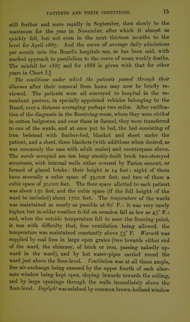 still further and more rapidly in September, then slowly to the maximum for the year in November, after which it almost as quickly fell, but not even in the next thirteen months to the level for April 1887. And the curve of average daily admissions per month into the Boai'd's hospitals ran, as has been said, with marked approach to parallelism to the curve of mean weekly deaths. The rainfall for 1887 and for 1888 is given with that for other years in Chart I.] The conditions under which the patients passed through their illnesses after their removal from home may now be briefly re- viewed. The patients were all conveyed to hospital in the re- cumbent posture, in specially appointed vehicles belonging to the Board, over a distance averaging perhaps two miles. After verifica- tion of the diagnosis in the Receiving-room, where they were clothed in cotton bedgowns, and over these in flannel, they were transferred to one of the wards, and at once put to bed, the bed consisting of iron bedstead with feather-bed, blanket and sheet under the patient, and a sheet, three blankets (with additions when desired, as was commonly the case with adult males) and counterpane above. The wards occupied are ten long stoutly-built brick two-storeyed structures, with internal walls either covered by Parian cement, or formed of glazed bricks: their height is 14 feet; eight of them have severally a cubic space of 39,000 feet, and two of them a cubic space of 30,000 feet. The floor space allotted to each patient was about 130 feet, and the cubic space (if the full height of the ward be included) about 1700 feet. The temperature of the wards was maintained as nearly as possible at 60° F.: it was very rarely higher, but in colder weather it did on occasion fall as low as 45° F.: and, when the outside temperature fell to near the freezing point, it was with diflSculty that, free ventilation being allowed, the temperature was maintained constantly above 55° F. Warmth was supplied by coal fires in large open grates (two towards either end of the ward, the chimney, of brick or iron, passing nakedly up- ward in the ward), and by hot water-pipes carried round the ward just above the floor-level. Ventilation was at all times ample, free air-exchange being ensured by the upper fourth of each alter- nate window being kept open, sloping inwards towards the ceiling, and by large openings through the walls immediately above the floor-level. Daylight was subdued by common brown-holland window