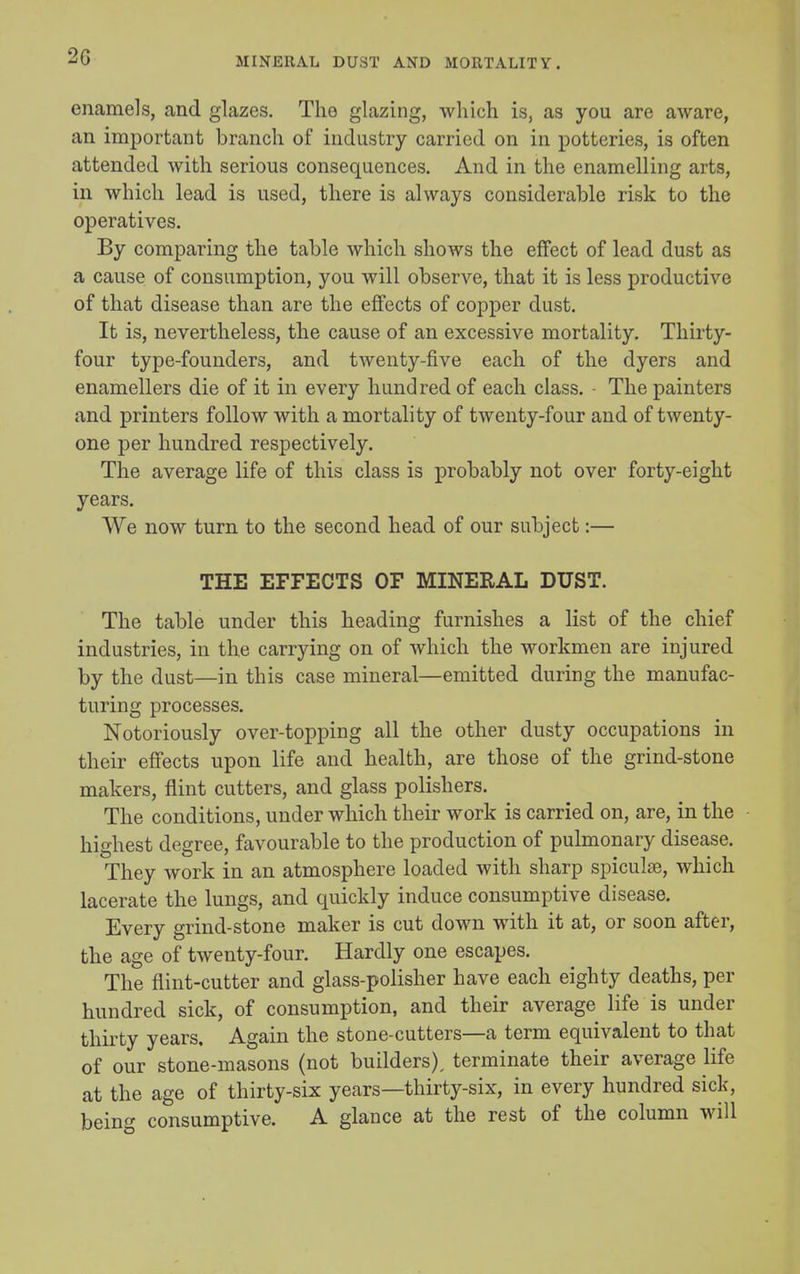 MINERAL DUST AND MORTALITY. enamels, and glazes. The glazing, which is, as you are aware, an important branch of industry carried on in potteries, is often attended with serious consequences. And in the enamelling arts, in which lead is used, there is always considerable risk to the operatives. By comparing the table which shows the effect of lead dust as a cause of consumption, you will observe, that it is less productive of that disease than are the effects of copper dust. It is, nevertheless, the cause of an excessive mortality. Thirty- four type-founders, and twenty-five each of the dyers and enamellers die of it in every hundred of each class. • The painters and printers follow with a mortality of twenty-four and of twenty- one per hundred respectively. The average life of this class is probably not over forty-eight years. We now turn to the second head of our subject:— THE EFFECTS OF MINERAL DUST. The table under this heading furnishes a list of the chief industries, in the carrying on of which the workmen are injured by the dust—in this case mineral—emitted during the manufac- turing processes. Notoriously over-topping all the other dusty occupations in their effects upon life and health, are those of the grind-stone makers, flint cutters, and glass polishers. The conditions, under which their work is carried on, are, in the highest degree, favourable to the production of pulmonary disease. They work in an atmosphere loaded with sharp spiculse, which lacerate the lungs, and quickly induce consumptive disease. Every grind-stone maker is cut down with it at, or soon after, the age of twenty-four. Hardly one escapes. The flint-cutter and glass-polisher have each eighty deaths, per hundred sick, of consumption, and their average life is under thirty years. Again the stone-cutters—a term equivalent to that of our stone-masons (not builders)^ terminate their average life at the age of thirty-six years—thirty-six, in every hundred sick, being consumptive. A glance at the rest of the column will